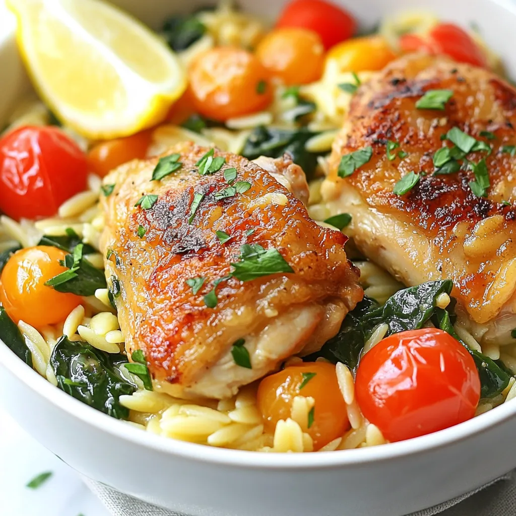 - 1 lb boneless, skinless chicken thighs, diced - 1 cup orzo pasta - 4 cups chicken broth - Zest and juice of 2 lemons - 1 teaspoon dried oregano - 1 teaspoon dried thyme - Salt and pepper to taste - 4 cloves garlic, minced - 1 small onion, diced - 1 cup cherry tomatoes, halved - ½ cup fresh spinach (or kale), roughly chopped - Fresh parsley for garnish Gather these ingredients to create a simple yet flavorful dish. The chicken thighs give a rich taste, while orzo adds a comforting texture. The lemon zest and juice provide a bright flavor that lifts the whole meal. Using fresh garlic and onion gives your dish depth and aroma. Cherry tomatoes add sweetness and color, while spinach provides a nutritious boost. Don't forget the parsley! It adds a fresh finish to your meal. When you have all your ingredients ready, cooking becomes easy and fun. Each element plays an important role in the final dish. Enjoy the process and get excited for the delicious result! {{ingredient_image_1}} - Heat 1 tablespoon of olive oil in a large pot. - Add 1 pound of diced chicken thighs. - Season the chicken with salt and pepper. - Cook for 5-7 minutes until the chicken is brown and cooked through. - Remove the chicken and set it aside. - In the same pot, add 4 cloves of minced garlic and 1 small diced onion. - Cook for 2-3 minutes until the onion is soft and fragrant. - Stir in 1 cup of orzo pasta to toast it for 1-2 minutes. - Pour in 4 cups of chicken broth, zest and juice from 2 lemons, and 1 teaspoon of dried oregano and thyme. - Mix well and bring to a gentle boil. - Lower the heat and cover the pot. - Simmer for 10-12 minutes until the orzo is al dente. - Stir often to keep it from sticking. - Add 1 cup of halved cherry tomatoes and ½ cup of chopped spinach. - Mix with the cooked chicken and cook for about 2 minutes. - Taste and add more salt and pepper if needed. - Ensure chicken is fully cooked before removing. This keeps it safe to eat. - Adjust simmer time based on orzo brand. Different brands may cook at different speeds. - Add red pepper flakes for heat. This gives a nice kick to the dish. - Incorporate fresh herbs like basil or dill. They add bright flavors and freshness. - Serve with a side salad for balance. This adds crunch and freshness to your meal. - Use lemon wedges for added zest. They enhance the dish's bright lemon flavor. Pro Tips Use Fresh Herbs: Fresh herbs like parsley and thyme elevate the flavor of your dish. Add them just before serving to maintain their vibrant taste. Perfectly Cook Orzo: Stir the orzo occasionally while it simmers to prevent sticking and ensure even cooking. Taste it a minute before the timer goes off to check for doneness. Customize Your Veggies: Feel free to add other vegetables such as bell peppers or zucchini. Just make sure they are chopped into small pieces to cook evenly. Leftover Storage: Store any leftovers in an airtight container in the fridge. Reheat gently with a splash of broth to restore the creaminess. {{image_2}} You can switch the chicken for shrimp or tofu. Shrimp cooks fast and adds a nice taste. Tofu gives a great texture for a plant-based option. You can also try pork or beef for a different flavor. Each protein brings its own twist to the dish. If you want to change things up, use rice or quinoa instead of orzo. These options can make the dish gluten-free. Whole wheat orzo is another great choice for a healthier pasta. Each swap gives a unique taste and texture. Feel free to add seasonal vegetables to the mix. Peas or bell peppers add color and nutrients. You can also try zucchini or carrots for extra crunch. Mixing in different veggies keeps the dish fresh and exciting. You can store leftovers in airtight containers. This helps keep the dish fresh. Keep it in the fridge for up to 3 days. After that, the flavors may fade. If you want a longer storage life, freeze the dish. Make sure it cools before you freeze it. Place it in freezer-safe bags or containers. When you're ready to eat, reheat thoroughly before serving. This keeps it safe and tasty. You can use the stovetop or microwave to reheat. For stovetop reheating, add a splash of broth to help rehydrate the orzo. This keeps it from becoming dry. In the microwave, cover the dish to trap steam. This will warm it evenly and keep it moist. Yes, you can prepare this dish ahead of time. If you want to save it for later, refrigerate it in an airtight container. You can also freeze it. Just make sure to let it cool completely before freezing to keep the best texture. Yes, you can use other small pasta options. Pasta like ditalini, small shells, or even farfalle works well in this recipe. Just adjust the cooking time as needed. Each type may cook differently, so check it often. You can easily make this dish healthier. Use less oil to cut fat. Add more vegetables, like zucchini or bell peppers, for extra nutrients. You can also choose leaner cuts of meat, such as chicken breast. This keeps the flavors while making it lighter. This recipe for One Pot Lemon Garlic Orzo with Chicken is simple and full of flavor. You need just chicken, orzo, broth, and tasty spices to create a delicious meal. You can easily change ingredients too, like using shrimp or adding more veggies. Store leftovers in the fridge or freeze for later. Cooking should be fun, and this dish makes it easy to impress your family or friends. Enjoy your cooking journey and feel proud of your meal!