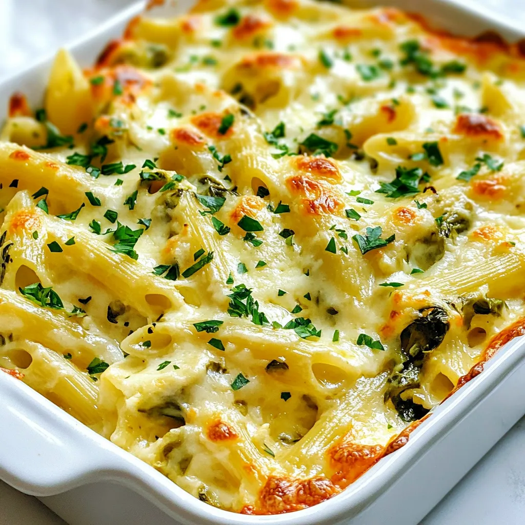 To make this dish, you need a few key items: - 12 oz (340g) penne pasta - 1 cup frozen spinach, thawed and drained - 1 cup canned artichoke hearts, chopped - 1 cup cream cheese, softened - 1 cup sour cream - 1 cup shredded mozzarella cheese - 1/2 cup grated Parmesan cheese - 2 cloves garlic, minced - 1 teaspoon onion powder - 1 teaspoon garlic powder - Salt and pepper to taste - 1/2 teaspoon red pepper flakes (optional) - Fresh parsley, chopped (for garnish) These ingredients create a creamy and flavorful base. The blend of cheeses gives the dish a rich taste. You can boost the flavor with a few extras: - Cooked chicken or sausage - Fresh spinach for added color - Sun-dried tomatoes for a tangy twist - A splash of lemon juice for brightness These add-ins make the dish even more exciting. Feel free to mix and match based on your taste. If you need to swap some items, here are some ideas: - Use gluten-free pasta for a gluten-free option. - Replace cream cheese with ricotta for a lighter version. - Swap sour cream for Greek yogurt for a tangy kick. - Use fresh artichokes if you prefer fresh over canned. These substitutions keep the dish tasty while meeting your dietary needs. {{ingredient_image_1}} First, you need to cook the penne pasta. Boil water in a large pot. Add salt to the water for flavor. Cook the pasta for about 8 to 10 minutes, or until it is al dente. Drain the pasta and set it aside. While the pasta cooks, thaw the frozen spinach. Squeeze out any extra water. Chop the artichoke hearts into small pieces. You want them to blend well with the pasta. In a large mixing bowl, add the softened cream cheese and sour cream. Mix them together until smooth. Then, add half of the mozzarella cheese and the grated Parmesan cheese. Next, mix in the minced garlic, onion powder, garlic powder, salt, and pepper. If you want a kick, add red pepper flakes. Stir until everything is well combined. Finally, gently fold in the cooked pasta, spinach, and artichokes. Make sure every piece of pasta is coated in the creamy mixture. Now, it’s time to assemble your dish. Grease a 9x13 inch baking dish with cooking spray. Pour the creamy pasta mixture into the dish. Spread it out evenly. Top the mixture with the remaining mozzarella cheese. Preheat your oven to 350°F (175°C). Bake the dish for 25 to 30 minutes. You want the cheese to be bubbly and golden. Once done, let it cool for a few minutes. Garnish with fresh parsley before serving. Enjoy your savory spinach artichoke pasta bake! To get the best texture in your pasta bake, use penne pasta. It holds sauce well and gives a nice bite. Cook it until al dente. This keeps it firm during baking. Mixing in the creamy sauce should coat every piece. The cheese on top will melt and create a lovely crust. To prevent sogginess, drain your spinach well before adding it. Excess water can make the dish watery. Also, don’t overcook the pasta. It should be firm enough to hold its shape. When you mix everything, be gentle. This keeps the pasta from breaking apart. A large mixing bowl is key for combining the creamy filling. A 9x13 inch baking dish works great for even cooking. Use a pot for boiling your pasta and a colander for draining it. A spatula helps fold the mixture without mashing it. Lastly, a sharp knife is helpful for chopping artichokes and garlic. Pro Tips Use Fresh Spinach: If you have fresh spinach available, use it instead of frozen for a brighter flavor and texture. Just sauté it briefly before adding to the mix. Cheese Variations: Feel free to experiment with different cheeses like gouda or cheddar for a unique flavor profile. Mixing cheeses can elevate the creaminess. Make Ahead: This dish can be assembled a day in advance. Just cover it tightly and store it in the refrigerator until you're ready to bake. Garnish Wisely: For an extra touch, sprinkle some additional Parmesan cheese or breadcrumbs on top before baking for a delightful crunch. {{image_2}} You can make this dish even more veggie-friendly. Adding more vegetables boosts nutrition and taste. Try bell peppers or zucchini. You can also add mushrooms for a nice earthy flavor. For a fresh touch, toss in some cherry tomatoes. They add a pop of color and sweetness. If you need a gluten-free version, swap penne pasta for gluten-free pasta. Many brands offer great options. For a dairy-free bake, use vegan cream cheese and dairy-free sour cream. You can also use nutritional yeast instead of Parmesan. This keeps the cheesy flavor without dairy. Want to kick up the flavor? Add more garlic or some shallots to the mix. Smoked paprika can add a nice depth. If you want heat, sprinkle in cayenne pepper or add jalapeños. For a fun twist, swap artichokes for sun-dried tomatoes. They bring a tangy taste that’s hard to resist. To keep your spinach artichoke pasta bake fresh, cool it first. Once cooled, place it in an airtight container. Make sure to store it in the fridge. It can last for about three to four days. If you want to store it longer, freezing is a great option. When you are ready to eat the leftovers, preheat your oven to 350°F (175°C). Place the pasta bake in an oven-safe dish. Cover it with foil to keep it moist. Heat for about 20 minutes or until it's warm. You can also use the microwave. Just heat it in short bursts, stirring in between. To freeze your pasta bake, let it cool completely. Then, wrap it tightly in plastic wrap. You can also use a freezer-safe container. Label it with the date. It will stay good for about two to three months. When you are ready to eat, thaw it in the fridge overnight before reheating. This makes meal prep easy and tasty! Yes, you can make this dish ahead. Prepare it up to the baking step, then cover it. Store it in the fridge for one day. When you are ready to bake, just add 5-10 minutes to the bake time. This way, you can enjoy a hot meal without much fuss. To add heat, mix in red pepper flakes. Start with a half teaspoon. You can also add diced jalapeños or a splash of hot sauce. Taste as you go to find the right level of spice for you. Just remember, you can always add more, but it's hard to take it out! This pasta bake is rich and creamy. Pair it with a light salad for balance. A simple green salad with lemon dressing works well. You might also serve it with garlic bread for a tasty side. Both options enhance the meal and add freshness to each bite. Making a Spinach Artichoke Pasta Bake is simple and rewarding. You learned about key ingredients, step-by-step prep, and tips for perfecting your dish. I shared ways to customize the bake with variations and storage tips for leftovers. This dish suits many diets, making it a great choice for everyone. Now, you can confidently create a creamy, flavorful pasta bake. Enjoy every bite and share it with friends!