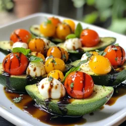 - 2 ripe avocados - 1 cup cherry tomatoes, halved - 1 cup fresh mozzarella balls (bocconcini) - 1/4 cup fresh basil leaves, chopped - 2 tablespoons balsamic glaze - 1 tablespoon olive oil - Salt and pepper to taste To make Caprese stuffed avocados, you need simple yet fresh ingredients. Start with two ripe avocados. They should feel soft but not mushy. The creaminess of the avocado pairs well with the other flavors. Next, grab a cup of halved cherry tomatoes. Their sweet taste adds brightness to the dish. You will also need a cup of fresh mozzarella balls, known as bocconcini. These little cheese balls add a lovely texture and mild flavor. Chop a quarter cup of fresh basil leaves. Basil brings a fragrant aroma and a burst of freshness. For a touch of tang, you will drizzle balsamic glaze. This glaze adds sweetness and depth. One tablespoon of olive oil will help bring all the flavors together. Lastly, season with salt and pepper to taste for that perfect finish. With these ingredients, you are ready to create your flavorful Caprese stuffed avocados! {{ingredient_image_1}} First, take the ripe avocados. Cut them in half, from top to bottom. Remove the pit carefully. Use a spoon to scoop out a little flesh. This helps create more room for the delicious filling. Set this scooped avocado flesh aside for later. Now, let’s make the filling. In a medium bowl, mix halved cherry tomatoes, fresh mozzarella balls, and chopped basil. Next, add the reserved avocado flesh that you set aside. Drizzle in the olive oil, and sprinkle with salt and pepper to taste. Gently stir until all the ingredients blend together well. It’s time to fill the avocados! Take the caprese mixture and spoon it into each avocado half. Fill them generously to make them look great. Finally, drizzle balsamic glaze over the top. This adds flavor and makes the dish look even more appealing. Enjoy your beautiful Caprese stuffed avocados! To make Caprese Stuffed Avocados, you need ripe avocados. Ripe avocados feel slightly soft when you press them. If they feel too soft, they may be overripe. Overripe avocados can have brown spots and a mushy texture. Always check the skin; it should be dark and smooth. Caprese Stuffed Avocados shine at gatherings. They are perfect for picnics, barbecues, or light lunches. Pair them with fresh bread or a green salad. You can also serve them with a light soup for a complete meal. These avocados look beautiful on any table. Add flavor to your stuffed avocados with spices. A pinch of garlic powder or crushed red pepper can add a nice kick. You can also sprinkle some lemon zest for freshness. For a gourmet touch, try adding sun-dried tomatoes or olives. These small additions elevate the dish and make it even more delightful. Pro Tips Choose Ripe Avocados: Make sure your avocados are ripe for the best flavor and texture. They should yield slightly to gentle pressure when squeezed. Mix Ingredients Gently: When combining the filling ingredients, mix gently to keep the mozzarella balls intact and prevent them from becoming mushy. Use High-Quality Balsamic Glaze: Opt for a good quality balsamic glaze for a richer flavor and a beautiful presentation. Serve Fresh: These stuffed avocados are best enjoyed immediately after preparing them to maintain their freshness and texture. {{image_2}} If you want to change things up, consider alternatives for mozzarella. Try using feta cheese for a tangy kick. You can also use goat cheese, which adds a nice creaminess. For a vegan option, replace mozzarella with vegan cheese. You can even use marinated tofu for a protein boost without dairy. Adding proteins can make your dish heartier. Try adding cooked chicken or shrimp to the filling. This addition works great with the fresh flavors of the tomatoes and basil. You can also change the herbs in the recipe. Instead of basil, use fresh parsley or oregano for a different taste. Don't be afraid to experiment with spices like garlic powder or red pepper flakes for a kick. Using seasonal vegetables can enhance your Caprese stuffed avocados. In summer, add fresh corn or zucchini. In fall, consider using roasted bell peppers or even pumpkin for a unique twist. Seasonal fruits like peaches or strawberries can also be delightful additions, bringing a sweet contrast to the savory flavors. To store leftovers, wrap the stuffed avocados in plastic wrap. Place them in an airtight container. This helps keep them fresh for up to two days. If the avocado turns brown, sprinkle some lemon juice on it. The acid slows down browning. Freezing stuffed avocados is not ideal. The texture of the avocado changes when thawed. If you want to freeze the filling, you can do that. Store the filling in an airtight container. Thaw it in the fridge overnight when you want to use it. Keep your ingredients fresh before you assemble the dish. Store avocados at room temperature until ripe. After they ripen, put them in the fridge. Keep mozzarella in its brine or water until ready to use. Store cherry tomatoes on the counter, away from sunlight. Fresh basil should be in a jar with water, like a flower, to stay vibrant. You can prepare the filling ahead of time. Mix the tomatoes, mozzarella, and basil. Store it in the fridge. Cut the avocados just before serving. This keeps them fresh and green. If you stuff them early, the avocado may turn brown. Use lemon juice to help keep the color. Leftover avocado is great for many things. You can mash it for toast. Use it in smoothies for creaminess. You can mix it into salads for added texture. If you have a lot, make guacamole. Just add lime juice, salt, and some spices for flavor. Yes! You can get creative with your filling. Try adding diced cucumber for crunch. Chopped red onion adds a nice bite. You can mix in olives for a briny taste. For some heat, add jalapeños. Fresh herbs like parsley or dill work well too. Make it your own! Caprese Stuffed Avocados offer a fresh and tasty dish. You start with ripe avocados and fill them with tomatoes, mozzarella, and basil. I shared tips to pick the best avocados and ways to serve your dish. Variations and storage tips keep it fun and flexible for any meal. Enjoy this simple recipe and make it your own. Let your creativity shine with every bite!