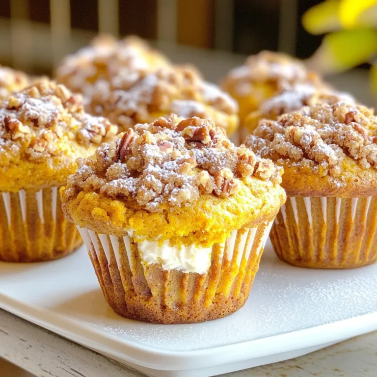 - 1 cup all-purpose flour - 1 cup whole wheat flour - 1 tablespoon baking powder - 1 teaspoon baking soda - 1 teaspoon pumpkin pie spice - 1/2 teaspoon salt - 1 cup pumpkin puree - 3/4 cup brown sugar - 1/2 cup granulated sugar - 1/2 cup vegetable oil - 2 large eggs - 1 teaspoon vanilla extract - 4 oz cream cheese, softened - 1/4 cup powdered sugar - 1/4 cup chopped pecans (or walnuts) - 1/2 teaspoon cinnamon - Brown sugar for sprinkling The ingredients bring together flavors that warm your heart. The blend of all-purpose and whole wheat flour gives the muffins a nice texture. Pumpkin puree adds moisture and flavor, while the sugars create a delightful sweetness. The cream cheese filling brings a rich, tangy surprise that complements the pumpkin perfectly. Topping these muffins with chopped nuts and a sprinkle of cinnamon creates a great crunch and aroma. This mix of ingredients truly makes these pumpkin cream cheese streusel muffins a special treat. Each bite combines the warmth of fall flavors with a creamy center that feels like a hug. Enjoy these muffins warm, and they’ll surely brighten your day! - Preheat your oven to 350°F (175°C). - Prepare a muffin tray with paper liners. - In a large bowl, combine the all-purpose flour, whole wheat flour, baking powder, baking soda, pumpkin pie spice, and salt. This mix gives the muffins their base. - In another bowl, combine the pumpkin puree, brown sugar, granulated sugar, vegetable oil, eggs, and vanilla extract. Whisk until smooth and well mixed. - In a small bowl, blend the softened cream cheese with the powdered sugar. This makes a sweet filling. - Fill each muffin liner about halfway with the pumpkin batter. Add a small dollop of the cream cheese mixture in the center. Cover with a bit more pumpkin batter until the liner is about ¾ full. - In a separate small bowl, mix the chopped pecans, cinnamon, and a sprinkle of brown sugar to create the streusel topping. Generously sprinkle this over the tops of the muffins. - Bake the muffins in the preheated oven for 18-20 minutes. They are done when a toothpick inserted into the center comes out clean. - Allow the muffins to cool in the pan for 5 minutes. Then, transfer them to a wire rack to cool completely. Enjoy these warm with a sprinkle of powdered sugar on top! To make the best pumpkin cream cheese streusel muffins, avoid overmixing the batter. Overmixing can lead to tough muffins. You want to mix just until the dry ingredients blend with the wet ones. Stop mixing when you see a few lumps. This keeps the muffins light and fluffy. Even baking is key. Fill each muffin liner only three-quarters full. This allows the muffins to rise evenly without spilling over. Also, rotate the muffin tray halfway through baking. This helps all muffins bake evenly. These muffins pair perfectly with coffee or tea. The warm spices in the muffins enhance the flavors of your drink. For a nice touch, dust the tops with powdered sugar before serving. This simple step makes the muffins look extra special. You can serve them warm for a cozy treat. Place them on a nice plate to impress guests. A little sprinkle of cinnamon on top adds even more flavor. Want to boost the flavor? Consider adding extra spices like nutmeg or ginger. These spices add warmth to your muffins. You can also play with the sweetness by using different sugars. When it comes to pumpkin puree, fresh is great, but canned works too. Canned pumpkin is convenient and still tasty. If using fresh, roast the pumpkin first for a deeper flavor. Just be sure it's pureed well for a smooth batter. {{image_2}} You can enhance your Pumpkin Cream Cheese Streusel Muffins with fun flavors. Adding chocolate chips gives a sweet surprise. You can also try dried fruits like raisins or cranberries. They add a nice chewiness. Want some crunch? Mix in different nuts or seeds. Pecans and walnuts work well. Sunflower seeds can add a unique twist too. You might want to make these muffins a bit healthier. Consider using whole wheat flour instead of all-purpose flour. This adds fiber and nutrients. If you want to cut back on sugar, you can reduce the brown and granulated sugar. You could also use honey or maple syrup instead. Both can sweeten without too much sugar. If you need gluten-free muffins, try using a gluten-free flour blend. This will keep the texture nice. For vegan muffins, swap the eggs for flax eggs or applesauce. Use a plant-based cream cheese for the filling. These changes allow everyone to enjoy a tasty treat. After baking your Pumpkin Cream Cheese Streusel Muffins, let them cool completely. This step keeps them from getting soggy. Place them in an airtight container. You can also use a zip-top bag. Both options work well. Make sure to layer parchment paper between muffins to prevent sticking. To freeze muffins, wrap each one tightly in plastic wrap. Then place them in a freezer-safe bag. This helps keep the muffins fresh. When you want to enjoy one, take it out and thaw it at room temperature. You can also microwave it for about 15-20 seconds. This warms it up nicely. Fresh muffins last about 3-4 days at room temperature. If you store them in the fridge, they can last up to a week. For the best taste, eat them within a few days. Freezing extends their life to about 3 months. Enjoy them warm for a tasty treat! To make pumpkin puree, start with a small pumpkin. Cut it in half and remove the seeds. Place the halves cut-side down on a baking sheet. Roast at 350°F (175°C) for about 45 minutes. Once soft, scoop out the flesh and blend it until smooth. This gives you fresh, tasty pumpkin puree for your muffins. Yes, you can use different sugars! Brown sugar adds moisture and a rich flavor. You can swap granulated sugar for coconut sugar or maple sugar. Choose what suits your taste. Just keep the same amounts to keep your muffins sweet and soft. You can use several substitutes for eggs! Applesauce works well; use 1/4 cup for each egg. Mashed banana is another option; use the same amount. You can also use flaxseed meal mixed with water. Combine 1 tablespoon of flaxseed with 3 tablespoons of water, let it sit, then use it like an egg. Stick a toothpick in the center of a muffin to check for doneness. If it comes out clean, the muffins are ready. If it has wet batter, bake for a few more minutes. Keep an eye on them to avoid overbaking. Perfect muffins should be golden brown and spring back when touched. This blog post covered everything you need to make delicious pumpkin muffins. We looked at the key ingredients, both dry and wet, and created that tasty cream cheese filling. I shared step-by-step instructions for mixing, assembling, and baking. You also got tips for perfecting your muffins and fun variations. In the end, I hope you feel inspired to bake and enjoy these delightful treats. Happy baking!