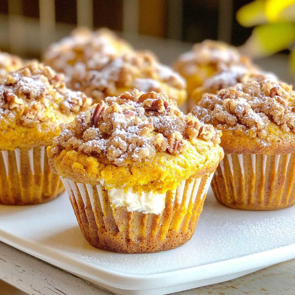 - 1 cup all-purpose flour - 1 cup whole wheat flour - 1 tablespoon baking powder - 1 teaspoon baking soda - 1 teaspoon pumpkin pie spice - 1/2 teaspoon salt - 1 cup pumpkin puree - 3/4 cup brown sugar - 1/2 cup granulated sugar - 1/2 cup vegetable oil - 2 large eggs - 1 teaspoon vanilla extract - 4 oz cream cheese, softened - 1/4 cup powdered sugar - 1/4 cup chopped pecans (or walnuts) - 1/2 teaspoon cinnamon - Brown sugar for sprinkling The ingredients bring together flavors that warm your heart. The blend of all-purpose and whole wheat flour gives the muffins a nice texture. Pumpkin puree adds moisture and flavor, while the sugars create a delightful sweetness. The cream cheese filling brings a rich, tangy surprise that complements the pumpkin perfectly. Topping these muffins with chopped nuts and a sprinkle of cinnamon creates a great crunch and aroma. This mix of ingredients truly makes these pumpkin cream cheese streusel muffins a special treat. Each bite combines the warmth of fall flavors with a creamy center that feels like a hug. Enjoy these muffins warm, and they’ll surely brighten your day! - Preheat your oven to 350°F (175°C). - Prepare a muffin tray with paper liners. - In a large bowl, combine the all-purpose flour, whole wheat flour, baking powder, baking soda, pumpkin pie spice, and salt. This mix gives the muffins their base. - In another bowl, combine the pumpkin puree, brown sugar, granulated sugar, vegetable oil, eggs, and vanilla extract. Whisk until smooth and well mixed. - In a small bowl, blend the softened cream cheese with the powdered sugar. This makes a sweet filling. - Fill each muffin liner about halfway with the pumpkin batter. Add a small dollop of the cream cheese mixture in the center. Cover with a bit more pumpkin batter until the liner is about ¾ full. - In a separate small bowl, mix the chopped pecans, cinnamon, and a sprinkle of brown sugar to create the streusel topping. Generously sprinkle this over the tops of the muffins. - Bake the muffins in the preheated oven for 18-20 minutes. They are done when a toothpick inserted into the center comes out clean. - Allow the muffins to cool in the pan for 5 minutes. Then, transfer them to a wire rack to cool completely. Enjoy these warm with a sprinkle of powdered sugar on top! To make the best pumpkin cream cheese streusel muffins, avoid overmixing the batter. Overmixing can lead to tough muffins. You want to mix just until the dry ingredients blend with the wet ones. Stop mixing when you see a few lumps. This keeps the muffins light and fluffy. Even baking is key. Fill each muffin liner only three-quarters full. This allows the muffins to rise evenly without spilling over. Also, rotate the muffin tray halfway through baking. This helps all muffins bake evenly. These muffins pair perfectly with coffee or tea. The warm spices in the muffins enhance the flavors of your drink. For a nice touch, dust the tops with powdered sugar before serving. This simple step makes the muffins look extra special. You can serve them warm for a cozy treat. Place them on a nice plate to impress guests. A little sprinkle of cinnamon on top adds even more flavor. Want to boost the flavor? Consider adding extra spices like nutmeg or ginger. These spices add warmth to your muffins. You can also play with the sweetness by using different sugars. When it comes to pumpkin puree, fresh is great, but canned works too. Canned pumpkin is convenient and still tasty. If using fresh, roast the pumpkin first for a deeper flavor. Just be sure it's pureed well for a smooth batter. {{image_2}} You can enhance your Pumpkin Cream Cheese Streusel Muffins with fun flavors. Adding chocolate chips gives a sweet surprise. You can also try dried fruits like raisins or cranberries. They add a nice chewiness. Want some crunch? Mix in different nuts or seeds. Pecans and walnuts work well. Sunflower seeds can add a unique twist too. You might want to make these muffins a bit healthier. Consider using whole wheat flour instead of all-purpose flour. This adds fiber and nutrients. If you want to cut back on sugar, you can reduce the brown and granulated sugar. You could also use honey or maple syrup instead. Both can sweeten without too much sugar. If you need gluten-free muffins, try using a gluten-free flour blend. This will keep the texture nice. For vegan muffins, swap the eggs for flax eggs or applesauce. Use a plant-based cream cheese for the filling. These changes allow everyone to enjoy a tasty treat. After baking your Pumpkin Cream Cheese Streusel Muffins, let them cool completely. This step keeps them from getting soggy. Place them in an airtight container. You can also use a zip-top bag. Both options work well. Make sure to layer parchment paper between muffins to prevent sticking. To freeze muffins, wrap each one tightly in plastic wrap. Then place them in a freezer-safe bag. This helps keep the muffins fresh. When you want to enjoy one, take it out and thaw it at room temperature. You can also microwave it for about 15-20 seconds. This warms it up nicely. Fresh muffins last about 3-4 days at room temperature. If you store them in the fridge, they can last up to a week. For the best taste, eat them within a few days. Freezing extends their life to about 3 months. Enjoy them warm for a tasty treat! To make pumpkin puree, start with a small pumpkin. Cut it in half and remove the seeds. Place the halves cut-side down on a baking sheet. Roast at 350°F (175°C) for about 45 minutes. Once soft, scoop out the flesh and blend it until smooth. This gives you fresh, tasty pumpkin puree for your muffins. Yes, you can use different sugars! Brown sugar adds moisture and a rich flavor. You can swap granulated sugar for coconut sugar or maple sugar. Choose what suits your taste. Just keep the same amounts to keep your muffins sweet and soft. You can use several substitutes for eggs! Applesauce works well; use 1/4 cup for each egg. Mashed banana is another option; use the same amount. You can also use flaxseed meal mixed with water. Combine 1 tablespoon of flaxseed with 3 tablespoons of water, let it sit, then use it like an egg. Stick a toothpick in the center of a muffin to check for doneness. If it comes out clean, the muffins are ready. If it has wet batter, bake for a few more minutes. Keep an eye on them to avoid overbaking. Perfect muffins should be golden brown and spring back when touched. This blog post covered everything you need to make delicious pumpkin muffins. We looked at the key ingredients, both dry and wet, and created that tasty cream cheese filling. I shared step-by-step instructions for mixing, assembling, and baking. You also got tips for perfecting your muffins and fun variations. In the end, I hope you feel inspired to bake and enjoy these delightful treats. Happy baking!