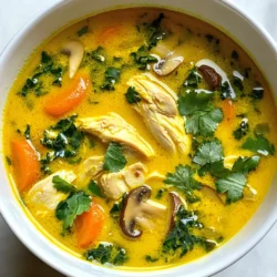 For this Turmeric Ginger Chicken Soup, you need fresh, vibrant ingredients. Here is what you'll need: - 1 medium onion, chopped - 3 cloves garlic, minced - 1 tablespoon fresh ginger, grated - 1 tablespoon fresh turmeric, grated (or 1 teaspoon ground turmeric) - 2 medium carrots, sliced - 1 cup mushrooms, sliced - 1 lb boneless, skinless chicken thighs, chopped - 2 cups kale, chopped - Fresh cilantro for garnish These fresh items bring flavor and nutrition to the soup. The ginger and turmeric add a warm spice. The carrots and kale give color and crunch. Next, you need some pantry staples for the soup: - 2 tablespoons olive oil - 4 cups chicken broth - 1 cup coconut milk - Salt and pepper to taste - 2 tablespoons fresh lemon juice These ingredients help create the soup's base. The olive oil helps sauté the veggies. Coconut milk adds creaminess without dairy. Finally, add some optional garnishes for a finishing touch: - Extra coconut milk drizzle - More fresh cilantro These garnishes make your soup look pretty and add flavor. A little drizzle of coconut milk makes it inviting. Fresh cilantro adds a pop of green and a fresh taste. {{ingredient_image_1}} 1. Gather all your ingredients. This makes cooking easy and fun. 2. Chop one medium onion into small pieces. Set it aside. 3. Mince three cloves of garlic and place them in a bowl. 4. Grate one tablespoon each of fresh ginger and fresh turmeric. You can also use ground turmeric. 5. Slice two medium carrots and one cup of mushrooms thinly. 6. Chop one pound of boneless, skinless chicken thighs into bite-sized pieces. 7. Rinse and chop two cups of kale. 1. Heat two tablespoons of olive oil in a large pot over medium heat. 2. Add the chopped onion and sauté for about five minutes. Wait until it turns translucent. 3. Stir in the minced garlic, grated ginger, and turmeric. Cook for one to two minutes until you smell the aroma. 4. Pour in four cups of chicken broth, then add the sliced carrots and mushrooms. 5. Bring the mixture to a simmer and cook for about ten minutes. 6. Add the chopped chicken thighs to the pot. Cover it and let it simmer for fifteen minutes until the chicken cooks through. 7. Stir in one cup of coconut milk and the chopped kale. Let it cook for five more minutes until the kale wilts. 8. Squeeze in two tablespoons of fresh lemon juice. Season it with salt and pepper. 1. Ladle the soup into deep bowls. This helps keep it warm. 2. For a pretty touch, drizzle with extra coconut milk or add more cilantro on top. 3. Enjoy your healthy comfort bowl with family or friends. To boost the flavor of your turmeric ginger chicken soup, try these tips: - Use fresh ingredients. Fresh ginger and turmeric give a bright taste. - Sauté well. Cook the onion until soft before adding garlic and spices. - Simmer gently. Let the soup simmer to meld the flavors together. - Balance acidity. A splash of lemon juice brightens the soup's taste. - Season well. Don’t forget salt and pepper to enhance all the flavors. Avoid these common pitfalls to ensure your soup shines: - Overcooking the chicken. This can dry it out. Cook just until it’s done. - Skipping the aromatics. Missing garlic or onions can dull the taste. - Not tasting as you go. Always taste your soup and adjust flavors. - Using water instead of broth. Chicken broth adds depth that water can't provide. The right texture makes the soup enjoyable. Here’s how to get it just right: - Cut chicken evenly. Chop the chicken thighs into uniform pieces for even cooking. - Slice vegetables thin. This helps them cook quickly and evenly. - Cook kale last. Add the kale near the end to keep it vibrant and tender. - Use coconut milk wisely. Stir it in just before serving for creaminess without curdling. Pro Tips Use Fresh Ingredients: Fresh turmeric and ginger can significantly enhance the flavor of your soup compared to dried versions. Customize the Vegetables: Feel free to add or substitute your favorite vegetables like bell peppers or zucchini for added nutrition and flavor. Adjust Spice Level: If you enjoy a bit of heat, consider adding red pepper flakes or a dash of cayenne pepper to the soup. Make It Ahead: This soup stores well in the fridge for up to three days, and the flavors deepen over time, making it perfect for meal prep. {{image_2}} You can change some ingredients to suit your taste. If you don’t have fresh turmeric, use ground turmeric instead. It works just as well! You can swap chicken thighs for chicken breast if you prefer. For a lighter soup, use vegetable broth instead of chicken broth. Want to add more veggies? Toss in some spinach or zucchini for extra color and nutrients! This soup is naturally gluten-free. Just make sure your chicken broth has no gluten. For a dairy-free option, use coconut milk as the recipe calls for. It adds creaminess without dairy. If you want it vegan, replace chicken with chickpeas or tofu. Both options add protein and texture. If you like heat, add red pepper flakes or fresh chili peppers. This will make the soup spicy and exciting! For a more herbaceous flavor, throw in fresh herbs like basil or parsley. You can also use lime juice instead of lemon juice for a different zing. Each change brings a new twist, so feel free to experiment! After enjoying your soup, let it cool down. Pour the soup into an airtight container. Make sure to seal it well to keep it fresh. You can store it in the fridge for up to three days. This soup tastes even better the next day as flavors meld together. If you want to save some soup for later, freezing is a great option. Use freezer-safe bags or containers. Leave some space at the top, as soup expands when frozen. This soup can stay good in the freezer for up to three months. Label the bags with the date to keep track. To reheat, you can use the stove or microwave. If using the stove, pour the soup into a pot. Heat it on low and stir occasionally until warm. If using the microwave, put the soup in a microwave-safe bowl. Heat it in short bursts, stirring in between, until hot. Always check the temperature before serving. Enjoy your warm, comforting bowl! Turmeric has many health benefits. It contains curcumin, which can help reduce inflammation. This can ease joint pain and support overall health. Turmeric also has strong antioxidant properties. These can help protect your body from cell damage. Adding turmeric to your soup adds flavor and boosts its health. Yes, you can use chicken breast instead of thighs. Chicken breast is leaner and less fatty. It cooks faster than thighs. However, thighs have more flavor and tenderness. If you choose chicken breast, adjust the cooking time. Cook it until it is no longer pink. To make this soup vegetarian, skip the chicken. You can use tofu or chickpeas for protein. Use vegetable broth instead of chicken broth. Add extra veggies like bell peppers or zucchini. This keeps the soup hearty and full of flavor. In this post, we explored ingredients, cooking steps, and tips for making soup. Fresh ingredients give great taste, while pantry staples save time. I shared ways to enhance flavor and avoid common mistakes. You can adapt recipes to fit your diet or taste. Proper storage keeps leftovers fresh. Remember, turmeric adds health benefits, and you can easily switch meats. With these insights, you can create a delicious soup tailored to your needs. Enjoy your cooking journey!