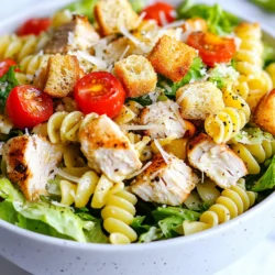 - 2 cups rotini pasta - 1 cup cooked chicken breast, diced - 1 cup Romaine lettuce, chopped The main ingredients create a hearty base for your Chicken Caesar Pasta Salad. Rotini pasta adds a fun twist and holds onto the dressing well. The cooked chicken breast gives protein, making this salad filling. Romaine lettuce adds a fresh crunch. - 1/2 cup cherry tomatoes, halved - 1/4 cup Parmesan cheese, grated - 1/4 cup Caesar dressing Cherry tomatoes bring a burst of color and sweetness. Grated Parmesan cheese adds a tangy flavor that complements the dressing. Caesar dressing ties everything together, making each bite rich and tasty. - 1/4 teaspoon garlic powder - 1/4 teaspoon black pepper - Salt to taste - Croutons for garnish Garlic powder adds depth to the salad, while black pepper gives a slight kick. Don’t forget to add salt to suit your taste. Croutons provide a crunchy topping that makes this salad even more delightful. {{ingredient_image_1}} To start, bring a large pot of water to a boil. Add a good amount of salt. This helps flavor the pasta. Once the water is boiling, add 2 cups of rotini pasta. Cook it for about 8 to 10 minutes. You want it to be al dente, which means it should be firm but not hard. After cooking, drain the pasta in a colander. Rinse it under cold water to stop the cooking. Set the pasta aside to cool completely. If you don’t have leftover chicken, you can cook chicken breasts now. A simple method is to grill or sauté them. Season the chicken with salt, black pepper, and a sprinkle of garlic powder. Cook it until the chicken is no longer pink inside. This usually takes about 6 to 8 minutes per side, depending on thickness. Once done, let the chicken cool and then dice it into small pieces. In a large mixing bowl, combine the cooled pasta, diced chicken, and 1 cup of chopped Romaine lettuce. Add in 1/2 cup of halved cherry tomatoes for a fresh touch. Drizzle 1/4 cup of Caesar dressing over the mixture. Gently toss everything together to coat all the ingredients evenly. Finally, sprinkle 1/4 cup of grated Parmesan cheese on top. Fold it in gently, making sure everything is mixed well. Taste your salad and add more salt or pepper if needed. To make a great Chicken Caesar Pasta Salad, start with the right pasta. I recommend using rotini. It holds the dressing well and offers a fun twist. Cook it until it’s al dente, which means it should have a slight bite. This keeps the pasta from getting mushy when mixed with other ingredients. For flavor balance, use fresh Romaine lettuce and ripe cherry tomatoes. The crisp lettuce adds crunch, while the tomatoes provide sweetness. When you mix everything, add the Caesar dressing slowly. This way, you can adjust to your taste. A little garlic powder and black pepper enhance the flavor, but don’t overdo it. Taste as you go! When serving, think about how it looks on the plate. Use a large bowl for family-style serving. If you want individual plates, use small bowls and layer the ingredients. This makes it look more appealing. To complement your salad, consider side dishes like garlic bread or a light soup. Both pair well and make for a complete meal. You could also serve it with a simple fruit salad for a refreshing touch. To save leftovers, store the salad in an airtight container. Keep it in the fridge, and it should last for about two days. If you have croutons, store them separately. They stay crunchy this way. When reheating, avoid the microwave for the salad. Instead, eat it cold for the best taste. If you need to warm the chicken, you can use a microwave, but be careful not to overcook it. Enjoy your tasty dish! Pro Tips Cook Pasta Al Dente: Make sure to cook the rotini pasta until it’s al dente for the perfect texture. This will prevent the pasta from becoming mushy when mixed with the other ingredients. Use Fresh Ingredients: Opt for fresh Romaine lettuce and ripe cherry tomatoes to enhance the flavor and crunch of your salad. Fresh ingredients make a noticeable difference! Chill Before Serving: Allow the salad to chill in the refrigerator for at least 30 minutes. This resting time helps the flavors to meld beautifully. Customize Your Dressing: Feel free to adjust the amount of Caesar dressing to your taste. You can also add extra seasonings or a squeeze of lemon for a brighter flavor. {{image_2}} You can change the protein in your Chicken Caesar Pasta Salad. Shrimp or tofu both work well. If you want seafood, shrimp adds a nice twist. For a plant-based option, tofu gives a great texture. You can also switch up the greens. While Romaine is classic, kale or spinach can add unique flavors. Mixing greens makes it exciting and colorful. If you want to make your own Caesar dressing, start with these simple steps. Mix 1/2 cup of mayo, 2 tablespoons of lemon juice, and 1 tablespoon of Dijon mustard. Add in garlic powder and anchovy paste for that true Caesar taste! You can also try other dressings. Ranch or Italian dressings can be delicious, too. They add their own flair to the salad. For extra flavor, consider adding crispy bacon bits or sliced olives. These toppings give a nice crunch and salty taste. You can also add seasonal ingredients. Try diced bell peppers in summer or roasted squash in fall. These add freshness and variety to the salad. Each serving of Chicken Caesar Pasta Salad has about 400 calories. This includes: - Protein: 30g - Carbohydrates: 45g - Fat: 10g This salad provides a good balance of protein from chicken, carbs from pasta, and healthy fats from the dressing. It’s filling and tasty! You can make this dish even lighter. Here are some tips: - Use whole wheat pasta to add fiber and cut calories. - Swap Caesar dressing for a yogurt-based version to reduce fat. - Add more veggies like bell peppers or cucumbers for extra nutrients. These small changes keep the flavor while making your salad healthier. This recipe has some common allergens: - Chicken: For those with poultry allergies. - Dairy: From the Parmesan cheese. - Gluten: In the pasta. If you need allergen-free options, try these: - Use gluten-free pasta for those with gluten issues. - Replace chicken with chickpeas for a plant-based option. - Skip the cheese or use a dairy-free alternative. These swaps help everyone enjoy this delicious dish! Can I make this salad ahead of time? Yes, you can make this salad ahead of time. It tastes even better after chilling. Just mix all the ingredients and dress it. Cover and store it in the fridge. Enjoy it within two days for the best taste. How do I make it vegetarian? To make this salad vegetarian, skip the chicken. Add chickpeas or grilled veggies instead. You can also use a plant-based Caesar dressing for extra flavor. What type of pasta works best? Rotini pasta works best for this salad. Its shape holds the dressing well. You can also use penne or farfalle if you prefer. How long is leftover salad safe to eat? Leftover salad stays fresh for about two days in the fridge. Always check for any off smells or changes in texture before eating. Can I use store-bought rotisserie chicken? Yes, store-bought rotisserie chicken is a great option. It saves time and adds flavor. Just shred it into bite-sized pieces before adding it to your salad. Is Caesar dressing gluten-free? Not all Caesar dressings are gluten-free. Check the label to be sure. Look for brands that specifically say gluten-free to avoid any issues. This blog post covered how to make a tasty pasta salad. You learned about the main ingredients, cooking methods, and tips for perfecting your dish. I shared ideas for variations, health adjustments, and storage. Remember, you can mix and match ingredients to make it your own. Trust your taste buds and don't be afraid to experiment a little. Enjoy your pasta salad, and happy cooking!