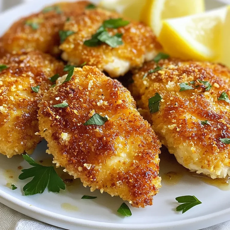 - 4 boneless, skinless chicken breasts - 1 cup grated Parmesan cheese - 1 cup breadcrumbs (preferably panko for extra crunch) - 1 teaspoon garlic powder - 1 teaspoon Italian seasoning - ½ teaspoon paprika - Salt and pepper to taste - 2 large eggs, beaten - 2 tablespoons olive oil - Fresh herbs (like parsley or basil) - Lemon wedges for serving - Side options (like air-fried vegetables or salad) When I make Air Fryer Parmesan Crusted Chicken, I love to gather all the ingredients first. This makes cooking smooth and enjoyable. The chicken breasts are the star of the dish. They should be boneless and skinless for the best results. I like to use fresh and high-quality Parmesan cheese. It adds a rich and nutty flavor. Panko breadcrumbs are my go-to for extra crunch. They create a lovely texture in the air fryer. Garlic powder and Italian seasoning give the chicken a nice taste. Paprika adds a hint of warmth and color. Don't forget salt and pepper! They enhance the flavors of the chicken. I always have beaten eggs ready for coating. The olive oil helps the crust crisp up in the air fryer. For added flair, I love fresh herbs and lemon wedges. They brighten the dish and make it look pretty. You can also serve it with air-fried veggies or salad for a complete meal. {{ingredient_image_1}} First, you need to preheat your air fryer to 380°F (190°C). This step is key to getting a nice, crispy chicken. While the air fryer heats up, grab your chicken breasts. Season them lightly with salt and pepper. Next, take two large eggs and beat them in a shallow bowl. Dip each chicken breast in the eggs, making sure to coat it fully. This egg wash helps the crust stick well. Now, let’s make the tasty crust mixture. In another shallow bowl, combine 1 cup of grated Parmesan cheese, 1 cup of breadcrumbs (panko works best for crunch), 1 teaspoon of garlic powder, 1 teaspoon of Italian seasoning, ½ teaspoon of paprika, and some salt and pepper. Mix all these ingredients well. To get the perfect coating, press the chicken into this mixture. Make sure you cover every part of the chicken. The more you press, the thicker the crust will be. Once your chicken is coated, it’s time to cook. Lightly brush both sides of each chicken breast with 2 tablespoons of olive oil. Place the chicken in the air fryer basket in a single layer. Be careful not to crowd the basket. You might need to cook in batches. Cook the chicken for 12-15 minutes, flipping halfway through. Check that the chicken reaches an internal temperature of 165°F (74°C). Once done, let the chicken rest for a few minutes before serving. To get that perfect crunch, use panko breadcrumbs. They create a light and crispy texture. Regular breadcrumbs can be too soft. Make sure to coat the chicken evenly. Press the breadcrumbs onto the chicken for a thick layer. This helps keep the crust intact during cooking. Next, for the oil, brush it lightly on both sides of the chicken. This adds flavor and helps with browning. Avoid soaking the chicken in oil. Too much oil can make it soggy. Aim for an internal temperature of 165°F (74°C). This ensures your chicken is safe to eat and juicy. Use a meat thermometer for the best results. After cooking, let the chicken rest for a few minutes. This allows the juices to settle back into the meat. Cutting too soon can lead to dry chicken. For a nice presentation, serve the chicken on a wooden cutting board. A white plate also looks great. Add freshly chopped parsley for color. Lemon wedges on the side add a fresh touch. These bright colors make the dish pop. Pair it with air-fried vegetables or a fresh salad. This creates a balanced meal that looks appealing. Pro Tips Use Fresh Ingredients: Freshly grated Parmesan cheese will provide a better flavor and texture compared to pre-packaged cheese. It melts beautifully and enhances the dish. Don't Skip the Resting Time: Allowing the chicken to rest for a few minutes after cooking helps the juices redistribute, ensuring a juicier and more flavorful bite. Experiment with Spices: Feel free to customize the spice blend according to your taste. Adding cayenne pepper for heat or herbs de Provence for a fragrant touch can elevate the dish. Air Fryer Capacity: Make sure not to overcrowd the air fryer basket. Cooking in batches will result in a more evenly cooked and crispy chicken. {{image_2}} You can switch up the cheese in this dish. Mozzarella adds a gooey texture. Cheddar brings a sharp flavor. Mixing cheeses creates a unique taste. Try combining Parmesan with mozzarella for a rich and cheesy crust. You can also blend Parmesan with cheddar for a zesty bite. If you need a gluten-free meal, substitute regular breadcrumbs. Use gluten-free breadcrumbs instead. They work just as well in this recipe. Just keep an eye on the cooking time. Gluten-free crumbs may cook faster, so check for doneness a few minutes early. Want to spice things up? Add cayenne pepper for heat. Red pepper flakes also work well for a kick. For herb lovers, try adding dried oregano or thyme. These herbs can give your chicken a fresh twist. Experiment with spices to find your perfect flavor! To store leftover chicken, place it in an airtight container. You can keep it in the fridge for up to three days. Make sure to let it cool down before sealing. This helps keep the chicken tasty and fresh. Glass or plastic containers are good choices. Just ensure they fit tightly. For freezing cooked chicken, wrap each piece in plastic wrap. Then, place them in a freezer bag. This method helps keep out air and frost. You can freeze the chicken for up to three months. When you are ready to eat, take the chicken out and place it in the fridge to thaw overnight. This slow thawing keeps the chicken juicy and flavorful. For reheating, the air fryer works best. Set it to 350°F (175°C) and heat for about 5-7 minutes. This method keeps the crust crispy. Avoid using the microwave as it can make the chicken soggy. If you must use a microwave, place a paper towel over the chicken. This can help absorb extra moisture while warming. Yes, you can use chicken thighs. They tend to cook a bit longer than breasts. Thighs have more fat, which makes them juicier. Expect about 5 extra minutes of cooking time. Always check for an internal temperature of 165°F (74°C). You can bake the chicken in a conventional oven. Preheat the oven to 400°F (200°C). Place the coated chicken on a baking sheet. Bake for about 20-25 minutes. Flip halfway to ensure even cooking. The chicken should be golden and reach the same internal temperature. This dish pairs well with many sides. Consider fresh salads, steamed veggies, or roasted potatoes. Air-fried vegetables are also a great match. For a refreshing touch, add lemon wedges or a light sauce. Yes, meal prep is easy with this recipe. You can coat the chicken a few hours ahead. Store it covered in the fridge. When ready, just pop it in the air fryer. If you want to prepare even earlier, freeze the coated chicken. Thaw it overnight before cooking. This blog post covered how to make Air Fryer Parmesan Crusted Chicken. We listed the needed ingredients and shared step-by-step instructions. I offered tips for a crispy crust and juicy chicken, plus ideas for variations. You learned about storage and reheating too. In closing, this dish is simple and tasty. You can adjust flavors as you like. Enjoy creating your own version and impressing others with your cooking skills!