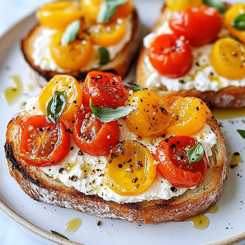 - 1 cup ricotta cheese - 1 cup cherry tomatoes, halved - 1 tablespoon olive oil - 1 teaspoon balsamic vinegar - 1 clove garlic, minced - 1 teaspoon fresh basil, chopped (plus extra for garnish) - Salt and pepper to taste - 4 slices of crusty bread (like sourdough or ciabatta) - A pinch of chili flakes for heat - Medium-sized bowl - Baking sheet or grill pan - Small bowl for mixing - Spoon for serving - Oven or toaster oven {{ingredient_image_1}} First, grab a medium-sized bowl. Add the halved cherry tomatoes, minced garlic, olive oil, balsamic vinegar, chopped basil, salt, and pepper. Mix it well. Let it sit for about 10-15 minutes. This helps the flavors come together nicely. While the tomatoes sit, preheat your oven or toaster oven to 400°F (200°C). Take the slices of crusty bread and place them on a baking sheet. Toast them for about 5-7 minutes. Look for a golden, crispy texture. You can also grill the bread for a smoky flavor! In a small bowl, take your ricotta cheese. Add a pinch of salt and pepper. Mix gently to combine the seasoning into the cheese. This will make your ricotta extra tasty. Once the bread is toasted, spread a generous layer of the seasoned ricotta on each slice. Be sure to cover the entire surface for a rich flavor. Now, spoon the marinated cherry tomato mixture over the ricotta. Spread it evenly across the toasts. If you like some heat, sprinkle a pinch of chili flakes on top. Finally, add extra fresh basil leaves for a beautiful garnish. Serve your Ricotta Tomato Toasts warm. They make a great appetizer or a light meal. Enjoy them with a refreshing drink or a simple salad. For the best Ricotta Tomato Toasts, choose crusty bread. I love sourdough or ciabatta. These types hold the toppings well. They also add a nice crunch. You want a bread that toasts nicely and has great texture. Avoid soft breads; they won't give you that perfect bite. To boost the taste, use fresh ingredients. Fresh basil makes a big difference. Add a pinch of chili flakes if you like heat. The balsamic vinegar adds a sweet tang. Make sure to let the tomato mixture sit. This helps the flavors mix well. A drizzle of quality olive oil on top is a must. It adds richness and depth to your toasts. Prep your ingredients in advance. Chop tomatoes and basil the night before. This way, you save time when cooking. Use a toaster oven for easy toasting. You can toast multiple slices at once. If you are in a rush, skip the marinating step. Just mix everything and go! Your toasts will still taste great. Pro Tips Use Fresh Ingredients: Always opt for the freshest cherry tomatoes and basil to enhance the flavor of your toasts. Experiment with Breads: Try different types of crusty bread, like focaccia or baguette, for a unique twist on the classic toast. Customize Your Seasoning: Feel free to add other herbs like oregano or thyme to the ricotta for extra depth of flavor. Serve Immediately: For the best texture, serve the toasts right after assembling them to maintain the crispiness of the bread. {{image_2}} You can change the toppings for your Ricotta Tomato Toasts. Try adding roasted peppers or olives. Fresh arugula gives a nice peppery taste too. For cheese lovers, sprinkle some feta or goat cheese on top. You can also drizzle honey for a sweet twist. Each topping brings a new flavor. If you want to boost protein, add sliced chicken or smoked salmon. You can also use chickpeas for a vegetarian option. Adding an egg, either poached or fried, makes it a filling meal. These protein options make the dish more satisfying and nutritious. Use seasonal ingredients to keep it fresh. In summer, ripe heirloom tomatoes shine. Fall brings squash or roasted pumpkin. In winter, use sautéed greens or Brussels sprouts. Each season offers unique flavors that enhance your toasts. Adjusting your toppings with the seasons keeps every bite exciting. You can keep leftover Ricotta Tomato Toasts in the fridge. Place the toasts in an airtight container. They stay fresh for about two days. The bread may get soft, but the flavors will still shine. To reheat, simply pop the toasts in a toaster or oven. Heat them at 350°F (175°C) for about 5-10 minutes. This helps the bread regain its crispness. You can also microwave them, but the bread won't be as crunchy. Freezing these toasts is a great option if you have extra. Assemble the toasts but do not add the tomato mixture. Wrap each toast in plastic wrap and place them in a freezer bag. They can last up to a month in the freezer. When ready to eat, thaw them in the fridge overnight and then reheat. Yes, you can use other cheeses. Cream cheese or goat cheese works well. These cheeses offer a creamy texture. They also add a different flavor. Try feta for a salty kick. Just remember, the taste will change. Experiment until you find your favorite! To make Ricotta Tomato Toasts gluten-free, use gluten-free bread. Many brands offer tasty options. Check the labels to ensure they are safe. You can also use lettuce wraps. This way, you skip the bread altogether. Enjoy the same great flavors without the gluten! These toasts pair well with many dishes. A fresh green salad makes a great side. You could also serve them with soup. A light tomato or basil soup complements the flavors. For drinks, try sparkling water with lemon. It adds a nice touch and refreshes the palate. In this post, we explored how to make rich Ricotta Tomato Toasts. We discussed key ingredients, kitchen tools, and easy steps to prepare this dish. I shared tips to enhance flavor and speed up prep time. You also learned about tasty variations and storage options. Remember, this toast is flexible and fun. Feel free to experiment with different toppings. Enjoy creating your perfect Ricotta Tomato Toasts. I can't wait for you to try it!