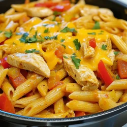 To make this dish, gather these key items: - 2 tablespoons olive oil - 1 pound chicken breast, sliced - 1 teaspoon chili powder - 1 teaspoon cumin - 1 bell pepper (red or yellow), sliced - 1 small onion, sliced - 3 cloves garlic, minced - 8 oz. penne pasta - 3 cups chicken broth - 1 can (15 oz) diced tomatoes - 1 teaspoon salt - ½ teaspoon black pepper - 1 cup corn (fresh or frozen) - 1 cup shredded cheddar cheese - Fresh cilantro for garnish (optional) These ingredients blend well to create a tasty and filling meal. You can add some extra flair to your dish with these optional ingredients: - Jalapeños for heat - Avocado for creaminess - Sour cream for a cool touch - Lime juice for a zesty kick Feel free to mix and match based on your taste. You will need a few tools to cook this dish easily: - A large pot or skillet - A cutting board - A sharp knife - Measuring spoons - A wooden spoon for stirring With these items, you will be set to create a delightful meal. {{ingredient_image_1}} First, take your large pot or skillet and heat 2 tablespoons of olive oil over medium-high heat. Slice 1 pound of chicken breast. Add it to the pot. Sprinkle 1 teaspoon of chili powder, 1 teaspoon of cumin, 1 teaspoon of salt, and ½ teaspoon of black pepper over the chicken. Cook until the chicken is browned and cooked through. This should take about 5-7 minutes. Next, slice 1 bell pepper and 1 small onion. Add them to the pot and sauté for about 3-4 minutes. You want them to soften but not lose all their crunch. Then, mince 3 cloves of garlic and stir them in. Cook for another minute until the garlic smells great. Now it’s time to add the pasta. Take 8 ounces of uncooked penne pasta and toss it in the pot. Pour in 3 cups of chicken broth. Next, add a can of diced tomatoes with their juice. Stir everything well to mix the flavors. Bring this mix to a boil. Once boiling, reduce the heat to low. Cover the pot and let it simmer for 15-20 minutes. Stir it occasionally to keep the pasta from sticking. When the pasta is tender and the liquid is mostly gone, it’s time for the final touches. Stir in 1 cup of corn, either fresh or frozen, and half of the shredded cheddar cheese. Mix until the cheese melts and blends in. Serve the dish hot and top it with the remaining cheese. You can also add fresh cilantro for garnish if you like. Enjoy your tasty One-Pot Chicken Fajita Pasta! To cook pasta just right, use enough liquid. I recommend three cups of chicken broth. Stir the pasta often. This stops it from sticking to the pot. Cook it until tender, about 15 to 20 minutes. You want it to soak up all the great flavors too. If it looks too dry, add a bit more broth. Always taste a piece to check if it’s done. Want to kick up the flavor? Try adding fresh lime juice right before serving. Lime brightens the dish. You can also mix in some chopped jalapeños for heat. If you love cheese, add more cheddar on top when serving. For a twist, sprinkle in some taco seasoning while cooking. This will deepen the fajita flavor. A big mistake is not stirring the pasta. If you forget to stir, it may stick to the bottom. Another mistake is adding too much liquid. This can make the dish soupy. Use just the right amount of broth. Don't forget to cut your veggies small. This helps them cook quickly and evenly. Lastly, avoid overcooking the chicken. It should be juicy and tender, not dry. Pro Tips Use Fresh Ingredients: Fresh bell peppers and herbs enhance the flavor of the dish, making it more vibrant and delicious. Adjust Spice Levels: Feel free to add more chili powder or even some jalapeños if you enjoy a spicier kick in your pasta. Customize Your Cheese: Experiment with different types of cheese like Monterey Jack or Pepper Jack for a unique flavor twist. Leftover Storage: Store any leftovers in an airtight container in the fridge for up to 3 days. Reheat gently on the stove with a splash of broth. {{image_2}} You can easily make this meal vegetarian. Just swap the chicken for veggies. Use mushrooms, zucchini, or extra bell peppers. For protein, add black beans or chickpeas. You will still get a tasty dish. The spices and flavors will shine through. If you want to change the protein, you have options. Turkey works great in this recipe. You can also use shrimp for a seafood twist. Tofu is another good choice for a plant-based meal. Just cook it until golden and add it to the pot. Feel free to mix up the sauce and spices. Add a splash of lime juice for zest. You can also use taco sauce instead of tomatoes for added flavor. If you like heat, toss in some jalapeños or hot sauce. These simple changes can make your dish unique! To keep your One-Pot Chicken Fajita Pasta fresh, let it cool first. After cooling, place it in an airtight container. Store it in the fridge for up to three days. Make sure to seal it tightly. This keeps out air and bacteria. If you notice any strange smell or mold, throw it away. When you’re ready to enjoy your leftovers, reheat them on the stove. Pour the pasta into a pot. Add a splash of chicken broth or water to help it heat evenly. Stir it over medium heat until hot. You can also use the microwave. Place your pasta in a microwave-safe bowl. Cover it loosely and heat for 1-2 minutes, stirring halfway through. If you want to save some for later, freezing is a great option. Portion the pasta into freezer-safe containers. Leave some space at the top; pasta expands when frozen. Seal the containers well and label them with the date. You can freeze it for up to three months. When you’re ready to eat, thaw it in the fridge overnight. Then, reheat as directed above. You can use turkey or tofu instead of chicken. Both will add great flavor. If you want a different taste, try shrimp or beef. Just remember to adjust the cooking time. Cook shrimp until they turn pink. Beef may need longer to cook through. You can also skip meat and add more veggies for a plant-based meal. Yes, you can cook this dish ahead of time. Prepare the pasta and chicken, then cool it down. Store it in the fridge for up to three days. When ready to eat, reheat it in a pot over low heat. Add a splash of broth to keep it moist. This makes for a quick meal on busy nights. Absolutely! Kids love the mix of pasta and chicken. The colorful peppers make it fun to eat. You can adjust the spices to make it milder for little ones. Add extra cheese to make it even more appealing. This dish is simple and tasty, perfect for the whole family. One-Pot Chicken Fajita Pasta is easy and fun. You learned about essential and optional ingredients, along with cooking tools. The step-by-step instructions simplify each part of the recipe. I shared tips to avoid common mistakes and ensure your pasta cooks perfectly. You also discovered tasty variations and how to store leftovers. This dish is great for busy nights. Try it out, make it your own, and enjoy!