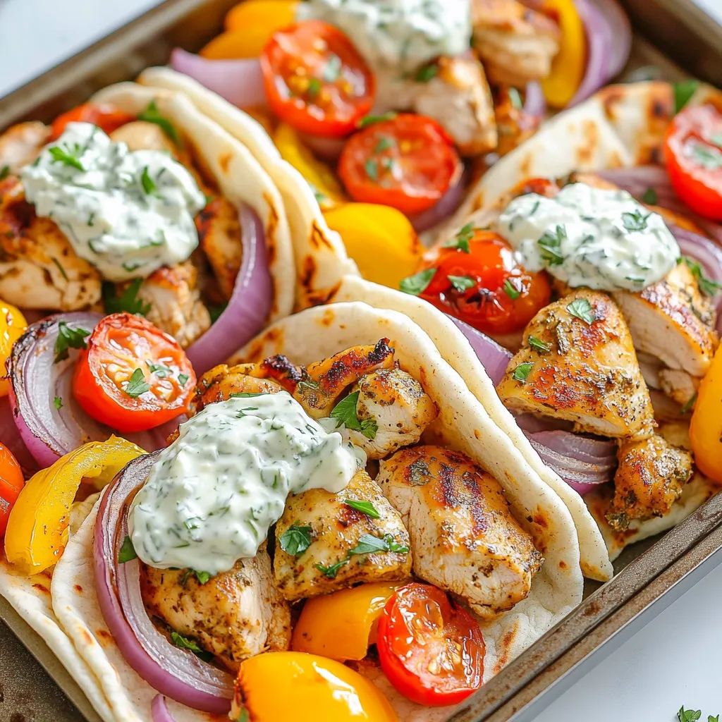 - 1.5 lbs boneless, skinless chicken thighs - 2 tablespoons olive oil - 2 tablespoons lemon juice - 2 teaspoons dried oregano - 1 teaspoon garlic powder - 1 teaspoon paprika - Salt and pepper to taste - 1 red onion, sliced - 1 bell pepper, sliced - 1 cup cherry tomatoes, halved - 4 whole wheat pita breads - 1 cup tzatziki sauce - Fresh parsley for garnish This dish starts with juicy chicken thighs. They are the star of your meal. The olive oil and lemon juice make a great marinade. The oil adds richness, while lemon juice gives a nice zing. Next, we have our spices. Dried oregano brings a warm earthiness. Garlic powder adds depth, and paprika gives a hint of smokiness. Don’t forget to season with salt and pepper. This mix creates an inviting aroma! Now, let’s talk veggies. The red onion offers sweetness when roasted. Bell peppers add a crunchy texture. Cherry tomatoes burst with flavor as they cook. Together, these veggies make your plate colorful and tasty. For the best experience, serve the gyros with warm whole wheat pita. Tzatziki sauce is a must-have. Its cool, creamy taste pairs perfectly with the chicken. Finally, a sprinkle of fresh parsley brightens the dish. All these ingredients combine into a flavorful meal. They make cooking fun and easy! {{ingredient_image_1}} First, preheat your oven to 425°F (220°C). This high heat helps the chicken cook well. Line a large sheet pan with parchment paper. This step makes cleanup easy. Next, in a big bowl, combine the marinade ingredients. Use 2 tablespoons of olive oil, 2 tablespoons of lemon juice, 2 teaspoons of dried oregano, 1 teaspoon of garlic powder, 1 teaspoon of paprika, and some salt and pepper. Whisk until mixed well. Now, add the chicken thighs to your bowl. Coat them well in the marinade. It’s best to let them soak for at least 15 minutes. For more flavor, you can marinate them for up to 2 hours in the fridge. This allows the spices to soak in deeply. Once marinated, take the chicken out and lay it on one side of the sheet pan. On the other side, add sliced red onion, bell pepper, and halved cherry tomatoes. These veggies add color and taste. Drizzle a bit more olive oil on top. Sprinkle with salt and pepper for extra flavor. Place the sheet pan in the oven and bake for 25-30 minutes. Check the chicken for doneness. It should reach an internal temperature of 165°F (75°C). The veggies should be tender and lightly browned. While the chicken and veggies bake, it’s time to warm the pita breads. You can use a microwave or a dry skillet. Heat them for about one minute on each side. Warm pita makes the gyros even better. After baking, take the pan out of the oven. Slice the chicken into strips. Now, it’s time to build your gyros. Take a warm pita, add some chicken and roasted veggies. Don’t forget a generous scoop of tzatziki sauce. Garnish with fresh parsley for a pop of color. Enjoy your tasty creation! - For best flavor, marinate the chicken for at least 15 minutes. - You can marinate for up to 2 hours in the fridge for deeper taste. - If you run out of lemon juice, use vinegar or yogurt as a substitute. - Fresh herbs like thyme or rosemary add a nice twist to the marinade. - To ensure even cooking, spread chicken and veggies in a single layer. - Keep the oven at 425°F (220°C) for optimal roasting. - If you use larger chicken pieces, add a few extra minutes to the baking time. - For crispier veggies, give them a quick broil for 2-3 minutes at the end. - For a fun twist, serve gyros in lettuce wraps instead of pita. - Pair these gyros with a fresh Greek salad for a light meal. - Enjoy with a glass of chilled lemonade or a light white wine. - Add extra toppings like feta cheese or olives for more flavor. Pro Tips Marinate for Maximum Flavor: For the best flavor, let the chicken marinate for at least 2 hours in the refrigerator. This allows the spices to penetrate the meat deeply. Customize Your Veggies: Feel free to add other vegetables like zucchini or asparagus for added color and nutrition. Just ensure they are cut to similar sizes for even cooking. Check for Doneness: Use a meat thermometer to ensure your chicken reaches an internal temperature of 165°F (75°C) for safe consumption. Serving Suggestions: Serve with extra tzatziki on the side and a sprinkle of feta cheese for an authentic Greek touch. {{image_2}} You can switch the chicken thighs for chicken breast or turkey. Both options work well in this recipe. They will cook faster than thighs, so keep an eye on them. If you want a plant-based choice, try chickpeas or marinated tofu. These options add a nice twist to the dish. Feel free to swap out the red onion, bell pepper, and cherry tomatoes for other veggies. Zucchini, mushrooms, or asparagus are great choices. Use seasonal vegetables for freshness. You can also pick your favorites to make it more personal. Just remember to cut them in similar sizes for even roasting. If you want to change the sauce, try hummus or a spicy yogurt sauce instead of tzatziki. Both can add a nice kick. You can also enhance the gyros with toppings like feta cheese, olives, or fresh mint. These extras can bring out new flavors and make each bite special. To keep your gyros fresh, place leftovers in an airtight container. Store them in the fridge. They will stay good for up to three days. If you have extra tzatziki, store it separately. It helps keep everything fresh and tasty. When you want to enjoy your leftovers, you can reheat the chicken and veggies in the oven or microwave. For the oven, heat it to 350°F (175°C) and warm everything for about 10 minutes. In the microwave, heat in short bursts of 30 seconds. Make sure to cover the food with a damp paper towel to stop the pita from drying out. If you want to save some gyros for later, you can freeze them. Place chicken, veggies, and pita in separate freezer bags. They can last up to three months in the freezer. When ready to eat, thaw in the fridge overnight. Reheat in the oven or microwave, just like you would with leftovers. Enjoy your meal anytime! The best way to marinate chicken is to mix oil, acid, and spices. I recommend using olive oil, lemon juice, and dried oregano. This mix adds great flavor. Use a large bowl for easy coating. Make sure to coat all sides of the chicken. For best results, marinate for at least 15 minutes. If you have time, let it soak for up to two hours. This helps the chicken soak in all the flavors. Yes, you can prepare these gyros ahead of time. You can marinate the chicken earlier in the day. Just keep it in the fridge. Slice the veggies and store them in a container. When ready, just bake everything together. This saves time and makes dinner easy. If you want, you can even warm the pita breads ahead. Just keep them covered to stay soft. Making homemade tzatziki sauce is easy. You need just a few simple ingredients: - 1 cup Greek yogurt - 1 cucumber, grated and drained - 1 clove garlic, minced - 1 tablespoon olive oil - 1 tablespoon lemon juice - Salt and pepper to taste Mix all the ingredients in a bowl. Stir well until smooth. Let it chill in the fridge for better flavor. It pairs perfectly with the gyros. You can serve many tasty sides with these gyros. Here are some great options: - Greek salad with tomatoes and cucumbers - Roasted potatoes with herbs - Hummus with pita chips - Grilled vegetables for a fresh touch These sides complement the flavors of the gyros well. They also add color and crunch to your meal. These gyros last about three to four days in the fridge. Store them in an airtight container. If you have leftover tzatziki, keep it separate to avoid sogginess. When ready to eat, just reheat the chicken and veggies. Enjoy them warm for the best taste! This recipe offers a simple way to make Sheet Pan Greek Chicken Gyros. You learned the ingredients, the marinating process, and tips for perfect cooking. I shared variations and storage info to help you customize. Cooking should be fun and easy. With these steps, you can create a tasty meal at home. Enjoy making your gyros, and don’t hesitate to experiment!