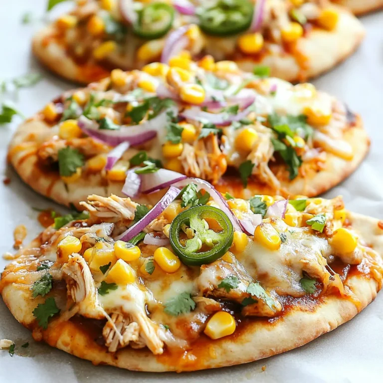 To make BBQ chicken flatbread, gather these ingredients: - 2 flatbreads (store-bought or homemade) - 1 cup cooked chicken, shredded - 1/2 cup BBQ sauce (your choice of flavor) - 1 cup shredded mozzarella cheese - 1/2 red onion, thinly sliced - 1/4 cup fresh cilantro, chopped - 1/2 cup corn kernels (fresh, canned, or frozen) - 1 jalapeño, thinly sliced (optional for heat) - Olive oil for brushing - Salt and black pepper to taste When picking BBQ sauce, consider the flavor you like best. Some sauces are sweet, while others are spicy or smoky. You can even mix different sauces for a unique taste. Look for sauces with natural ingredients. Check the label for added sugars or preservatives. A good sauce will enhance your chicken without overpowering it. You can swap ingredients based on your taste or what you have. Use different cheeses like cheddar or pepper jack for a kick. If you don’t have flatbreads, try pizza dough or tortillas. For a healthier option, use grilled veggies instead of meat. You can skip the jalapeño if you want less heat. Feel free to get creative! {{ingredient_image_1}} Start by preheating your oven to 400°F (200°C). This heat will make the flatbreads crispy. In a bowl, mix the shredded chicken with the BBQ sauce. Make sure the chicken is fully coated. This will give your flatbread a rich flavor. Once mixed, set the bowl aside. Grab your flatbreads and put them on a baking sheet lined with parchment paper. This step helps with easy cleanup. Now, let’s build our masterpiece! Brush the flatbreads lightly with olive oil. This will help them get a nice crisp. Spread the BBQ chicken mixture evenly on each flatbread. Be generous, as this is the star of the dish. Next, sprinkle a cup of shredded mozzarella cheese over the chicken. It melts beautifully and adds creaminess. Then, add the thinly sliced red onion and corn kernels. If you love heat, toss in some jalapeño slices. Finally, season with salt and black pepper to taste. Place the flatbreads in the preheated oven. Bake them for about 12-15 minutes. You want the cheese to melt and bubble. The edges of the flatbread should turn golden brown. When done, take them out and let them cool for a minute. This cooling time helps with slicing. Garnish with fresh cilantro to add color and fresh flavor. Now, you have a delicious BBQ Chicken Flatbread ready to enjoy! To make great BBQ chicken flatbread, focus on a few key steps. Use fresh ingredients. Fresh cilantro and red onion enhance the taste. Choose a BBQ sauce you love. The sauce adds a lot of flavor. Don't skip brushing olive oil on the flatbreads. This step ensures a crispy crust. Bake until the cheese is bubbly and the edges are golden brown. This gives you that perfect texture. Many people rush when making flatbreads, which can lead to mistakes. One common error is not preheating the oven. Always preheat to 400°F (200°C) for best results. Another mistake is overloading the flatbread with toppings. Too many toppings can make it soggy. Stick to the recipe for the right balance. Lastly, don’t forget to let the flatbreads cool before slicing. This helps keep the toppings in place. You can easily make this dish your own. Try different proteins like pulled pork or beef. For a vegetarian option, use grilled veggies or black beans. Change up the cheese, too! Cheddar or pepper jack can add unique flavors. Add toppings like avocado or pineapple for a twist. Spice it up with jalapeños or hot sauce if you like heat. The options are endless, so have fun with it! Pro Tips Use Quality BBQ Sauce: Select a BBQ sauce that complements the chicken and your taste preferences for the best flavor. Experiment with Toppings: Feel free to add your favorite toppings like bell peppers, pineapple, or even different cheeses for a unique twist. Watch Baking Time: Keep an eye on the flatbreads while baking; they can go from perfectly crispy to overdone quickly. Serve Fresh: Enjoy the flatbreads right out of the oven for the best texture and flavor. {{image_2}} You can swap chicken for other proteins. Try pulled pork for a smoky twist. Shredded beef works well too, adding a rich flavor. If you love seafood, use shrimp or crab. These options give your flatbread a new taste. Always mix these proteins with BBQ sauce for that classic flavor. Vegetarian flatbread is easy. Use grilled veggies like zucchini, bell peppers, and mushrooms. These add great taste and texture. For a vegan option, replace cheese with vegan cheese or cashew cream. You can also use tofu or tempeh marinated in BBQ sauce. These options keep the meal hearty and filling. Feel free to experiment with sauces! Try a spicy chipotle sauce for heat. A sweet teriyaki sauce gives a unique flavor too. For a tangy twist, use a mustard-based sauce or ranch dressing. Each sauce will change the taste of your flatbread, so have fun mixing things up! After enjoying your BBQ Chicken Flatbread, store any leftovers right away. Place the flatbread in an airtight container. This keeps moisture in and helps it stay fresh. You can also wrap it in plastic wrap or foil. Avoid stacking flatbreads on top of each other; this can make them soggy. Store them in the fridge for up to three days. To reheat, use your oven for the best results. Preheat your oven to 350°F (175°C). Place the flatbread on a baking sheet. Heat for about 10 minutes, or until the cheese is bubbly. If you're in a hurry, you can use a microwave. But this may make the flatbread chewy. To avoid this, place a cup of water in the microwave with the flatbread. This keeps it moist while reheating. If you want to freeze your BBQ Chicken Flatbread, it's easy. Wrap each flatbread tightly in plastic wrap. Then, place them in a freezer-safe bag. Label the bag with the date. You can freeze them for up to three months. When you're ready to eat, thaw the flatbread in the fridge overnight. Reheat it in the oven as mentioned before. Enjoy that fresh, warm taste again! Yes, you can prepare BBQ Chicken Flatbread ahead of time. Cook the chicken and mix it with BBQ sauce. You can assemble the flatbreads without baking them. Cover and store them in the fridge for up to a day. When ready to eat, just pop them in the oven. Great side dishes pair well with BBQ Chicken Flatbread. Here are a few ideas: - A fresh garden salad for crunch. - Coleslaw for a creamy, tangy bite. - Grilled vegetables for a smoky flavor. - Sweet potato fries for a tasty treat. To make BBQ Chicken Flatbread gluten-free, use gluten-free flatbreads. Many brands offer this option at stores. Ensure that your BBQ sauce is also gluten-free. Check the label to be safe. Enjoy the same great taste without gluten! This blog post covered how to make BBQ Chicken Flatbread from start to finish. We explored ingredients, tips, and substitutions, so your flatbread will shine. You learned key steps for prepping, assembling, and baking for the best texture. We discussed common mistakes to avoid and ways to customize your dish. For the best taste, remember to store leftovers properly and reheat them right. Now, enjoy your BBQ Chicken Flatbread and get creative with flavors. Happy cooking!
