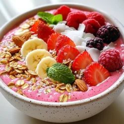 For the base of your smoothie bowl, you need: - 1 cup fresh strawberries, hulled - 1 ripe banana, sliced These fruits bring bright flavors and great nutrition. Strawberries add a sweet, tangy taste. Bananas lend creaminess and natural sweetness, making this bowl tasty and healthy. You can choose your milk: - 1/2 cup Greek yogurt - 1/2 cup almond milk (or any milk of choice) Greek yogurt adds protein and a thick texture. If you want a lighter option, almond milk works well. You can also try oat milk or soy milk for a different flavor. To sweeten your bowl, consider: - 1 tablespoon honey or agave syrup (optional) Adding a sweetener can enhance the flavor. For toppings, I suggest: - Granola - Sliced almonds - Fresh berries - Coconut flakes - Mint leaves These toppings not only add texture but also make your bowl look beautiful. You can mix and match to find your favorite combination. {{ingredient_image_1}} To start making your smoothie bowl, gather your fresh ingredients. You need 1 cup of hulled strawberries and 1 ripe banana. Chop the banana into slices to help it blend smoothly. Next, add these fruits to your blender. Then, pour in 1/2 cup of Greek yogurt and 1/2 cup of almond milk. You can use any milk you like. If you want it sweeter, add 1 tablespoon of honey or agave syrup. Now, toss in 1 tablespoon of chia seeds and 1/4 teaspoon of vanilla extract. This adds flavor and nutrition. Now it’s time to blend! Put the lid on your blender and blend the mixture until it is smooth and creamy. If it seems too thick, add a little more almond milk. Stop to taste the mixture. If you want it sweeter, add more honey and blend again. Pour the smoothie base into a bowl. Use a spatula to smooth the top. This makes it nice and even. Serving your smoothie bowl is fun! You can get creative with toppings. Add a sprinkle of granola for crunch. Place some sliced almonds on top for extra flavor. Use fresh berries to add color and taste. Shredded coconut gives a tropical touch. Finally, add a few mint leaves for a pop of freshness. Serve your smoothie bowl right away with a spoon. Enjoy this bright and tasty treat! To make a smooth and creamy smoothie bowl, blend the ingredients well. Start with fresh strawberries and a ripe banana. These fruits give a thick texture. Use Greek yogurt to add creaminess. If you want it thicker, add less almond milk. For a looser mix, pour in a bit more milk. Always blend until there are no chunks left. Taste your smoothie before serving. If it needs to be sweeter, add honey or agave syrup. Start with one tablespoon and blend again. You can always add more if you want. This way, you control the sweetness. Remember, ripe bananas can add natural sweetness too! Toppings make your smoothie bowl look great. Use granola for crunch. Sliced almonds add a nice texture. Fresh berries keep it colorful. Coconut flakes add a tropical feel. For a pop of green, add mint leaves. Arrange these toppings in a fun way. This will make your bowl look even more inviting! Pro Tips Use Frozen Fruit: For a thicker and colder smoothie bowl, consider using frozen strawberries and bananas instead of fresh ones. This will give you a creamy texture without the need for ice. Customize Your Sweetness: Adjust the sweetness of your smoothie bowl to your taste by starting with less honey or agave syrup, and adding more gradually until you find your perfect balance. Experiment with Toppings: Feel free to get creative with the toppings! Try adding nut butter, seeds, or other fruits like kiwi or mango for a unique flavor and added nutrition. Prep Ahead: For a quick breakfast option, prepare the smoothie base the night before and store it in the fridge. In the morning, just add your toppings and enjoy! {{image_2}} You can switch out strawberries and bananas for fruits in season. Try peaches in summer or apples in fall. Berries like raspberries and blueberries work great too. Each fruit brings its own taste and color. This keeps your smoothie bowl exciting and fresh. Get creative with your choices! If you prefer a dairy-free bowl, use coconut yogurt instead of Greek yogurt. Almond milk is a tasty choice, but soy or oat milk works well too. For sweetness, agave syrup is a great vegan option. This way, you can enjoy a healthy treat without dairy. Want to make your smoothie bowl even better? Add a scoop of protein powder or a tablespoon of nut butter. You can sprinkle in some flaxseeds or hemp seeds for extra nutrition. These add-ons will boost fiber and protein, making your bowl more filling. Enjoy experimenting with different toppings for added health benefits! You can store leftover smoothie bowl in the fridge. Place it in a sealed container. It will stay fresh for up to one day. If you see any brown spots, it's best to toss it. For added taste, try to eat it right away. The flavors are best when fresh. If you want to save the smoothie bowl for later, freezing is a great option. Pour the smoothie base into an ice cube tray or freezer-safe container. It will freeze well for up to one month. When you're ready to eat, just thaw it in the fridge overnight. Blend it again to make it creamy. For toppings, keep them separate from the smoothie base. Store granola, nuts, and berries in airtight containers. They will stay fresh for about a week. If you use coconut flakes, keep them dry to avoid clumping. Fresh mint should stay in a cool place, like the fridge, for a longer life. Always add toppings just before serving for the best crunch and flavor. Yes, you can prepare the smoothie base ahead. Blend the strawberries, banana, yogurt, and milk. Store it in the fridge for up to 24 hours. Just stir it well before serving. However, I recommend adding the toppings right before you eat. This keeps them fresh and crunchy. If you need a substitute, use regular yogurt or plant-based yogurt. Coconut or almond yogurt works well. You can also use silken tofu for a dairy-free option. Just blend it until smooth to keep that creamy texture. To make your smoothie bowl more filling, add a scoop of protein powder or nut butter. You can also mix in oats or a banana. This will give you more energy and help you stay full longer. Yes, you can use seeds instead of nuts for toppings. Sunflower seeds and pumpkin seeds are great choices. Fresh fruits like berries or sliced kiwi add color and taste without nuts. You can also use granola that is nut-free for extra crunch. We’ve covered how to make a delicious smoothie bowl with fresh ingredients and dairy options. I shared tips for blending, serving, and presenting your bowl. You can adjust sweetness and toppings to make it look great. Variations let you explore seasonal fruits and nutritional boosts. Remember these storage tips for freshness. Enjoy creating your own unique smoothie bowls that feel special and taste amazing!