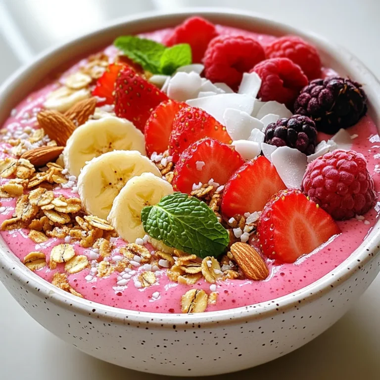 For the base of your smoothie bowl, you need: - 1 cup fresh strawberries, hulled - 1 ripe banana, sliced These fruits bring bright flavors and great nutrition. Strawberries add a sweet, tangy taste. Bananas lend creaminess and natural sweetness, making this bowl tasty and healthy. You can choose your milk: - 1/2 cup Greek yogurt - 1/2 cup almond milk (or any milk of choice) Greek yogurt adds protein and a thick texture. If you want a lighter option, almond milk works well. You can also try oat milk or soy milk for a different flavor. To sweeten your bowl, consider: - 1 tablespoon honey or agave syrup (optional) Adding a sweetener can enhance the flavor. For toppings, I suggest: - Granola - Sliced almonds - Fresh berries - Coconut flakes - Mint leaves These toppings not only add texture but also make your bowl look beautiful. You can mix and match to find your favorite combination. {{ingredient_image_1}} To start making your smoothie bowl, gather your fresh ingredients. You need 1 cup of hulled strawberries and 1 ripe banana. Chop the banana into slices to help it blend smoothly. Next, add these fruits to your blender. Then, pour in 1/2 cup of Greek yogurt and 1/2 cup of almond milk. You can use any milk you like. If you want it sweeter, add 1 tablespoon of honey or agave syrup. Now, toss in 1 tablespoon of chia seeds and 1/4 teaspoon of vanilla extract. This adds flavor and nutrition. Now it’s time to blend! Put the lid on your blender and blend the mixture until it is smooth and creamy. If it seems too thick, add a little more almond milk. Stop to taste the mixture. If you want it sweeter, add more honey and blend again. Pour the smoothie base into a bowl. Use a spatula to smooth the top. This makes it nice and even. Serving your smoothie bowl is fun! You can get creative with toppings. Add a sprinkle of granola for crunch. Place some sliced almonds on top for extra flavor. Use fresh berries to add color and taste. Shredded coconut gives a tropical touch. Finally, add a few mint leaves for a pop of freshness. Serve your smoothie bowl right away with a spoon. Enjoy this bright and tasty treat! To make a smooth and creamy smoothie bowl, blend the ingredients well. Start with fresh strawberries and a ripe banana. These fruits give a thick texture. Use Greek yogurt to add creaminess. If you want it thicker, add less almond milk. For a looser mix, pour in a bit more milk. Always blend until there are no chunks left. Taste your smoothie before serving. If it needs to be sweeter, add honey or agave syrup. Start with one tablespoon and blend again. You can always add more if you want. This way, you control the sweetness. Remember, ripe bananas can add natural sweetness too! Toppings make your smoothie bowl look great. Use granola for crunch. Sliced almonds add a nice texture. Fresh berries keep it colorful. Coconut flakes add a tropical feel. For a pop of green, add mint leaves. Arrange these toppings in a fun way. This will make your bowl look even more inviting! Pro Tips Use Frozen Fruit: For a thicker and colder smoothie bowl, consider using frozen strawberries and bananas instead of fresh ones. This will give you a creamy texture without the need for ice. Customize Your Sweetness: Adjust the sweetness of your smoothie bowl to your taste by starting with less honey or agave syrup, and adding more gradually until you find your perfect balance. Experiment with Toppings: Feel free to get creative with the toppings! Try adding nut butter, seeds, or other fruits like kiwi or mango for a unique flavor and added nutrition. Prep Ahead: For a quick breakfast option, prepare the smoothie base the night before and store it in the fridge. In the morning, just add your toppings and enjoy! {{image_2}} You can switch out strawberries and bananas for fruits in season. Try peaches in summer or apples in fall. Berries like raspberries and blueberries work great too. Each fruit brings its own taste and color. This keeps your smoothie bowl exciting and fresh. Get creative with your choices! If you prefer a dairy-free bowl, use coconut yogurt instead of Greek yogurt. Almond milk is a tasty choice, but soy or oat milk works well too. For sweetness, agave syrup is a great vegan option. This way, you can enjoy a healthy treat without dairy. Want to make your smoothie bowl even better? Add a scoop of protein powder or a tablespoon of nut butter. You can sprinkle in some flaxseeds or hemp seeds for extra nutrition. These add-ons will boost fiber and protein, making your bowl more filling. Enjoy experimenting with different toppings for added health benefits! You can store leftover smoothie bowl in the fridge. Place it in a sealed container. It will stay fresh for up to one day. If you see any brown spots, it's best to toss it. For added taste, try to eat it right away. The flavors are best when fresh. If you want to save the smoothie bowl for later, freezing is a great option. Pour the smoothie base into an ice cube tray or freezer-safe container. It will freeze well for up to one month. When you're ready to eat, just thaw it in the fridge overnight. Blend it again to make it creamy. For toppings, keep them separate from the smoothie base. Store granola, nuts, and berries in airtight containers. They will stay fresh for about a week. If you use coconut flakes, keep them dry to avoid clumping. Fresh mint should stay in a cool place, like the fridge, for a longer life. Always add toppings just before serving for the best crunch and flavor. Yes, you can prepare the smoothie base ahead. Blend the strawberries, banana, yogurt, and milk. Store it in the fridge for up to 24 hours. Just stir it well before serving. However, I recommend adding the toppings right before you eat. This keeps them fresh and crunchy. If you need a substitute, use regular yogurt or plant-based yogurt. Coconut or almond yogurt works well. You can also use silken tofu for a dairy-free option. Just blend it until smooth to keep that creamy texture. To make your smoothie bowl more filling, add a scoop of protein powder or nut butter. You can also mix in oats or a banana. This will give you more energy and help you stay full longer. Yes, you can use seeds instead of nuts for toppings. Sunflower seeds and pumpkin seeds are great choices. Fresh fruits like berries or sliced kiwi add color and taste without nuts. You can also use granola that is nut-free for extra crunch. We’ve covered how to make a delicious smoothie bowl with fresh ingredients and dairy options. I shared tips for blending, serving, and presenting your bowl. You can adjust sweetness and toppings to make it look great. Variations let you explore seasonal fruits and nutritional boosts. Remember these storage tips for freshness. Enjoy creating your own unique smoothie bowls that feel special and taste amazing!