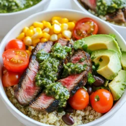 To make Chimichurri Steak Bowls, you need fresh and vibrant ingredients. Here’s a list of what to gather: - 1 lb flank steak - 2 tablespoons olive oil - Salt and pepper, to taste - 1 cup cooked quinoa or brown rice - 1 cup cherry tomatoes, halved - 1 avocado, sliced - 1 cup corn kernels (fresh, frozen, or canned) - 1 cup black beans, rinsed and drained - 1 tablespoon lime juice - Fresh cilantro, for garnish These ingredients create a colorful and hearty meal. The steak pairs well with the fresh toppings. Preparing the flank steak is simple. First, rub it with olive oil. This helps the seasoning stick. Next, season it generously with salt and pepper. This improves the flavor. Grill the steak over medium-high heat. Cook for about 5-7 minutes on each side for medium-rare. You can adjust the time based on how you like your steak. After cooking, let the steak rest for 5 minutes. This makes it juicy and easier to slice. For the chimichurri sauce, gather these items: - 1 cup fresh parsley, chopped - 1/2 cup fresh cilantro, chopped - 3 cloves garlic, minced - 1/2 teaspoon red pepper flakes - 1/3 cup olive oil - 2 tablespoons red wine vinegar (or lemon juice for a non-vinegar option) - Salt, to taste To make the sauce, mix the chopped parsley, cilantro, minced garlic, and red pepper flakes in a bowl. Add olive oil and red wine vinegar. Season with salt. This sauce adds a zesty kick to your steak bowls. Let it sit to blend the flavors. {{ingredient_image_1}} To make the chimichurri sauce, grab a mixing bowl. Add 1 cup of fresh parsley and ½ cup of fresh cilantro, both chopped. Next, add 3 minced garlic cloves. Sprinkle in ½ teaspoon of red pepper flakes for a little heat. Pour in ⅓ cup of olive oil and 2 tablespoons of red wine vinegar. If you prefer, you can swap the vinegar for lemon juice. Season with salt to taste, then mix everything well. Let the sauce sit so the flavors blend together. Start by heating your grill or skillet over medium-high heat. Rub 1 pound of flank steak with 2 tablespoons of olive oil. Season it generously with salt and pepper. Grill the steak for about 5-7 minutes on each side. This timing gives you a medium-rare steak. Adjust the time based on your preferred doneness. Once cooked, remove the steak from heat and let it rest for 5 minutes. After resting, slice the steak into thin strips for easy serving. Now it's time to put your chimichurri steak bowls together. Begin with a base of 1 cup of cooked quinoa or brown rice in each bowl. Next, add your sliced flank steak on top. Then, add 1 cup of halved cherry tomatoes and 1 sliced avocado. Follow this with 1 cup of corn kernels and 1 cup of black beans, which should be rinsed and drained. Drizzle the chimichurri sauce generously over everything. For a final touch, squeeze some lime juice over the bowls and garnish with fresh cilantro. Serve and enjoy your colorful, tasty meal! To grill a great flank steak, start with a hot grill. Heat it to medium-high. This helps sear the meat and lock in juices. Rub the steak with olive oil and season with salt and pepper. Grill for 5-7 minutes on each side for medium-rare. Use a meat thermometer if you want to check doneness. Let it rest for 5 minutes after cooking. This keeps the steak tender and juicy. To boost the flavor of your chimichurri, use fresh herbs. The more vibrant the herbs, the better the taste. Add more garlic for a stronger kick or adjust the red pepper flakes for heat. Mixing in lemon juice can add brightness, too. Let the chimichurri sit for at least 10 minutes before using. This allows the flavors to blend beautifully. For a beautiful steak bowl, layer your ingredients. Start with quinoa or brown rice at the bottom. Add the grilled steak slices on top. Then, arrange cherry tomatoes, avocado, corn, and black beans in a colorful display. Drizzle with chimichurri sauce last. For an extra touch, garnish with lime juice and fresh cilantro. Serve extra chimichurri in small bowls on the side for guests to enjoy. Pro Tips Rest the Steak: Letting the steak rest for a few minutes after cooking helps retain its juices, ensuring each bite is tender and flavorful. Customize the Chimichurri: Feel free to experiment with additional herbs like oregano or mint in the chimichurri sauce for a unique twist. Use Fresh Ingredients: Using fresh ingredients, especially for the chimichurri sauce, will elevate the flavors and freshness of your dish. Layer for Presentation: Arrange the ingredients in colorful layers to create an inviting and visually appealing steak bowl that is perfect for serving. {{image_2}} If you're not into steak, you can try other proteins. Chicken, shrimp, and tofu work great. For chicken, grill or sauté it just like the flank steak. Shrimp cooks quickly and adds a nice touch. Tofu absorbs flavors well, making it a solid choice for a plant-based meal. Choose what you like best! Quinoa and brown rice are both tasty options. Quinoa cooks faster and has more protein. It gives a nice nutty flavor. Brown rice is heartier and adds fiber. You can mix them too! Use what you have at home or what you prefer. Toppings can take your Chimichurri Steak Bowls to the next level. Add fresh corn, jalapeños, or radishes for crunch. You can also include shredded cheese or a dollop of sour cream for creaminess. Try different herbs like basil or mint to change the flavor. Let your creativity shine! Store leftover chimichurri steak bowls in airtight containers. Keep them in the fridge for up to three days. If you separate the ingredients, they will stay fresh longer. Place the steak, grains, and veggies in different containers. This helps keep everything tasty. When reheating, use the microwave or a skillet. For the microwave, place your bowl on medium heat. Heat it in short bursts to avoid overcooking. For the skillet, warm it on low heat. Add a splash of water to keep it moist. This way, the steak stays juicy and the veggies crisp. You can freeze chimichurri steak bowls for easy meals later. Pack the steak and veggies in freezer-safe bags. Avoid freezing avocado, as it turns brown. When ready to eat, thaw in the fridge overnight. Reheat as mentioned for the best taste and texture. You can use skirt steak or sirloin steak as a substitute for flank steak. Both cuts have great flavor and tenderness. Chicken breast or tofu also works well for a lighter option. If you prefer plant-based protein, try tempeh or seitan. These substitutes will still allow you to enjoy the tasty chimichurri sauce. Chimichurri sauce can be stored in the fridge for up to one week. Make sure to keep it in an airtight container. The flavors will continue to develop as it sits. If you want to keep it longer, you can freeze it for up to three months. Just thaw it in the fridge before using. Chimichurri sauce has a mild heat due to red pepper flakes. You can adjust the spice level by adding more or less. If you want it spicy, add extra red pepper flakes or even fresh chili. For a milder flavor, you can skip the flakes altogether. Yes, you can prepare Chimichurri Steak Bowls ahead of time. Cook the steak, quinoa, and veggies in advance. Store each component separately in the fridge. When you're ready to eat, assemble the bowls and drizzle with chimichurri sauce. This makes for a quick, healthy meal during busy days. Chimichurri Steak Bowls pair well with a light salad or grilled vegetables. You might add some crusty bread on the side for extra texture. A refreshing drink like iced tea or lemonade complements the dish nicely. For dessert, consider a fruit salad or sorbet to end your meal on a sweet note. Chimichurri Steak Bowls are a flavorful dish made with simple ingredients. We covered the key components, from juicy flank steak to zesty chimichurri sauce. I shared how to prepare, cook, and assemble your bowls for a tasty meal. Tips on grilling and bold flavor enhancements help you nail it. You can also customize the dish with various proteins and grains. Whether you store leftovers or reheat, keep flavor intact. Enjoy making your own Chimichurri Steak Bowls! They are sure to impress at any meal.