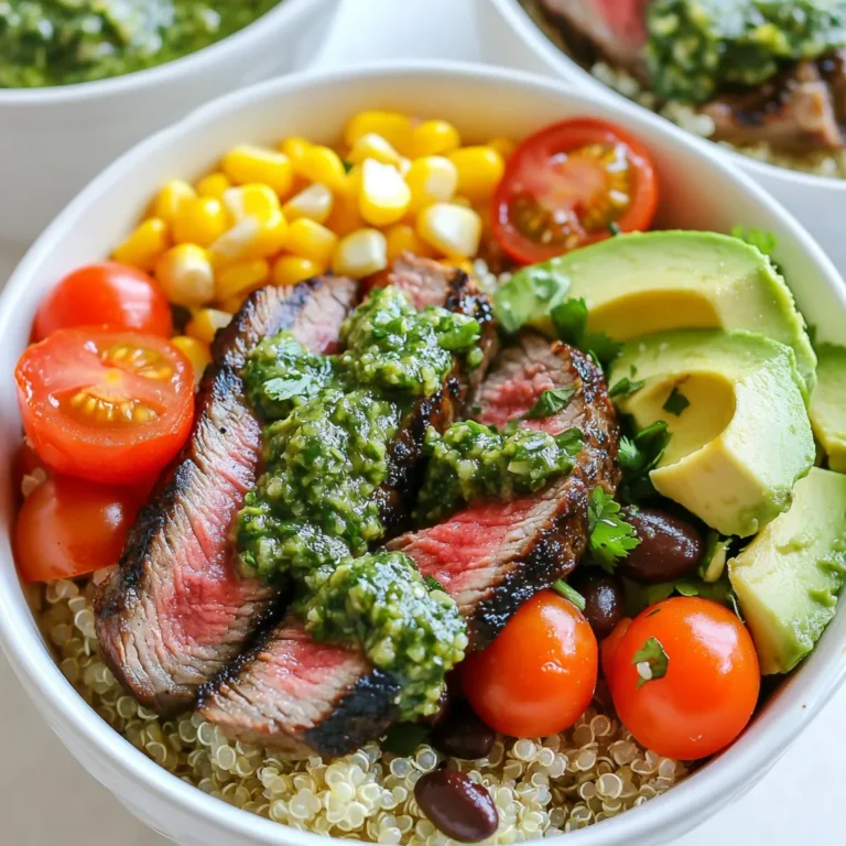 To make Chimichurri Steak Bowls, you need fresh and vibrant ingredients. Here’s a list of what to gather: - 1 lb flank steak - 2 tablespoons olive oil - Salt and pepper, to taste - 1 cup cooked quinoa or brown rice - 1 cup cherry tomatoes, halved - 1 avocado, sliced - 1 cup corn kernels (fresh, frozen, or canned) - 1 cup black beans, rinsed and drained - 1 tablespoon lime juice - Fresh cilantro, for garnish These ingredients create a colorful and hearty meal. The steak pairs well with the fresh toppings. Preparing the flank steak is simple. First, rub it with olive oil. This helps the seasoning stick. Next, season it generously with salt and pepper. This improves the flavor. Grill the steak over medium-high heat. Cook for about 5-7 minutes on each side for medium-rare. You can adjust the time based on how you like your steak. After cooking, let the steak rest for 5 minutes. This makes it juicy and easier to slice. For the chimichurri sauce, gather these items: - 1 cup fresh parsley, chopped - 1/2 cup fresh cilantro, chopped - 3 cloves garlic, minced - 1/2 teaspoon red pepper flakes - 1/3 cup olive oil - 2 tablespoons red wine vinegar (or lemon juice for a non-vinegar option) - Salt, to taste To make the sauce, mix the chopped parsley, cilantro, minced garlic, and red pepper flakes in a bowl. Add olive oil and red wine vinegar. Season with salt. This sauce adds a zesty kick to your steak bowls. Let it sit to blend the flavors. {{ingredient_image_1}} To make the chimichurri sauce, grab a mixing bowl. Add 1 cup of fresh parsley and ½ cup of fresh cilantro, both chopped. Next, add 3 minced garlic cloves. Sprinkle in ½ teaspoon of red pepper flakes for a little heat. Pour in ⅓ cup of olive oil and 2 tablespoons of red wine vinegar. If you prefer, you can swap the vinegar for lemon juice. Season with salt to taste, then mix everything well. Let the sauce sit so the flavors blend together. Start by heating your grill or skillet over medium-high heat. Rub 1 pound of flank steak with 2 tablespoons of olive oil. Season it generously with salt and pepper. Grill the steak for about 5-7 minutes on each side. This timing gives you a medium-rare steak. Adjust the time based on your preferred doneness. Once cooked, remove the steak from heat and let it rest for 5 minutes. After resting, slice the steak into thin strips for easy serving. Now it's time to put your chimichurri steak bowls together. Begin with a base of 1 cup of cooked quinoa or brown rice in each bowl. Next, add your sliced flank steak on top. Then, add 1 cup of halved cherry tomatoes and 1 sliced avocado. Follow this with 1 cup of corn kernels and 1 cup of black beans, which should be rinsed and drained. Drizzle the chimichurri sauce generously over everything. For a final touch, squeeze some lime juice over the bowls and garnish with fresh cilantro. Serve and enjoy your colorful, tasty meal! To grill a great flank steak, start with a hot grill. Heat it to medium-high. This helps sear the meat and lock in juices. Rub the steak with olive oil and season with salt and pepper. Grill for 5-7 minutes on each side for medium-rare. Use a meat thermometer if you want to check doneness. Let it rest for 5 minutes after cooking. This keeps the steak tender and juicy. To boost the flavor of your chimichurri, use fresh herbs. The more vibrant the herbs, the better the taste. Add more garlic for a stronger kick or adjust the red pepper flakes for heat. Mixing in lemon juice can add brightness, too. Let the chimichurri sit for at least 10 minutes before using. This allows the flavors to blend beautifully. For a beautiful steak bowl, layer your ingredients. Start with quinoa or brown rice at the bottom. Add the grilled steak slices on top. Then, arrange cherry tomatoes, avocado, corn, and black beans in a colorful display. Drizzle with chimichurri sauce last. For an extra touch, garnish with lime juice and fresh cilantro. Serve extra chimichurri in small bowls on the side for guests to enjoy. Pro Tips Rest the Steak: Letting the steak rest for a few minutes after cooking helps retain its juices, ensuring each bite is tender and flavorful. Customize the Chimichurri: Feel free to experiment with additional herbs like oregano or mint in the chimichurri sauce for a unique twist. Use Fresh Ingredients: Using fresh ingredients, especially for the chimichurri sauce, will elevate the flavors and freshness of your dish. Layer for Presentation: Arrange the ingredients in colorful layers to create an inviting and visually appealing steak bowl that is perfect for serving. {{image_2}} If you're not into steak, you can try other proteins. Chicken, shrimp, and tofu work great. For chicken, grill or sauté it just like the flank steak. Shrimp cooks quickly and adds a nice touch. Tofu absorbs flavors well, making it a solid choice for a plant-based meal. Choose what you like best! Quinoa and brown rice are both tasty options. Quinoa cooks faster and has more protein. It gives a nice nutty flavor. Brown rice is heartier and adds fiber. You can mix them too! Use what you have at home or what you prefer. Toppings can take your Chimichurri Steak Bowls to the next level. Add fresh corn, jalapeños, or radishes for crunch. You can also include shredded cheese or a dollop of sour cream for creaminess. Try different herbs like basil or mint to change the flavor. Let your creativity shine! Store leftover chimichurri steak bowls in airtight containers. Keep them in the fridge for up to three days. If you separate the ingredients, they will stay fresh longer. Place the steak, grains, and veggies in different containers. This helps keep everything tasty. When reheating, use the microwave or a skillet. For the microwave, place your bowl on medium heat. Heat it in short bursts to avoid overcooking. For the skillet, warm it on low heat. Add a splash of water to keep it moist. This way, the steak stays juicy and the veggies crisp. You can freeze chimichurri steak bowls for easy meals later. Pack the steak and veggies in freezer-safe bags. Avoid freezing avocado, as it turns brown. When ready to eat, thaw in the fridge overnight. Reheat as mentioned for the best taste and texture. You can use skirt steak or sirloin steak as a substitute for flank steak. Both cuts have great flavor and tenderness. Chicken breast or tofu also works well for a lighter option. If you prefer plant-based protein, try tempeh or seitan. These substitutes will still allow you to enjoy the tasty chimichurri sauce. Chimichurri sauce can be stored in the fridge for up to one week. Make sure to keep it in an airtight container. The flavors will continue to develop as it sits. If you want to keep it longer, you can freeze it for up to three months. Just thaw it in the fridge before using. Chimichurri sauce has a mild heat due to red pepper flakes. You can adjust the spice level by adding more or less. If you want it spicy, add extra red pepper flakes or even fresh chili. For a milder flavor, you can skip the flakes altogether. Yes, you can prepare Chimichurri Steak Bowls ahead of time. Cook the steak, quinoa, and veggies in advance. Store each component separately in the fridge. When you're ready to eat, assemble the bowls and drizzle with chimichurri sauce. This makes for a quick, healthy meal during busy days. Chimichurri Steak Bowls pair well with a light salad or grilled vegetables. You might add some crusty bread on the side for extra texture. A refreshing drink like iced tea or lemonade complements the dish nicely. For dessert, consider a fruit salad or sorbet to end your meal on a sweet note. Chimichurri Steak Bowls are a flavorful dish made with simple ingredients. We covered the key components, from juicy flank steak to zesty chimichurri sauce. I shared how to prepare, cook, and assemble your bowls for a tasty meal. Tips on grilling and bold flavor enhancements help you nail it. You can also customize the dish with various proteins and grains. Whether you store leftovers or reheat, keep flavor intact. Enjoy making your own Chimichurri Steak Bowls! They are sure to impress at any meal.