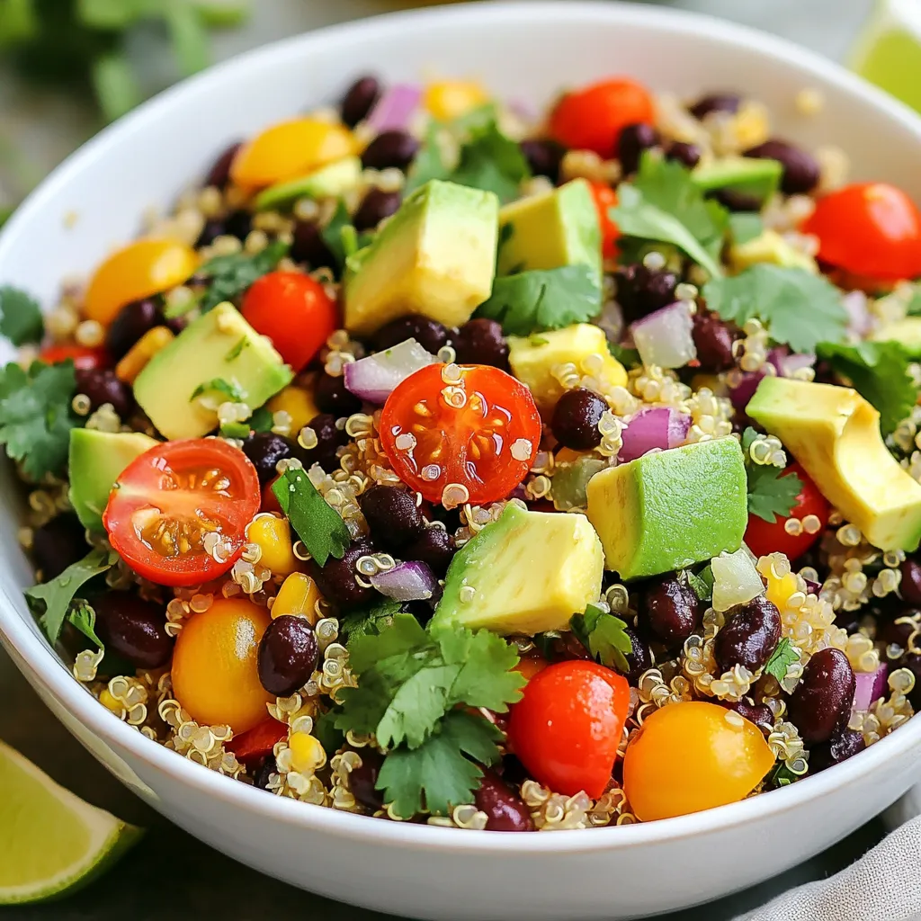 - 1 cup quinoa, rinsed - 1 can (15 oz) black beans, drained and rinsed - 1 red bell pepper, diced - 1 cup cherry tomatoes, halved - 1 small red onion, finely chopped - 1 avocado, diced - 1/4 cup fresh cilantro, chopped In this salad, quinoa and black beans shine. Quinoa is a grain that cooks fluffy and light. Black beans add protein and rich flavor. Fresh vegetables bring crunch and color. The red bell pepper adds sweetness, while cherry tomatoes burst with juice. The red onion gives a sharp bite, and avocado adds creaminess. - Juice of 2 limes - 2 tablespoons olive oil - 1 teaspoon cumin - 1/2 teaspoon chili powder - Salt and pepper to taste The dressing is where the magic happens. Lime juice adds brightness and tang. Olive oil smooths the dressing and brings richness. Cumin and chili powder give warmth and depth. A touch of salt and pepper rounds out the flavors. - Fresh cilantro - Lime wedges Garnishes add the final touch. Fresh cilantro gives a herbaceous note and color. Lime wedges let you add more zing to each bite. These additions elevate your salad and make it more vibrant. {{ingredient_image_1}} Start by pouring 2 cups of water or vegetable broth into a medium saucepan. Bring it to a boil over high heat. This broth adds flavor to the quinoa. Once it boils, you are ready for the next step. Add 1 cup of rinsed quinoa to the boiling water. Stir it once, then lower the heat. Cover the pot and let it simmer for about 15 minutes. You want the quinoa to absorb all the liquid. Once done, remove it from the heat and let it cool. This cooling step is important for mixing later. In a large bowl, add one can of drained and rinsed black beans. Then, toss in a diced red bell pepper, halved cherry tomatoes, finely chopped red onion, and diced avocado. Gently mix these fresh ingredients. This mix brings color and taste to your salad. Once the quinoa has cooled, add it to the vegetable mix. Use a spatula to fold it in gently. This helps keep the quinoa fluffy. Make sure everything is well combined, so each bite is full of flavor. In a small bowl, whisk together the juice of two limes, 2 tablespoons of olive oil, 1 teaspoon of cumin, and 1/2 teaspoon of chili powder. Season it with salt and pepper to taste. Whisk until smooth. This dressing adds zesty flavor to the salad. Drizzle the dressing over the quinoa and vegetable mix. Use a spatula to gently fold everything together. Make sure the dressing coats all the ingredients. The salad needs to sit for 10-15 minutes. This wait lets the flavors blend and deepen. To get fluffy quinoa, rinse it well before cooking. This step removes bitterness. Use a fine mesh strainer and rinse under cool water. Bring water or broth to a boil before adding quinoa. Reduce heat and cover. Cook for about 15 minutes until all liquid is gone. Remove it from heat and let it cool. When mixing ingredients, do it gently. This helps keep the avocado intact. A light hand keeps the salad looking fresh and bright. Tossing too hard can mash your veggies. For more flavor, adjust your spices. Add extra cumin or chili powder for a kick. If you like it spicy, try a pinch of cayenne pepper. Taste the dressing before adding it to the salad. You can add salt and pepper to suit your taste. Let the salad sit for 10-15 minutes after mixing. This helps the flavors blend. The lime juice softens the veggies and makes them tasty. Serve the salad in a bright bowl. Use a large bowl to show off the colors. Layer the ingredients for a fun look. Start with quinoa, then add beans, and top with veggies. For garnishing, add fresh cilantro leaves on top. Squeeze lime wedges around the bowl. This adds color and freshness. Your salad will look as good as it tastes! Pro Tips Rinse the Quinoa: Always rinse quinoa under cold water before cooking to remove its natural coating, called saponin, which can impart a bitter taste. Customize Your Veggies: Feel free to substitute or add your favorite vegetables to the salad, such as corn, cucumber, or zucchini for added texture and flavor. Let It Chill: For the best flavor, let the salad chill in the refrigerator for at least 30 minutes before serving, allowing the ingredients to meld beautifully. Avocado Tips: To prevent the avocado from browning, add it just before serving or toss it with lime juice for extra protection against oxidation. {{image_2}} Substitute for Quinoa You can replace quinoa with rice or couscous. Brown rice adds more fiber. If you want a gluten-free option, try millet or amaranth. These grains give a nice texture and taste. Alternate Beans and Vegetables You can use chickpeas or kidney beans instead of black beans. Each bean offers a different flavor. Try adding corn, cucumber, or shredded carrots for more crunch. The salad will still taste great! Vegan and Gluten-Free Options This salad is already vegan and gluten-free. All the ingredients are plant-based. You can enjoy it without worry if you follow these diets. Add-ons for Protein To boost protein, add grilled chicken, shrimp, or tofu. These will make the salad more filling. Nuts or seeds like pumpkin or sunflower seeds work too. They add a nice crunch! Different Citrus or Oil Choices Try lemon juice or orange juice instead of lime. Each citrus gives the salad a unique twist. You can also switch olive oil for avocado oil for a richer flavor. Experimenting with Fresh Herbs Add fresh parsley, basil, or mint for a fresh taste. Each herb brings its own unique flavor. Mixing different herbs can make the salad even more exciting! Store the Zesty Quinoa Black Bean Salad in an airtight container. This keeps it fresh. It lasts about 3 to 5 days in the fridge. If you notice any change in smell or appearance, it’s best to toss it. Can it be frozen? Yes, but I recommend freezing only the quinoa and beans. Fresh veggies do not freeze well. To freeze, pack the salad tightly in a freezer-safe container. When you’re ready to use it, thaw the quinoa and beans overnight in the fridge. Avoid using the microwave to thaw, as it can change the texture. Reheat the quinoa and beans in a saucepan over low heat. You can add a splash of lime juice for extra flavor. Mix in fresh veggies right before serving to keep them crisp. For a fresh taste, add a bit more lime juice and olive oil. Toss in some chopped cilantro or diced avocado to make it vibrant again. This really brings back that zesty flavor! To cook quinoa, start by rinsing it well. This step removes bitter saponins. Use a fine mesh strainer for best results. Rinsing helps make the quinoa taste great. For cooking, you can use water or vegetable broth. I prefer broth for extra flavor. Bring the liquid to a boil, then add the rinsed quinoa. Lower the heat, cover the pot, and let it simmer for about 15 minutes. Once done, let it cool before using. You can also cook quinoa in a rice cooker or Instant Pot. Follow the same water ratio, but adjust the time as needed. Yes, you can make this salad ahead! I recommend prepping the quinoa and veggies in advance. Mix them together just before serving. This keeps everything fresh and crisp. Store the salad in an airtight container in the fridge. It will stay good for up to three days. If you add avocado, do this right before serving to avoid browning. Quinoa is a complete protein. It has all nine essential amino acids. This makes it great for vegetarians and vegans. It also has fiber, which helps digestion. Black beans are rich in protein and fiber too. They support heart health and keep you full. Compared to other grains, quinoa has more protein and fiber than rice or wheat. Together, they make a powerful combo for your meals! This blog post showed you how to make a healthy quinoa salad. We covered the main ingredients, like black beans and fresh vegetables. You learned easy steps to cook quinoa, combine ingredients, and whip up a tasty dressing. My final thoughts? This salad is versatile and packed with nutrition. You can customize it to suit your tastes. Enjoy trying different flavors and storing leftovers for later. Happy cooking!