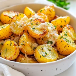 To make Garlic Parmesan Roasted Potatoes, you need a few key ingredients. These ingredients create the perfect blend of flavor and crispiness. Here’s what you will need: - 2 pounds baby potatoes, halved - 4 tablespoons olive oil - 4 cloves garlic, minced - 1 teaspoon dried rosemary - 1 teaspoon dried thyme - 1 teaspoon paprika - ½ cup grated Parmesan cheese - Salt and pepper to taste - Fresh parsley, chopped (for garnish) Knowing how much of each ingredient to use is key to a great dish. Here’s a simple guide: - Baby potatoes: Use 2 pounds. Halve them for even cooking. - Olive oil: 4 tablespoons will coat the potatoes well. - Garlic: 4 cloves of minced garlic give a strong flavor. - Dried rosemary: 1 teaspoon adds a lovely herbal note. - Dried thyme: 1 teaspoon brings warmth to the dish. - Paprika: 1 teaspoon adds a nice color and taste. - Parmesan cheese: ½ cup gives a rich, cheesy crust. - Salt and pepper: Add to taste for the right seasoning. - Fresh parsley: Use it for garnish, which adds color. You can also customize your potatoes with some fun extras. Here are a few ideas: - Chili flakes: For a bit of heat, sprinkle some on before baking. - Lemon zest: A little zest can brighten the flavor. - Other herbs: Try fresh basil or chives for a different taste. - Extra cheese: Mix in a different cheese like cheddar for a twist. Feel free to mix and match these ingredients to suit your taste! {{ingredient_image_1}} Start with 2 pounds of baby potatoes. Rinse them well under cold water. This removes dirt and grit. Next, cut the potatoes in half. Make sure all pieces are about the same size. This helps them cook evenly. Place the halved potatoes in a large bowl. Now, let’s add flavor! Pour 4 tablespoons of olive oil over the potatoes. Add 4 cloves of minced garlic for a strong taste. Sprinkle in 1 teaspoon each of dried rosemary and dried thyme. Don’t forget 1 teaspoon of paprika for color. Season with salt and pepper to taste. Mix everything well until the potatoes are fully coated. This step is key for great flavor. Preheat your oven to 425°F (220°C). Line a baking sheet with parchment paper for easy cleanup. Spread the seasoned potatoes cut side down on the sheet. Make sure they are in a single layer. This helps them get crispy. Roast for about 25 minutes, turning them halfway. Look for a golden color and tender texture. After roasting, sprinkle ½ cup of grated Parmesan cheese on top. Return the baking sheet to the oven for 5 more minutes. You want the cheese to melt and become slightly crispy. Let the potatoes cool for a few minutes before serving. Garnish with chopped parsley for a fresh touch. To get the best flavor from your garlic and herbs, use fresh garlic. Fresh garlic gives a strong taste. You can also roast it to bring out sweetness. For herbs, dried rosemary and thyme work well. Mix them with the olive oil before adding to the potatoes. This helps the oils soak into the potatoes. You can add a pinch of red pepper flakes for a kick. For even cooking and nice browning, cut the baby potatoes in half. This exposes more surface area. Place them cut side down on the baking sheet. Use a large baking sheet to avoid crowding. If the potatoes touch, they won’t brown well. Flip the potatoes halfway through roasting. This helps them cook evenly and get crispy all over. Serve your garlic Parmesan roasted potatoes warm. A rustic bowl adds charm. Drizzle extra olive oil on top for a glossy finish. Sprinkle more Parmesan for extra flavor. These potatoes pair well with grilled chicken or fish. You can also serve them with a fresh salad. Add a squeeze of lemon for brightness. Enjoy your meal with family and friends! Pro Tips Cut Uniformly: Ensure that all potato halves are cut to a similar size for even cooking and browning. Use Fresh Herbs: For a more vibrant flavor, consider using fresh rosemary and thyme instead of dried. Adjust Cooking Time: Depending on your oven, you may need to adjust the roasting time. Keep an eye on the potatoes to prevent burning. Experiment with Cheese: Try adding a mix of cheeses like mozzarella or cheddar for a different flavor profile. {{image_2}} You can easily change the taste of Garlic Parmesan Roasted Potatoes. If you want heat, add red pepper flakes. A pinch of cayenne pepper gives a nice kick. For a smoky flavor, use smoked paprika instead of regular paprika. You can also swap in your favorite herbs. Try oregano or basil for a twist. Mixing in some lemon zest adds brightness, too. While Parmesan shines in this dish, you can use other cheeses. Grated Pecorino Romano gives a sharper taste. For a creamier texture, try mozzarella or fontina. If you want something strong, blue cheese crumbles add great flavor. Nutritional yeast is a great dairy-free option, giving a cheesy taste without the cheese. Add different veggies for a colorful dish. Carrots, bell peppers, or zucchini work well. Just cut them to the same size as the potatoes. Toss them in the same seasoning mix to keep flavors balanced. You can even throw in some green beans or asparagus for a fresh crunch. Mixing vegetables makes this dish more fun and nutritious. To store your garlic Parmesan roasted potatoes, let them cool first. Place them in an airtight container. Make sure to keep them in the fridge. They will stay fresh for up to three days. If you want to keep them longer, consider freezing them. To reheat your roasted potatoes, I recommend using an oven. Preheat your oven to 400°F (200°C). Spread the potatoes on a baking sheet. Heat them for about 10 to 15 minutes. This keeps them crispy. You can also use a microwave, but the texture may change. If you use a microwave, heat them for about 1 to 2 minutes. Yes, you can freeze garlic Parmesan roasted potatoes! First, let them cool completely. Then, place them in a freezer-safe bag or container. They will stay good for up to two months. When you’re ready to eat, thaw them in the fridge overnight. Reheat them in the oven for the best taste and texture. Yes, you can use regular potatoes. Just cut them into smaller pieces. Aim for similar sizes to ensure even cooking. I suggest using Yukon Gold or Russet potatoes for the best flavor. These types will give you a great texture and taste. You can use dairy-free cheese as a substitute for Parmesan. Nutritional yeast also adds a cheesy flavor without dairy. You could also skip the cheese altogether and add more herbs or spices for flavor. Experimenting with different toppings can make this dish just as tasty! If you don’t have fresh garlic, garlic powder works well. Use about 1 teaspoon of garlic powder for every clove of fresh garlic. This swap will still give you that great garlic flavor. You can also try onion powder for a different twist. We’ve explored how to make tasty Garlic Parmesan Roasted Potatoes. First, we covered essential ingredients and measurements. Then, I shared step-by-step instructions, from prepping to roasting. I also offered tips for maximum flavor and even cooking. You can mix in different spices, cheeses, or veggies to customize your dish. Lastly, I provided storage tips to keep leftovers fresh. Remember, cooking is fun! Enjoy experimenting with flavors and techniques. Your perfect roasted potatoes await!