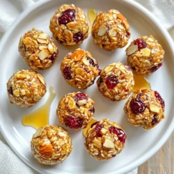 To make Cranberry Almond Energy Bites, you need these simple ingredients: - 1 cup rolled oats - 1/2 cup almond butter - 1/2 cup dried cranberries, chopped - 1/4 cup honey or maple syrup - 1/4 cup almond slices - 1/4 teaspoon salt - 1/2 teaspoon vanilla extract - 1/4 teaspoon cinnamon (optional) These ingredients work together to create tasty bites that give you energy. If you don’t have some ingredients, here are good swaps: - Use peanut butter instead of almond butter for a different flavor. - Replace dried cranberries with raisins or chopped dates if you prefer. - Maple syrup can be swapped with agave syrup for a vegan option. - For a nut-free version, try sunflower seed butter instead of almond butter. These substitutions can help you enjoy the recipe even if you lack some items. Each serving of Cranberry Almond Energy Bites, about one bite, has roughly: - Calories: 120 - Protein: 3g - Carbs: 15g - Fat: 6g - Fiber: 2g This energy bite is packed with nutrients, making it a great snack choice. {{ingredient_image_1}} To make these cranberry almond energy bites, you need to gather all your ingredients first. You will need rolled oats, almond butter, dried cranberries, honey or maple syrup, almond slices, salt, vanilla extract, and optional cinnamon. Gather a large mixing bowl and a smaller one for wet ingredients. This makes mixing easy. Start by adding the rolled oats, chopped dried cranberries, almond slices, and salt to the large bowl. Mix these dry ingredients well. In the smaller bowl, combine almond butter, honey or maple syrup, vanilla extract, and cinnamon. Stir this mixture until it looks smooth. Next, pour the wet mixture into the dry ingredients. Use your hands to mix everything together well. Make sure all the oats and cranberries are coated. If the mixture sticks to your hands, wet them a little to help. After mixing, form small balls, about one inch in size. Place the energy bites on a baking sheet lined with parchment paper. Put the baking sheet in the fridge for at least 30 minutes. This helps them firm up. Once they are set, move the energy bites to an airtight container. You can keep them in the fridge for a week or freeze them for longer storage. Mixing and rolling your energy bites is simple. Start by using a large bowl. This gives you space to mix well. Combine the dry ingredients first: rolled oats, chopped cranberries, almond slices, and salt. Make sure these are even. Next, mix the wet ingredients in a smaller bowl. Use almond butter, honey, vanilla, and cinnamon. Stir until it looks smooth. When you pour the wet mix over the dry mix, use your hands to blend well. This helps coat all the oats and cranberries. If the mix feels sticky, dampen your hands with water. This makes rolling easier. Aim for balls about one inch wide. You can change up the flavors in your energy bites. Try using different nuts like walnuts or pecans. You can also swap dried cranberries for other fruits like raisins or apricots. For a bit of crunch, add seeds like chia or flaxseed. If you want a chocolate twist, mix in some cocoa powder or small chocolate chips. Different spices can add a kick too. Try nutmeg or ginger for a warm flavor. This way, you can make the bites your own. How you serve your energy bites can make them even more fun. Place them in a small mason jar for a cute look. You can also use a wooden platter for a rustic vibe. Garnish the jar with a sprig of mint or a few extra cranberries. This adds color and makes it eye-catching. For a fun idea, serve them with a small scoop of yogurt or a fruit dip. Sharing these bites with friends will surely impress anyone! Pro Tips Chill Before Rolling: Refrigerating the mixture for 10-15 minutes before rolling can make it easier to form into balls. Customize Your Ingredients: Feel free to substitute the dried cranberries with other dried fruits like raisins or apricots for a different flavor. Boost the Nutrition: Add a scoop of protein powder or some flaxseeds for an extra nutritional boost. Storage Tips: Keep the energy bites in an airtight container in the fridge for freshness, or freeze them for longer shelf life. {{image_2}} You can mix things up with different flavors. Try adding dark chocolate chips for a sweet twist. You could also use dried cherries instead of cranberries. If you want more crunch, toss in some sunflower seeds or pumpkin seeds. Each addition gives a new taste. Making these energy bites vegan is easy. Just swap honey for maple syrup. This keeps the bites sweet and plant-based. For gluten-free options, choose certified gluten-free oats. This way, everyone can enjoy them without worry. In fall, add pumpkin spice for a cozy flavor. You can also use dried figs or apricots in summer. Fresh berries can work well too, but make sure to dry them first. These swaps let you enjoy seasonal tastes all year long. To keep your cranberry almond energy bites fresh, store them in an airtight container. A glass jar or a sealed plastic bag works well. Make sure the container is dry before adding the bites. This helps prevent moisture from ruining their texture. These energy bites can last up to a week when stored in the fridge. If you want them to stay fresh longer, freezing is a great option. Just make sure to label the container with the date. This way, you know when you made them. To freeze your energy bites, place them in a single layer on a baking sheet. This prevents them from sticking together. After a few hours, transfer them to a freezer-safe container. They can last up to three months in the freezer. When you're ready to eat, just take out the number you want. Let them thaw in the fridge for a few hours, or enjoy them straight from the freezer for a cold treat! You can use peanut butter or sunflower seed butter. Both work well in this recipe. They add a creamy texture and rich flavor. If you choose sunflower seed butter, it is also nut-free. This makes it great for schools or nut-free zones. These energy bites can last up to one week in the fridge. Store them in an airtight container. This keeps them fresh and tasty. If you want to keep them longer, freeze them! Yes, you can make these bites nut-free. Use sunflower seed butter instead of almond butter. You can also skip the almond slices. This way, you still get a tasty snack without nuts! We covered the key ingredients, step-by-step instructions, and helpful tips for making energy bites. You learned about substitutions and nutritional info, plus variations for different diets. Don't forget storage tips for freshness. Feel free to get creative with your flavors. These bites can fit your diet and taste. Enjoy making and sharing your delicious energy bites!