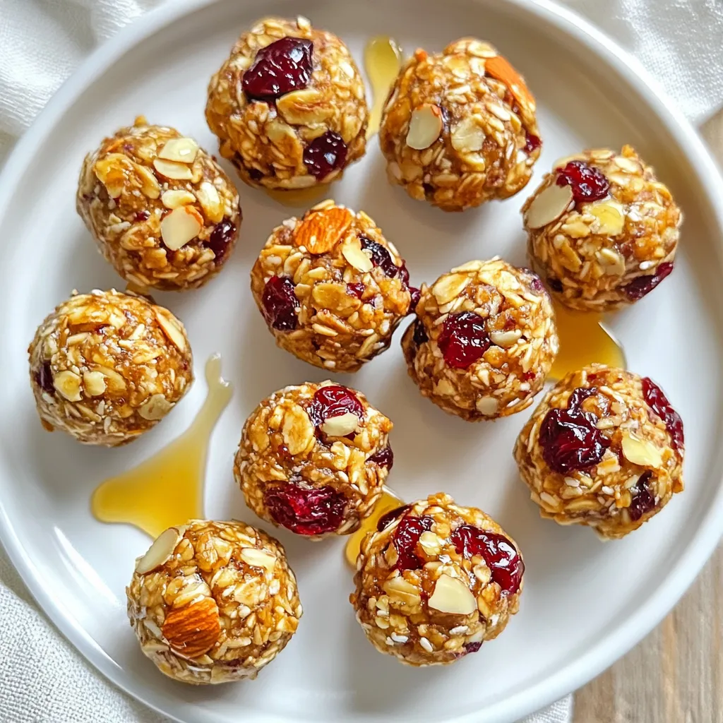 To make Cranberry Almond Energy Bites, you need these simple ingredients: - 1 cup rolled oats - 1/2 cup almond butter - 1/2 cup dried cranberries, chopped - 1/4 cup honey or maple syrup - 1/4 cup almond slices - 1/4 teaspoon salt - 1/2 teaspoon vanilla extract - 1/4 teaspoon cinnamon (optional) These ingredients work together to create tasty bites that give you energy. If you don’t have some ingredients, here are good swaps: - Use peanut butter instead of almond butter for a different flavor. - Replace dried cranberries with raisins or chopped dates if you prefer. - Maple syrup can be swapped with agave syrup for a vegan option. - For a nut-free version, try sunflower seed butter instead of almond butter. These substitutions can help you enjoy the recipe even if you lack some items. Each serving of Cranberry Almond Energy Bites, about one bite, has roughly: - Calories: 120 - Protein: 3g - Carbs: 15g - Fat: 6g - Fiber: 2g This energy bite is packed with nutrients, making it a great snack choice. {{ingredient_image_1}} To make these cranberry almond energy bites, you need to gather all your ingredients first. You will need rolled oats, almond butter, dried cranberries, honey or maple syrup, almond slices, salt, vanilla extract, and optional cinnamon. Gather a large mixing bowl and a smaller one for wet ingredients. This makes mixing easy. Start by adding the rolled oats, chopped dried cranberries, almond slices, and salt to the large bowl. Mix these dry ingredients well. In the smaller bowl, combine almond butter, honey or maple syrup, vanilla extract, and cinnamon. Stir this mixture until it looks smooth. Next, pour the wet mixture into the dry ingredients. Use your hands to mix everything together well. Make sure all the oats and cranberries are coated. If the mixture sticks to your hands, wet them a little to help. After mixing, form small balls, about one inch in size. Place the energy bites on a baking sheet lined with parchment paper. Put the baking sheet in the fridge for at least 30 minutes. This helps them firm up. Once they are set, move the energy bites to an airtight container. You can keep them in the fridge for a week or freeze them for longer storage. Mixing and rolling your energy bites is simple. Start by using a large bowl. This gives you space to mix well. Combine the dry ingredients first: rolled oats, chopped cranberries, almond slices, and salt. Make sure these are even. Next, mix the wet ingredients in a smaller bowl. Use almond butter, honey, vanilla, and cinnamon. Stir until it looks smooth. When you pour the wet mix over the dry mix, use your hands to blend well. This helps coat all the oats and cranberries. If the mix feels sticky, dampen your hands with water. This makes rolling easier. Aim for balls about one inch wide. You can change up the flavors in your energy bites. Try using different nuts like walnuts or pecans. You can also swap dried cranberries for other fruits like raisins or apricots. For a bit of crunch, add seeds like chia or flaxseed. If you want a chocolate twist, mix in some cocoa powder or small chocolate chips. Different spices can add a kick too. Try nutmeg or ginger for a warm flavor. This way, you can make the bites your own. How you serve your energy bites can make them even more fun. Place them in a small mason jar for a cute look. You can also use a wooden platter for a rustic vibe. Garnish the jar with a sprig of mint or a few extra cranberries. This adds color and makes it eye-catching. For a fun idea, serve them with a small scoop of yogurt or a fruit dip. Sharing these bites with friends will surely impress anyone! Pro Tips Chill Before Rolling: Refrigerating the mixture for 10-15 minutes before rolling can make it easier to form into balls. Customize Your Ingredients: Feel free to substitute the dried cranberries with other dried fruits like raisins or apricots for a different flavor. Boost the Nutrition: Add a scoop of protein powder or some flaxseeds for an extra nutritional boost. Storage Tips: Keep the energy bites in an airtight container in the fridge for freshness, or freeze them for longer shelf life. {{image_2}} You can mix things up with different flavors. Try adding dark chocolate chips for a sweet twist. You could also use dried cherries instead of cranberries. If you want more crunch, toss in some sunflower seeds or pumpkin seeds. Each addition gives a new taste. Making these energy bites vegan is easy. Just swap honey for maple syrup. This keeps the bites sweet and plant-based. For gluten-free options, choose certified gluten-free oats. This way, everyone can enjoy them without worry. In fall, add pumpkin spice for a cozy flavor. You can also use dried figs or apricots in summer. Fresh berries can work well too, but make sure to dry them first. These swaps let you enjoy seasonal tastes all year long. To keep your cranberry almond energy bites fresh, store them in an airtight container. A glass jar or a sealed plastic bag works well. Make sure the container is dry before adding the bites. This helps prevent moisture from ruining their texture. These energy bites can last up to a week when stored in the fridge. If you want them to stay fresh longer, freezing is a great option. Just make sure to label the container with the date. This way, you know when you made them. To freeze your energy bites, place them in a single layer on a baking sheet. This prevents them from sticking together. After a few hours, transfer them to a freezer-safe container. They can last up to three months in the freezer. When you're ready to eat, just take out the number you want. Let them thaw in the fridge for a few hours, or enjoy them straight from the freezer for a cold treat! You can use peanut butter or sunflower seed butter. Both work well in this recipe. They add a creamy texture and rich flavor. If you choose sunflower seed butter, it is also nut-free. This makes it great for schools or nut-free zones. These energy bites can last up to one week in the fridge. Store them in an airtight container. This keeps them fresh and tasty. If you want to keep them longer, freeze them! Yes, you can make these bites nut-free. Use sunflower seed butter instead of almond butter. You can also skip the almond slices. This way, you still get a tasty snack without nuts! We covered the key ingredients, step-by-step instructions, and helpful tips for making energy bites. You learned about substitutions and nutritional info, plus variations for different diets. Don't forget storage tips for freshness. Feel free to get creative with your flavors. These bites can fit your diet and taste. Enjoy making and sharing your delicious energy bites!