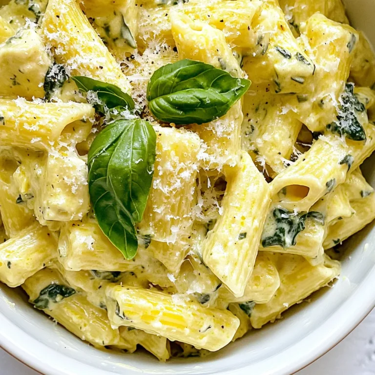 To make creamy spinach artichoke pasta, you need some key ingredients. Here’s the list: - 12 oz pasta (penne or fettuccine) - 1 cup fresh spinach, chopped - 1 cup canned artichoke hearts, drained and chopped - 1 cup heavy cream - 1/2 cup grated Parmesan cheese - 1/2 cup cream cheese, softened - 2 garlic cloves, minced - 1 tablespoon olive oil - Salt and pepper to taste - 1/4 teaspoon red pepper flakes (optional) - Fresh basil leaves for garnish Each ingredient plays a big part in making this dish special. The pasta serves as the base, giving you a satisfying bite. The artichokes add a unique texture and a mild flavor that pairs well with the creamy sauce. Fresh spinach brightens the dish and brings color. Heavy cream and cream cheese create that rich, dreamy texture we love. Parmesan cheese adds a salty kick that enhances the overall taste. Garlic brings warmth and depth. Olive oil helps sauté the garlic and adds a touch of richness. Seasoning with salt, pepper, and optional red pepper flakes adds layers of flavor. Lastly, fresh basil leaves not only look nice but also add a fresh note. Gather these ingredients, and you're ready to create a delightful meal that pleases everyone at the table! {{ingredient_image_1}} First, fill a large pot with water and add a generous amount of salt. Bring the water to a boil. Once it's bubbling, add 12 ounces of pasta, like penne or fettuccine. Cook it until al dente, which usually takes about 8-10 minutes. When the pasta is ready, drain it in a colander. Don’t forget to reserve half a cup of that pasta water for later! While the pasta cooks, grab a large skillet and set it over medium heat. Pour in one tablespoon of olive oil and let it warm up. Next, add two minced garlic cloves to the skillet. Sauté the garlic for about 1-2 minutes until it smells great but doesn’t turn brown. This step adds a lovely flavor to your dish. Now it’s time for the sauce! Add half a cup of softened cream cheese to the skillet. Stir it until it melts and becomes creamy. Then, slowly pour in one cup of heavy cream. Keep stirring to blend everything into a smooth sauce. This will be the heart of your creamy spinach artichoke pasta. Once your sauce is creamy, it’s time for the veggies. Stir in one cup of chopped canned artichoke hearts and one cup of chopped fresh spinach. Cook this mixture for about 3-4 minutes. The spinach should wilt down nicely. This adds a burst of color and nutrition to your dish. Next, it’s time to amp up the flavor. Add half a cup of grated Parmesan cheese to the sauce. Stir until the cheese melts into the creamy mix. If your sauce looks too thick, don’t worry! Just add a bit of that reserved pasta water until you reach the texture you want. Now, it’s all about mixing. Toss the cooked pasta into the skillet with the creamy sauce. Make sure every piece of pasta gets coated well. Season your dish with salt, pepper, and, if you like, a pinch of red pepper flakes for some heat. Give it a good toss, and you’re ready to serve! To get that perfect creamy texture, always save some pasta water. After cooking the pasta, drain it but keep about 1/2 cup of the water. This water is starchy and helps bind the sauce. If your sauce seems too thick, add a little pasta water. Stir it in slowly until you reach the right creaminess. This tip works wonders for any pasta dish. Want to boost flavor? Try adding spices or herbs. Fresh basil or parsley can brighten the dish. A pinch of nutmeg adds warmth and depth. If you like heat, sprinkle in some more red pepper flakes. You can also experiment with garlic powder or onion powder for an extra punch. These small changes can make your pasta truly special. Different pasta types can change cooking times. For example, fettuccine takes about 10-12 minutes to cook. Penne cooks faster, usually in 8-10 minutes. Check the package instructions for exact times. For whole grain or gluten-free pasta, follow the specific cooking times. Always taste a piece before draining to ensure it’s just right. This simple step can prevent overcooking. Pro Tips Perfect Pasta Texture: Always cook your pasta until al dente for the best texture. It will continue to cook slightly when mixed with the sauce. Fresh Spinach Alternative: If fresh spinach isn't available, you can use frozen spinach. Just make sure to thaw and drain it well before adding to the sauce. Cheese Melting Tip: For a smoother sauce, allow your cream cheese to come to room temperature before mixing it into the sauce. Boosting Flavor: Consider adding a splash of lemon juice or a pinch of nutmeg to enhance the flavors of the creamy sauce. {{image_2}} You can easily add more veggies to your creamy spinach artichoke pasta. Try adding: - 1 cup of diced bell peppers for sweetness - 1 cup of mushrooms for an earthy flavor - 1 cup of zucchini for a fresh crunch - 1 cup of sun-dried tomatoes for a tangy kick These additions not only boost flavor but also add color and nutrition. Adding protein makes this dish even better. You can include: - 1 cup of cooked chicken for heartiness - 1 cup of shrimp for a seafood twist - 1 cup of cubed tofu for a plant-based option Simply cook your protein of choice and toss it in with the pasta. If you need gluten-free or dairy-free options, I’ve got you covered. For gluten-free pasta, choose a brand made from rice or chickpeas. For a dairy-free version: - Use coconut cream instead of heavy cream - Swap cream cheese with a nut-based cream cheese - Replace Parmesan cheese with nutritional yeast for a cheesy flavor These swaps keep the dish delicious while meeting your dietary needs. To store your creamy spinach artichoke pasta, first, let it cool down. Transfer it to an airtight container. This keeps the pasta fresh and prevents it from drying out. Place the container in the fridge. It should stay good for up to three days. Always label your container with the date. This helps you track freshness. When you're ready to enjoy leftovers, reheat gently. Place the pasta in a skillet over low heat. Add a splash of milk or reserved pasta water. This helps keep the sauce creamy. Stir often until the pasta is warm. Avoid high heat, as it can cause the sauce to separate. If you want to freeze the pasta, first let it cool completely. Portion it into freezer-safe bags or containers. Squeeze out as much air as you can. This helps prevent freezer burn. You can freeze it for up to three months. When reheating from frozen, let it thaw in the fridge overnight. Then, follow the reheating instructions to warm it up. Yes, you can use frozen spinach! Just be sure to thaw and drain it well. Frozen spinach works great in this dish. It saves time and is often just as tasty as fresh. However, fresh spinach adds a vibrant color and texture that I love. This creamy spinach artichoke pasta stays good in the fridge for about three to four days. Store it in an airtight container. Just remember, the pasta may soak up some sauce over time, so it may need a little extra cream when you reheat it. You can prepare parts of this dish ahead. Cook the pasta and make the sauce earlier in the day. Just mix them right before serving. It’s best to keep the pasta and sauce separate until then. This way, your pasta stays creamy and fresh. I love serving this pasta with a fresh salad or garlic bread. A simple Caesar salad pairs well, adding a nice crunch. You could also serve it with grilled chicken for a protein boost. If you want a lighter option, use Greek yogurt or ricotta cheese. Both give a creamy texture but change the flavor a bit. For a dairy-free version, try cashew cream or coconut cream. Each option offers a unique twist to the dish! This creamy spinach artichoke pasta combines fresh taste and easy steps. You’ve learned the key ingredients, cooking methods, and helpful tips to create this dish at home. I shared ways to personalize it with veggies or proteins too. Remember to store leftovers right and reheat them carefully. With a bit of practice, you’ll make a delicious meal that impresses everyone. Enjoy crafting your perfect version!