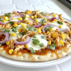 - 2 large flatbreads or naan - 1 cup cooked chicken, shredded - 1/2 cup BBQ sauce For the BBQ Chicken Flatbread, you need flatbreads or naan as a base. They create a crisp and chewy texture. You also need cooked chicken. Shredded chicken works best for even distribution. Choose your favorite BBQ sauce to bring it all together. - 1 cup mozzarella cheese, shredded - 1/2 red onion, thinly sliced - 1/2 cup corn (canned or fresh) Next, we add toppings for flavor and fun. Mozzarella cheese melts beautifully and gives a creamy taste. Red onions add a sweet crunch, while corn adds a pop of sweetness and color. - Salt and pepper to taste - 1/4 cup fresh cilantro, chopped - Olive oil for brushing Seasoning is key. A sprinkle of salt and pepper enhances all the flavors. Fresh cilantro adds a bright touch and aroma. Olive oil brushed on the flatbreads makes them crispy and golden. These ingredients combine to create a tasty BBQ Chicken Flatbread. Each bite brings together the savory chicken, smoky sauce, and fresh toppings. 1. Preheat the oven: Set your oven to 400°F (200°C). This helps the flatbreads get nice and crispy. 2. Mix chicken with BBQ sauce: In a medium bowl, take 1 cup of shredded chicken and mix it with 1/2 cup of your favorite BBQ sauce. Stir until the chicken is fully coated. Set it aside for later. 3. Prepare the flatbreads: Place 2 large flatbreads or naan on a baking sheet. Line the sheet with parchment paper to keep things clean. 1. Brush flatbreads with olive oil: Use a brush to apply a light layer of olive oil on each flatbread. This will help them crisp up while baking. 2. Spread chicken and cheese: Take the BBQ chicken mixture and spread it evenly over the flatbreads. Make sure to cover them well. Then, sprinkle 1 cup of shredded mozzarella cheese on top of the chicken. 3. Add toppings: Next, distribute 1/2 thinly sliced red onion and 1/2 cup of corn on top. Season with salt and pepper to your liking. 1. Bake duration and temperature: Pop the baking sheet into the oven and bake for 12-15 minutes. Look for bubbly cheese and golden edges. 2. Cooling time: Once they are done, take them out and let them cool for a few minutes. This makes them easier to slice. 3. Garnishing before serving: Before serving, sprinkle fresh chopped cilantro on top for a burst of flavor and color. Enjoy your BBQ chicken flatbread! - Ideal temperature for crispiness: Always preheat your oven to 400°F (200°C). This helps the flatbreads get crispy. - Ensuring even ingredient distribution: Spread the BBQ chicken and toppings evenly. This makes every bite tasty. - Cheese melting techniques: Use shredded mozzarella for best melting. It creates that gooey texture we love. - Presentation ideas: Slice the flatbread into triangles and serve on a wooden board. It looks great! - Accompaniments for the dish: A fresh side salad adds color and crunch. It balances the flavors well. - Dipping sauces: Offer extra BBQ sauce or ranch for dipping. This gives everyone options they’ll enjoy. - Overcooking the flatbreads: Keep an eye on the oven. Baking too long makes them hard. - Skipping seasoning: Don’t forget to season with salt and pepper. This enhances all the flavors. - Using insufficient BBQ sauce: Coat the chicken well with BBQ sauce. Too little makes it dry and bland. {{image_2}} You can switch up the protein in your BBQ chicken flatbread for a new twist. - Using grilled shrimp: Grilled shrimp adds a nice smoky flavor. Just toss them in a bit of BBQ sauce before adding them to the flatbread. - Substituting with pulled pork: Pulled pork brings a rich, savory taste. It pairs perfectly with the sweet and tangy BBQ sauce. - Vegan chicken options: For a plant-based choice, use vegan chicken strips. They soak up the flavor and keep it hearty. Feel free to play with sauces to change the flavor. - Homemade BBQ sauce variations: You can make BBQ sauce with honey, mustard, or even chipotle for a kick. - Experimenting with sauces like ranch or buffalo: Ranch adds creaminess, while buffalo sauce gives a spicy bite. Mix and match to find your favorite. Toppings can elevate your flatbread to new heights. - Different cheese options: Swap mozzarella for cheddar or pepper jack for a bolder taste. - Vegetables to include: Add bell peppers, jalapeños, or spinach for some crunch and color. - Herbs for enhanced flavor: Fresh basil, oregano, or parsley can brighten up your flatbread. Just sprinkle them on top before serving. These variations let you personalize your BBQ chicken flatbread. Enjoy creating your unique version! To keep your BBQ Chicken Flatbread fresh, cool it down first. Then, wrap it tightly in plastic wrap or foil. Place the wrapped flatbread in an airtight container. Store it in your fridge. This way, it stays fresh for up to three days. Keep an eye on any toppings that may spoil faster. When you're ready to enjoy leftovers, preheat your oven to 350°F (175°C). Place the flatbread on a baking sheet. Cover it with foil to keep it moist. Heat it for about 10-15 minutes. If you want crispiness, remove the foil for the last 5 minutes. You can also use a skillet. Heat it over medium heat for 5-7 minutes. Yes, you can freeze flatbread! Wrap each piece well in plastic wrap. Then, place them in a freezer bag. This method helps prevent freezer burn. When you want to eat, move a piece to the fridge overnight. Once thawed, reheat it as mentioned above. It takes about 10 minutes to prep and 15 minutes to cook. In total, you will spend around 25 minutes from start to finish. This makes it a great choice for a quick meal. Yes, you can use store-bought flatbreads or naan for this recipe. They save time and effort. Many brands offer nice flavors and textures. If you’re short on time, this is a great option! Here are a few tasty sides to serve with your flatbread: - A fresh garden salad adds a crunchy contrast. - Sweet potato fries bring a nice sweetness. - Coleslaw gives a creamy texture and tang. - Grilled veggies add color and flavor. These sides will complement your BBQ Chicken Flatbread well! BBQ Chicken Flatbread is easy and fun to make. We covered key ingredients like flatbreads, cooked chicken, and BBQ sauce. I shared steps to prepare, assemble, and bake your flatbread. You learned helpful cooking tips and common mistakes to avoid. Plus, I offered delicious variations and storage suggestions. Enjoy creating your own BBQ Chicken Flatbread. Don't be afraid to get creative with flavors and toppings! Happy cooking!