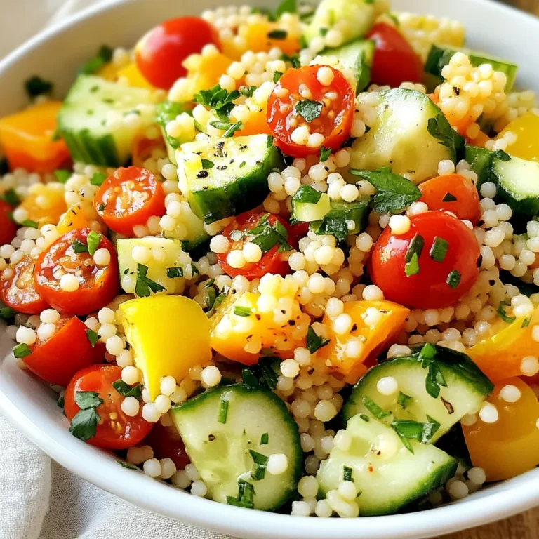 - 1 cup couscous - 1 1/4 cups vegetable broth or water - 1 cucumber, diced - 1 cup cherry tomatoes, halved - 1 bell pepper (red or yellow), diced - 1/4 red onion, finely chopped - 1/2 cup fresh parsley, chopped - 1/4 cup fresh mint, chopped - Zest and juice of 1 large lemon - 3 tablespoons olive oil - Salt and pepper to taste - 1/2 cup feta cheese (optional) Each of these ingredients adds a unique flavor. The couscous forms the base of the salad. The fresh veggies add crunch and color. The lemon gives it a bright taste that wakes up your palate. - Avocado, diced - Olives, sliced - Chickpeas, drained and rinsed - Grilled chicken or shrimp Adding any of these options brings more depth. Avocado adds creaminess. Olives give a salty bite. Chickpeas add protein and texture. Grilled meats can make it heartier. If you don’t have couscous, you can use quinoa or rice. Vegetable broth can swap for chicken broth for more flavor. If you need a different herb, try basil or cilantro. For a vegan version, skip the feta or use a vegan cheese. These substitutions allow you to customize the salad. Feel free to play with flavors and textures. Cooking should be fun and reflect your taste! {{ingredient_image_1}} To start, grab a medium saucepan. Pour in 1 1/4 cups of vegetable broth or water. Bring it to a boil over medium heat. Once boiling, add 1 cup of couscous. Stir it well, then take it off the heat. Cover the saucepan and let it sit for about 5 minutes. This allows the couscous to soak up all the liquid. After 5 minutes, fluff the couscous with a fork. Set it aside to cool slightly. While the couscous cools, it’s time to chop the veggies. Take a large bowl and add 1 diced cucumber, 1 cup of halved cherry tomatoes, and 1 diced bell pepper. You can choose red or yellow, whichever you prefer. Next, finely chop 1/4 of a red onion and add it to the bowl. Finally, toss in 1/2 cup of chopped fresh parsley and 1/4 cup of chopped fresh mint. This mix adds freshness and color to your salad. Now, let’s make the dressing. In a small bowl, whisk together the zest and juice of 1 large lemon, 3 tablespoons of olive oil, and a pinch of salt and pepper. This will bring a bright flavor to the salad. Pour this dressing over the large bowl with the veggies. Next, add the fluffed couscous. Gently toss everything together until well mixed. If you like, fold in 1/2 cup of feta cheese for a creamy touch. Taste the salad and adjust the seasoning if needed. Enjoy the freshness! To fluff couscous, use a fork. After letting it sit for five minutes, gently stir. This breaks up clumps and adds air. You want light, fluffy grains. Avoid using a spoon; it can mash the couscous. For a tasty dressing, mix lemon zest and juice with olive oil. Add salt and pepper to taste. Whisk until combined. This makes the dressing bright and fresh. Always taste and tweak it to your liking. You can also add garlic for extra punch. Serve your salad in a large bowl. This makes it look inviting. For a nice touch, add lemon wedges around the edges. Sprinkle fresh herbs on top for color. You can also add feta cheese for creaminess. Serve it chilled or at room temperature for best flavor. Pro Tips Chill for Flavor: For the best flavor, allow the salad to chill in the refrigerator for at least 30 minutes before serving. This enhances the taste as the ingredients meld together. Herb Variations: Experiment with different herbs like basil or cilantro for a unique twist. Fresh herbs can elevate the dish’s flavor profile. Make Ahead: This salad can be made a day in advance, making it a perfect option for meal prep or potlucks. Just add the feta cheese right before serving to keep it fresh. Customize Your Veggies: Feel free to add or substitute other vegetables such as zucchini, carrots, or bell peppers of different colors to add variety and nutrition. {{image_2}} To make a vegan lemon herb couscous salad, simply skip the feta cheese. This makes the dish plant-based and just as tasty. You can add extra veggies, like sliced radishes or carrots. They add crunch and color. If you want to boost protein, add chickpeas or black beans. They work well with the flavors of this salad. You can also add grilled chicken or shrimp if you prefer meat. Just make sure to cook it separately before mixing it in. Feel free to get creative with herbs! You can swap parsley and mint for cilantro or basil. Each herb gives a new twist to the same base recipe. Experimenting with herbs can make your salad unique every time. To keep your lemon herb couscous salad fresh, store it in the fridge. Use an airtight container. It will stay good for up to three days. The flavors will deepen as it sits, making it even tastier. Just remember to stir it well before serving again. You can freeze couscous salad, but it may change texture. If you plan to freeze it, do so without the fresh herbs and feta cheese. These do not thaw well. Store the salad in a freezer-safe container. It can last up to three months in the freezer. To serve the salad cold, take it straight from the fridge. If you want it warm, gently heat it in a pan over low heat. Add a splash of olive oil and stir. This will help bring back its flavors. For an exciting twist, top it with extra herbs or lemon zest before serving. Lemon Herb Couscous Salad stays fresh for about 3 to 5 days in the fridge. Store it in a sealed container. The flavors blend well over time, making it even tastier as days pass. However, if you add feta, it may spoil faster. Check for any signs of spoilage before eating. You can make this salad a day ahead. It tastes great chilled and allows the flavors to meld. Prepare the couscous and veggies, then mix them together. Add the lemon dressing just before serving to keep everything fresh. This way, you save time on busy days. Couscous is not gluten-free. It is made from wheat, which contains gluten. If you need a gluten-free option, try quinoa or rice. Both provide a similar texture and flavor profile. Remember to adjust cooking times based on the alternative you choose. In this post, we explored the simple yet tasty world of couscous. We covered essential ingredients, optional flavors, and ingredient swaps. You learned step-by-step cooking instructions and tips for perfecting texture and taste. We also shared fun variations and smart storage tips. Couscous is easy to make and versatile. You can enjoy it in many ways! With this guide, you can create delicious couscous dishes that impress. Try different flavors and enjoy fresh meals. Happy cooking!
