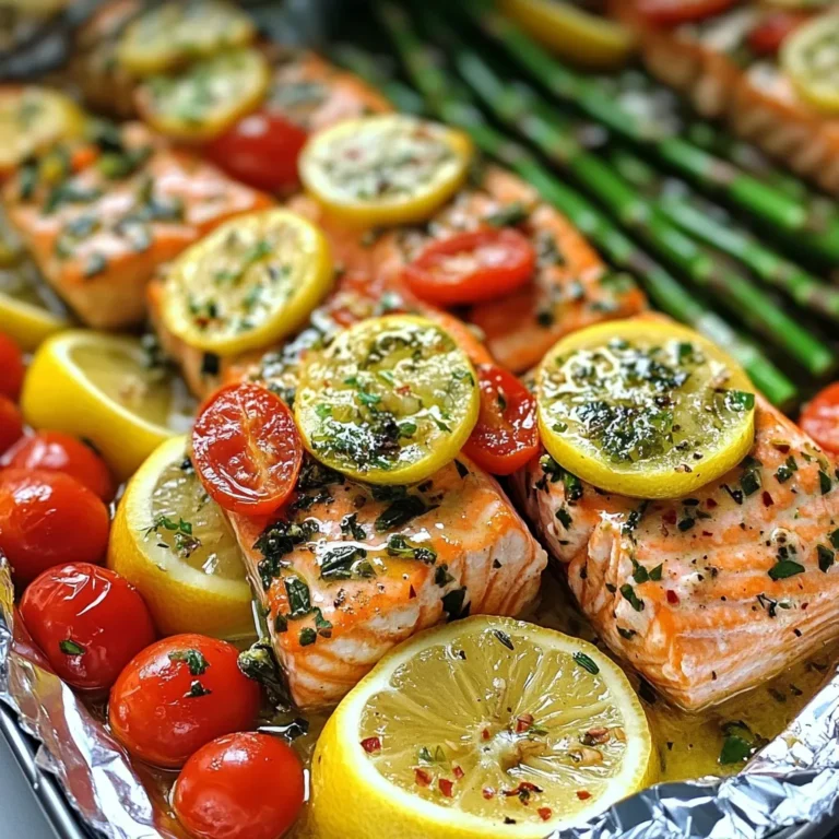 - 4 salmon fillets (about 6 oz each) - 4 tablespoons unsalted butter, softened - 2 tablespoons fresh parsley, chopped - 2 tablespoons fresh dill, chopped - 1 tablespoon fresh lemon juice - 3 cloves garlic, minced - Salt and pepper to taste - 1 lemon, sliced - 1 cup cherry tomatoes, halved - Optional: Fresh vegetables (like asparagus or zucchini) for added texture To make herb butter salmon foil packets, you need a few key ingredients. First, salmon fillets are the star of the dish. They are healthy and full of flavor. Choose fresh fillets for the best taste. Next, you will need unsalted butter. The butter adds richness to the salmon. Mixing in fresh herbs like parsley and dill gives the butter a fresh taste. The lemon juice brightens the dish and adds a zesty kick. Garlic brings warmth and depth to the flavor. You can also add salt and pepper to season the mix. Slices of lemon and halved cherry tomatoes add color and texture when baked. If you want more veggies, try adding asparagus or zucchini. These add nice crunch and flavor. Using these ingredients, you make a simple yet tasty meal. The foil packets keep everything moist and flavorful. It’s a great way to enjoy a gourmet meal at home with minimal effort. {{ingredient_image_1}} First, I mix the softened butter with fresh herbs. I use chopped parsley and dill for a bright flavor. You want to blend these until they are smooth. Next, I add freshly minced garlic to the mix. Garlic gives a rich taste that pairs well with the salmon. Then, I squeeze in some lemon juice to add a zesty twist. Finally, I sprinkle in salt and pepper to taste. This mixture is key to making the salmon tasty and aromatic. Now, I cut out four large pieces of aluminum foil. Each piece should be big enough to wrap around a salmon fillet. I place one salmon fillet in the center of each piece. This is where the magic happens! I spread a generous layer of the herb butter mixture on top of each fillet. Next, I arrange lemon slices and halved cherry tomatoes around the salmon. If I want extra veggies, I can add asparagus or zucchini. This step adds color and texture to the dish. Finally, I fold the foil over the salmon and seal the packets tightly. Sealing them well keeps all the flavors in. I preheat my oven to 400°F (200°C). Once ready, I place the foil packets on a baking sheet. I bake them for 15 to 20 minutes. To check if the salmon is done, I look for it to flake easily with a fork. If it does, it is ready to eat! Carefully, I open the foil packets to avoid the steam. I love serving the salmon right in the foil for a fun, casual look. To cook salmon just right, you need to adjust the time. Thicker fillets need more time, while thinner ones cook faster. As a rule, cook salmon for about 15 to 20 minutes at 400°F. Always check for doneness. A meat thermometer is a great tool. Insert it into the thickest part of the salmon. The ideal temperature is 145°F. When it reaches this, the salmon is safe to eat and will be tender. To boost flavor, add more herbs. Fresh basil or chives work well with the dill and parsley. You can also try a hint of thyme for a unique twist. Pair your salmon with different veggies. Asparagus or zucchini adds nice texture. You can also use bell peppers or broccoli for a colorful mix. These extra ingredients not only enhance taste but also add nutrition. Pro Tips Use Fresh Herbs: Fresh herbs significantly enhance the flavor of the herb butter. Always choose fresh parsley and dill for the best results. Don’t Overcook: Keep an eye on the salmon while baking. Overcooking can lead to a dry texture; aim for a tender, flaky result. Experiment with Vegetables: Feel free to add other vegetables like bell peppers or zucchini for extra flavor and nutrition. Just be sure they are cut to similar sizes for even cooking. Serve with a Side: Complement the salmon with a side of rice or quinoa to soak up the delicious herb butter sauce. {{image_2}} You can easily swap salmon for other fish like trout or tilapia. These options also cook well in foil. Each fish brings its unique taste. For a vegetarian twist, use tofu instead of salmon. Just press the tofu to remove extra water, then season it like the fish. This way, you can enjoy the same herb butter flavor without meat. You can choose between grilling and baking. Grilling gives a nice char and smoky flavor. Just place the foil packets on the grill and keep an eye on the time. Baking is simple too. Just place the packets in the oven at 400°F until the fish is done. If you don't have an oven or grill, you can use a stovetop. Just heat a large skillet and add the foil packets. Cover the skillet with a lid to trap steam. This method works well, but make sure to watch the cooking time closely. Each method offers a fun way to enjoy your herb butter salmon foil packets! To keep your Herb Butter Salmon fresh, store leftovers properly. First, let the salmon cool to room temperature. Then, place the salmon in an airtight container. You can refrigerate it for up to three days. If you want to keep it longer, freezing is a good option. Wrap each salmon packet tightly in plastic wrap and then place it in a freezer-safe bag. This way, you can enjoy it for up to three months. When reheating your salmon packets, I suggest using the oven for the best results. Preheat your oven to 350°F (175°C). Place the foil packet on a baking sheet and heat for about 10-15 minutes. This helps to keep the salmon moist. You can also reheat it in the microwave. Just remove the foil and place the salmon on a microwave-safe plate. Heat in short bursts of 30 seconds, checking often to avoid drying it out. Yes, you can prepare Herb Butter Salmon Foil Packets ahead. This makes meal prep easy. Prepare the foil packets but do not bake them yet. Store the uncooked packets in the fridge for up to 24 hours. This keeps the salmon fresh and flavorful. When ready to cook, simply bake them straight from the fridge. If you want to store them longer, freeze the packets. Just be sure to wrap them tightly in foil. They can last up to three months in the freezer. Herb Butter Salmon pairs well with many sides. Here are some great options: - Steamed asparagus - Roasted potatoes - Quinoa salad - Garlic bread - Mixed green salad These sides add flavor and color to your meal. They also complement the salmon's rich taste. Yes, you can use frozen salmon in foil packets. Here’s how: - Do not thaw the salmon before cooking. - Increase the cooking time by 5 to 10 minutes. - Check for doneness; the salmon should flake easily. Using frozen salmon can save time and reduce waste. Just make sure to use fresh herbs and seasonings for the best flavor. This blog covered how to make delicious Herb Butter Salmon. You learned about key ingredients like salmon, butter, and fresh herbs. I shared step-by-step instructions, from mixing the herb butter to cooking the salmon perfectly. Tips helped you adjust for thickness and flavor. You also discovered variations like using other fish or grilling. Now, enjoy your tasty dish, whether it's a cozy meal or a meal prep option. Each bite will remind you that cooking can be fun and easy. Get creative, and experiment with your favorite flavors!