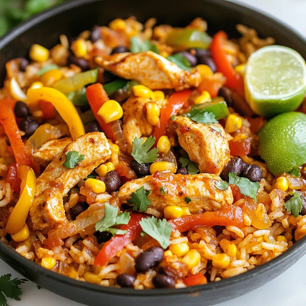 - 1 lb boneless, skinless chicken breasts - 1 cup long-grain rice - 2 cups chicken broth - 1 bell pepper (red or green) - 1 onion - 2 cloves garlic - 2 tablespoons fajita seasoning - 1 tablespoon olive oil - Salt and pepper - 1 cup corn kernels - ½ cup black beans - Fresh cilantro - Lime wedges When I make Chicken Fajita Rice Skillet, I love the bright colors and fresh flavors. Each ingredient plays a role in creating a tasty dish. The chicken provides protein, while the rice absorbs all the flavors. Bell peppers and onions add crunch and sweetness. Garlic gives a lovely aroma. Fajita seasoning brings the dish to life with its spicy kick. Corn and black beans add texture and nutrition. Finally, fresh cilantro and lime wedges give a burst of freshness that makes each bite exciting. This dish is not just a meal; it's an experience. You can adjust the seasonings based on your taste. Use different colored bell peppers for a rainbow effect. Each ingredient helps make this one-pan meal both fun and delicious. {{ingredient_image_1}} - Heat the olive oil in a large skillet over medium-high heat. - Add 1 pound of sliced chicken. Season it with salt, pepper, and 2 tablespoons of fajita seasoning. - Cook the chicken for about 5-7 minutes. You want it to be golden and cooked through. Remove the chicken and set it aside. - In the same skillet, add 1 sliced onion and 1 sliced bell pepper. Cook for 3-4 minutes until tender. - Next, stir in 2 minced cloves of garlic. Cook for another minute until it smells great. - Now, add 1 cup of long-grain rice, 1 cup of corn, and ½ cup of black beans. Pour in 2 cups of chicken broth. - Bring this mixture to a boil, then lower the heat. Cover the skillet and let it simmer for 15-20 minutes. - Check when the rice is tender and has absorbed the liquid. - Finally, return the cooked chicken to the skillet. Stir gently to mix everything. Heat it for another 2-3 minutes. To make the best chicken fajita rice skillet, start with the right chicken cut. I recommend using boneless, skinless chicken breasts. They cook quickly and stay juicy. Thin strips work well, giving you even cooking. Next, adjust the fajita seasoning to match your taste. If you like it spicy, add more seasoning. If you prefer it mild, cut back. You can even mix in extra spices like cumin or smoked paprika for a twist. Serving directly from the skillet adds a cozy touch. It invites everyone to dig in. Plus, it keeps the food warm. For garnishing, fresh cilantro is a must. It adds a bright flavor and color. Squeeze lime wedges over the top for an extra kick. This also brightens the dish and makes it look fresh and inviting. Pro Tips Use Fresh Ingredients: Opt for fresh bell peppers and onions for a vibrant flavor and texture. Fresh produce enhances the overall taste of the dish. Customize Your Seasoning: Adjust the amount of fajita seasoning based on your spice preference. You can also add a dash of cayenne pepper for an extra kick! Perfect Rice Cooking: Ensure the rice is properly rinsed before cooking to remove excess starch. This prevents it from becoming gummy and helps achieve fluffy grains. Garnish with Freshness: Always garnish with freshly chopped cilantro and serve with lime wedges. The acidity from the lime brightens the flavors and adds a refreshing touch. {{image_2}} You can add more veggies to your chicken fajita rice skillet. Try using zucchini or mushrooms. They add great taste and texture. You can also use carrots for a sweet crunch. If bell peppers are not your favorite, you can swap them for spinach or kale. They cook down nicely and add color. You can also mix in some diced tomatoes. They give a fresh flavor to the dish. To spice things up, consider adding chili powder or cumin. A splash of lime juice can also brighten the flavors. You can even try fresh herbs like oregano or basil for a twist. If you want to change the protein, shrimp is a great choice. Cook the shrimp the same way as the chicken. You can also use beef strips for a heartier meal. Just adjust the cooking time as beef takes longer to cook. For a meatless option, try using tofu. Press it to remove extra moisture and cut it into cubes. Sauté the tofu until golden for a nice texture. You can also add more beans, like pinto or kidney beans, for extra protein. These variations make the dish fun and customizable. You can enjoy a new flavor each time you make it! To keep your Chicken Fajita Rice Skillet fresh, put leftovers in the fridge. Use airtight containers to avoid moisture. Glass containers work well, but plastic ones are fine too. Make sure to cool the dish before sealing it. This helps prevent condensation, which can make your rice soggy. For reheating, the best method is the stove. Add a splash of water or broth to the skillet. Heat it over low to medium heat, stirring often. This helps the rice warm evenly. You can also use the microwave. Place the leftovers in a bowl, cover it with a damp paper towel, and heat for 1-2 minutes. For serving, consider adding fresh cilantro and a squeeze of lime juice. This brightens the flavors. You can also top it with some cheese or avocado for extra richness. Enjoy your quick and tasty meal! Yes, you can make this dish in advance. To prep, cook the chicken and veggies as usual. Then, store them separately from the rice. Keep them in airtight containers in the fridge. When you are ready to eat, just reheat everything together. It will save you time on busy days. You can serve many tasty sides with this dish. Here are some ideas: - Guacamole: Creamy and rich, it adds great flavor. - Salsa: Fresh salsa gives a zesty kick. - Tortilla Chips: Crunchy chips are fun to dip. - Side Salad: A simple green salad adds freshness. - Mexican Corn Salad: Sweet corn and lime make a great pair. To make this dish gluten-free, choose the right ingredients. Use gluten-free fajita seasoning. Make sure that your chicken broth is also gluten-free. Most brands offer gluten-free options. With these swaps, you can enjoy this meal without worries. This blog post shows you how to make a tasty Chicken Fajita Rice Skillet. We covered simple steps, from cooking chicken to adding veggies and rice. I shared tips to enhance flavor and suggested fun variations for protein or spices. You can even find useful storage info and answers to common questions. Cooking is about creativity and fun. Enjoy trying new ideas. Your next meal can impress everyone at the table!