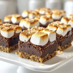 To make S’mores Brownie Bites, gather these key ingredients: - 1 cup all-purpose flour - 1/2 cup unsweetened cocoa powder - 1/2 teaspoon baking powder - 1/4 teaspoon salt - 1/2 cup unsalted butter, melted - 1 cup granulated sugar - 2 large eggs - 2 teaspoons vanilla extract - 1 cup chocolate chips (semi-sweet or dark) - 1 cup mini marshmallows - 1/2 cup crushed graham crackers (plus extra for topping) - Optional: Extra chocolate chips for garnish For a twist, try these optional ingredients: - A pinch of cinnamon for warmth - Chopped nuts like walnuts or pecans for crunch - Swirls of peanut butter for a nutty kick You can swap ingredients for different tastes: - Use almond flour for a gluten-free option. - Replace granulated sugar with brown sugar for a richer flavor. - Use coconut oil instead of butter for a dairy-free treat. - Swap regular chocolate chips for white chocolate or butterscotch chips. These choices keep your S’mores Brownie Bites fun and flexible! {{ingredient_image_1}} Start by preheating your oven to 350°F (175°C). Line a mini muffin tin with paper liners or spray it lightly with cooking spray. In a medium bowl, whisk together the all-purpose flour, cocoa powder, baking powder, and salt. Mix these dry ingredients until they are well combined and set them aside. In a large bowl, combine the melted unsalted butter and granulated sugar. Stir them together until the mixture is smooth and creamy. Next, add two large eggs and two teaspoons of vanilla extract to the butter-sugar mix. Beat this mixture until it looks light and fluffy. Now, gradually add the dry mix to your wet ingredients. Stir gently until everything is just combined. Finally, fold in one cup of chocolate chips and half a cup of crushed graham crackers. This will give your brownie bites a tasty texture. Now it’s time to fill your mini muffin tin. Spoon the brownie batter into each cup, filling them about two-thirds full. For extra flavor, top each brownie bite with a few mini marshmallows and a sprinkle of crushed graham crackers. Bake your brownie bites in the preheated oven for 12 to 15 minutes. Watch closely; the edges should be set, but the centers should remain slightly soft. This gives them that gooey, s’mores feel. Once baked, remove the pan from the oven and let it cool for about five minutes. This cooling time helps them firm up a bit. After that, transfer the brownie bites to a wire rack to cool completely. If you want to make them even more special, melt a few extra chocolate chips. Drizzle this melted chocolate over the top just before serving. For a beautiful presentation, serve the brownie bites on a platter with whole graham crackers and chocolate squares. You can even lightly toast some extra marshmallows for a fun touch! To get the best texture, mix the batter gently. Overmixing can make your brownie bites tough. Bake them until the edges are set, but keep the centers a bit soft. This gives a nice, gooey feel. Let them cool slightly in the pan before moving them. This helps them keep their shape. Add extra chocolate chips on top before baking for a richer taste. You can also sprinkle more crushed graham crackers on top. This adds crunch and looks great. For a fun touch, toast a few marshmallows with a kitchen torch. Place these on top for a campfire vibe. Serve them on a pretty platter with whole graham crackers and chocolate squares. One mistake is not preheating the oven. Always do this first. Another is filling the muffin cups too full. Fill them only about 2/3 full to let them rise. Avoid using cold ingredients; they should be at room temperature. This helps the batter mix better and rise nicely. Lastly, don’t skip the cooling time. Letting them cool helps set the texture. Pro Tips Use Quality Chocolate: For the best flavor, choose high-quality chocolate chips. Dark chocolate adds a rich taste that complements the sweetness of the marshmallows. Don't Overbake: Keep an eye on your brownie bites while baking. They should have a slightly soft center for that perfect fudgy texture. Experiment with Flavors: Feel free to add a pinch of sea salt on top before baking or mix in some peanut butter chips for an extra layer of flavor. Storage Tips: Store leftover brownie bites in an airtight container at room temperature for up to three days, or refrigerate for longer freshness. {{image_2}} You can mix up the flavors in your S'mores Brownie Bites. Try adding peanut butter chips for a nutty twist. You can also use white chocolate chips for a sweeter, creamier taste. If you like spice, add a pinch of cinnamon to the batter. For a fruity touch, toss in some chopped strawberries or raspberries. These small changes can make a big difference in flavor. If you're looking for a healthier version, you can swap out some ingredients. Use whole wheat flour instead of all-purpose flour for added fiber. You can also use coconut oil instead of butter for a dairy-free option. For lower sugar, try using a sugar substitute like stevia. If eggs are a concern, you can replace them with flax eggs. Just mix one tablespoon of flaxseed meal with three tablespoons of water for each egg. These brownie bites are great for any event. For birthday parties, serve them on a colorful platter with fun decorations. At a picnic, pack them in a container and enjoy them outdoors. For holiday gatherings, drizzle melted chocolate on top and sprinkle festive decorations. They also make a sweet treat for movie nights. No matter the occasion, these bites will delight everyone! To keep your S’mores brownie bites fresh, store them in an airtight container. Place a piece of parchment paper between layers if stacking. This helps them stay soft and moist. Keep the container at room temperature for up to three days. Avoid the fridge, as it can dry them out. You can freeze these brownie bites for up to three months. First, let them cool completely. Then, wrap each bite in plastic wrap. Place the wrapped bites in a freezer-safe bag or container. When you're ready to enjoy them, thaw overnight in the fridge or at room temperature for a few hours. Reheat your brownie bites in the microwave for about 10-15 seconds. This warms them up without making them dry. For a crispy top, place them in the oven at 350°F for about 5 minutes. Enjoy them warm with a drizzle of chocolate or a scoop of ice cream! Serve S’mores Brownie Bites warm. They taste best fresh out of the oven. Place them on a nice platter. Add whole graham crackers and chocolate squares for fun. You can also toast extra marshmallows for garnish. This gives a nice touch and looks great. Yes, you can make these bites gluten-free! Simply swap all-purpose flour for a gluten-free flour blend. Make sure it works well for baking. Check for brand recommendations. This way, everyone can enjoy these yummy treats! Look for the edges to be set while the middle is soft. This takes about 12 to 15 minutes in the oven. You can also do the toothpick test. Insert a toothpick into the center; it should come out with a few moist crumbs. This means they are done! You learned about making S’mores Brownie Bites. We covered ingredients, steps, and tips. You got suggestions for flavors and how to store them. I hope you feel ready to bake and enjoy these treats. Remember, practice makes perfect. Don't be afraid to try new things. Enjoy your baking journey!