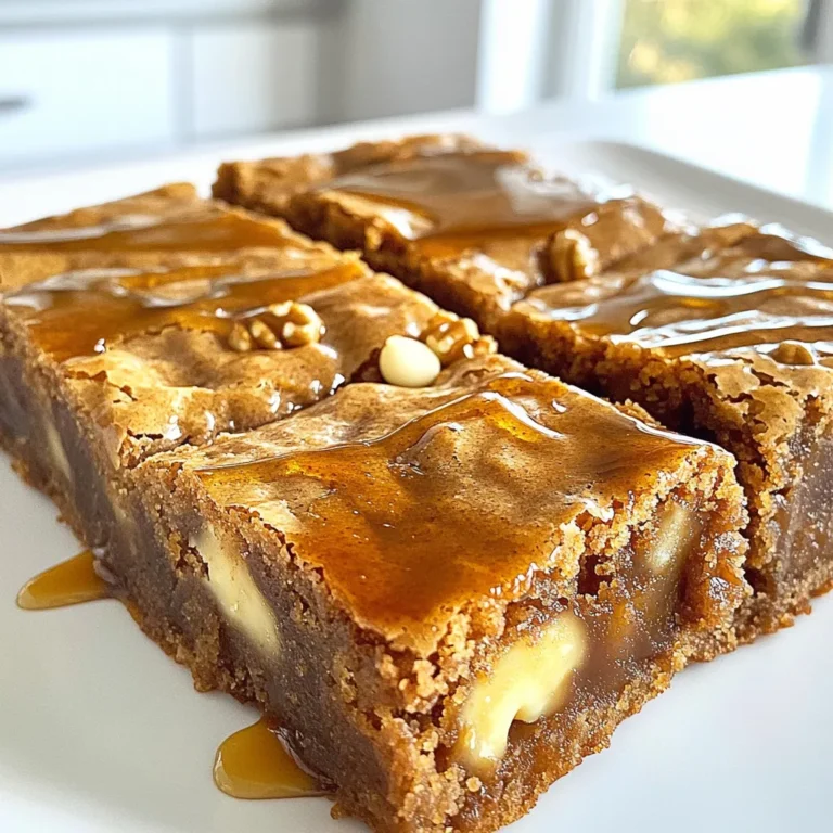 Here’s what you need for maple cinnamon blondies. This list brings together sweet and rich flavors. - 1 cup unsalted butter, melted - 1 cup packed brown sugar - 1/2 cup pure maple syrup - 2 large eggs - 2 teaspoons vanilla extract - 2 cups all-purpose flour - 1 teaspoon baking powder - 1 teaspoon ground cinnamon - 1/2 teaspoon salt - Optional: 1 cup chopped walnuts - Optional: 1/2 cup white chocolate chips Each ingredient plays a key role. The butter adds richness while the brown sugar gives it a deep flavor. Maple syrup brings sweetness and a lovely aroma. Eggs bind everything together, ensuring your blondies are soft and chewy. The flour provides structure, and baking powder helps them rise. Cinnamon adds warmth, making each bite feel cozy. Salt balances the sweetness and enhances all the flavors. Feel free to customize your blondies. Adding walnuts gives a nice crunch, while white chocolate chips add creaminess. Mix and match to your taste! First, set your oven to 350°F (175°C). Grab a 9x13 inch baking pan. You can either grease it or line it with parchment paper. This helps the blondies come out easily. In a large bowl, melt 1 cup of unsalted butter. Add 1 cup of packed brown sugar. Whisk them together until smooth. Next, stir in 1/2 cup of pure maple syrup. Then, crack in 2 large eggs and pour in 2 teaspoons of vanilla extract. Mix until everything is well blended. In another bowl, mix 2 cups of all-purpose flour with 1 teaspoon of baking powder, 1 teaspoon of ground cinnamon, and 1/2 teaspoon of salt. Stir these dry ingredients together. Gradually add this mix to the wet ingredients. Mix gently until just combined. Be careful not to overmix, as this keeps your blondies soft. If you like, add 1 cup of chopped walnuts or 1/2 cup of white chocolate chips. Gently fold them into the batter. This adds a nice crunch and extra flavor to your blondies. Now, pour the batter into your prepared baking pan. Spread it evenly. Bake in the oven for 25-30 minutes. To check if they're done, insert a toothpick into the center. If it comes out clean, they are ready. Let the blondies cool in the pan for about 10 minutes. After that, move them to a wire rack to cool completely. Once cool, cut them into squares. Enjoy your sweet treat! Mixing the batter too much can make your blondies tough. To avoid this, mix just until you see no dry flour. When you add the dry mix to the wet mix, be gentle. Use a spatula to fold in the flour. This keeps the blondies soft and chewy. Even baking helps all your blondies cook just right. To ensure this, spread the batter evenly in the pan. Make sure your oven is fully preheated to 350°F (175°C) before placing the pan inside. If you have hot spots in your oven, rotate the pan halfway through baking. These blondies are a great treat any time! You can serve them warm or at room temperature. For a fun twist, add a scoop of vanilla ice cream on top. It makes a great dessert for gatherings or a cozy night in. - Presentation Tips: Serve the blondies on a rustic wooden platter. Drizzle extra maple syrup on top. A sprinkle of cinnamon adds a nice touch, too. This makes your blondies look as good as they taste! {{image_2}} To make these blondies nut-free, simply skip the walnuts. You can replace them with extra chocolate chips or dried fruit. This keeps the treat delicious and safe for those with nut allergies. For a dairy-free version, swap the unsalted butter for coconut oil or a plant-based butter. Use maple syrup and keep the other ingredients the same. This way, you enjoy the flavor without dairy. Feel free to mix and match ingredients. You can use light brown sugar instead of dark for a milder taste. If you don't have white chocolate chips, try dark or milk chocolate chips instead. - Flavor Enhancements: If you want to add a twist, try mixing in some chopped apples or a dash of nutmeg. You can even add a splash of espresso for a richer taste. These small changes can bring new life to your blondies! By experimenting with these variations, you can create a version that suits your taste perfectly. To keep your blondies fresh, place them in an airtight container. You can stack them in layers if you place parchment paper between each layer. Store them at room temperature for up to five days. If you want to keep them longer, consider freezing them. To freeze your blondies, first, let them cool completely. Then, cut them into squares. Wrap each square in plastic wrap, and place them in a freezer-safe bag. They can stay frozen for up to three months. When you are ready to eat them, just pull out what you need. To reheat your blondies, remove them from the fridge or freezer. If they are frozen, let them thaw at room temperature for about an hour. For warm blondies, place them in a microwave for about 10-15 seconds. You can also warm them in the oven at 350°F (175°C) for about 5-10 minutes. Enjoy that gooey goodness! These blondies are chewy due to the butter and brown sugar. The brown sugar adds moisture. It helps create a dense texture. The eggs also play a crucial role. They bind the ingredients and keep the blondies soft. You can use maple extract, but it changes the flavor. The syrup brings sweetness and moisture. If you use extract, add a little extra liquid. This keeps the blondies moist and chewy. You can check for doneness with a toothpick. Insert it in the center of the blondies. If it comes out clean, they are ready. They should be golden brown on the edges and soft in the middle. Yes, you can add other mix-ins! Try chocolate chips, nuts, or dried fruit. Just remember not to overmix. Fold them in gently to keep the texture right. Blondies can last up to five days at room temperature. Store them in an airtight container. This keeps them soft and fresh. If you want them to last longer, consider freezing them. In this blog post, we covered how to make delicious blondies from scratch. We listed the key ingredients, shared step-by-step baking instructions, and offered helpful tips to ensure your success. Remember, you can customize these blondies with different mix-ins or dietary changes. Storing and reheating them properly keeps them tasty for longer. Enjoy the sweet reward of your baking and share them with friends and family. Happy baking!