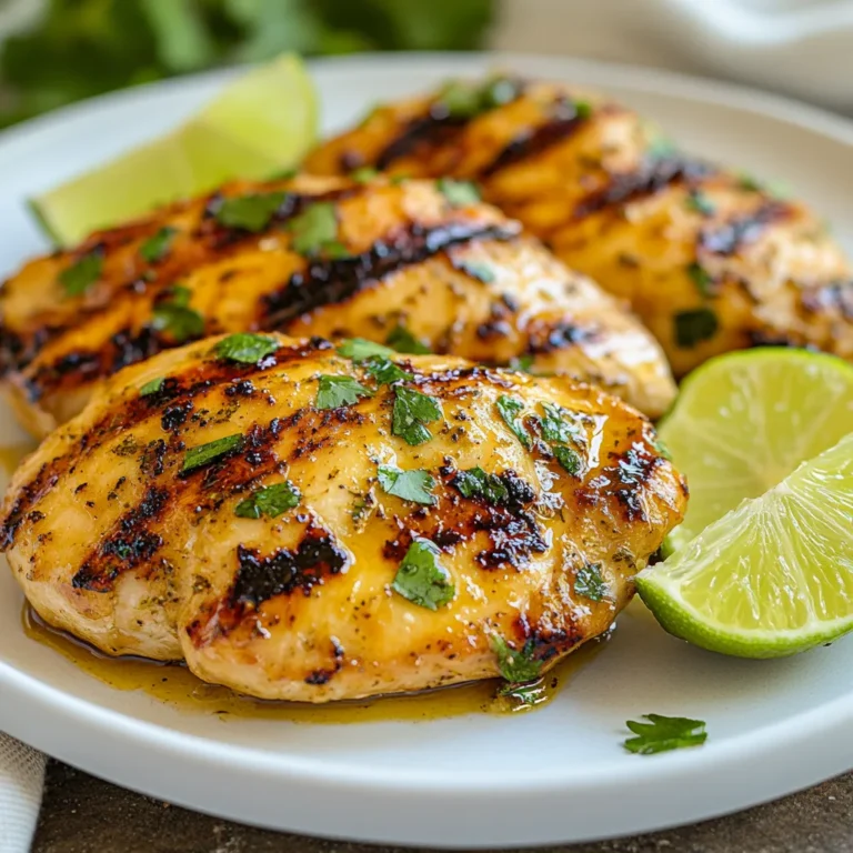 - 4 boneless, skinless chicken breasts - 1/4 cup fresh lime juice (about 2 limes) - 2 tablespoons olive oil - 2 tablespoons honey The main stars of this dish are the chicken breasts. They absorb the zesty flavors from the marinade. Fresh lime juice adds brightness, while honey gives a nice sweetness. Olive oil keeps the chicken moist as it cooks. - 2 cloves garlic, minced - 1 tablespoon chili powder - 1 teaspoon cumin - 1/2 teaspoon paprika - 1/2 teaspoon salt - 1/4 teaspoon black pepper These spices make the chicken pop with flavor. The chili powder brings heat, while cumin adds warmth. Paprika gives a lovely color. Salt and pepper round out the taste, enhancing the other flavors. - Fresh cilantro, chopped - Lime wedges Garnishing with cilantro adds a fresh touch. Lime wedges give a burst of citrus when squeezed over the chicken. These optional garnishes elevate your dish and make it visually appealing. {{ingredient_image_1}} Start by whisking together the marinade ingredients. In a bowl, mix the fresh lime juice, olive oil, honey, and minced garlic. Then, add the chili powder, cumin, paprika, salt, black pepper, and lime zest. To achieve the right consistency, ensure all ingredients blend well. The mixture should be smooth and a bit thick, so it sticks to the chicken. If it's too thin, add a touch more honey or olive oil. For the best flavor, marinate the chicken for at least 30 minutes. However, if you can, let it sit for up to 2 hours. This longer time helps the flavors soak in better. To ensure even flavor absorption, place the chicken in a resealable plastic bag or a shallow dish. Pour the marinade over the chicken and turn it to coat well. Seal the bag or cover the dish tightly. This helps the chicken absorb all the tasty flavors. Preheat your grill to medium-high heat. A hot grill gives the chicken nice grill marks and a good sear. Grill the chicken for about 6-7 minutes on each side. Check the doneness by using a meat thermometer. The internal temperature should reach 165°F (75°C). You want the chicken to be nicely charred and cooked through. After grilling, remove the chicken and let it rest for 5 minutes. This helps keep the juices in. Slice it up and enjoy! To get perfect grill marks, start with a clean grill. Preheat it to medium-high heat. Place the chicken at a 45-degree angle to the grates. This angle helps form those nice marks. Flip the chicken only once. Keep it on the grill for 6-7 minutes per side to avoid sticking. Common mistakes include not preheating the grill and overcrowding it. Both can lead to uneven cooking. Always leave space between each chicken piece. This allows for better airflow and cooking. To add extra spice, try a pinch of cayenne pepper or crushed red pepper flakes. Both boost the heat without changing the flavor too much. You can also mix in some jalapeño for a fresh kick. For different herbs, consider using fresh oregano or thyme. Both herbs offer unique flavors and pair well with lime. You can also try adding some fresh mint for a refreshing twist. If you don’t have a grill, you can cook the chicken in the oven. Preheat your oven to 400°F (200°C). Place the marinated chicken on a baking sheet and bake for 20-25 minutes. For stovetop cooking, use a cast-iron skillet. Heat the skillet over medium heat and add a bit of oil. Cook the chicken for about 6-7 minutes on each side. To keep the chicken juicy, let it rest for a few minutes after cooking. This allows the juices to settle. This step is key, no matter the cooking method you choose. Pro Tips Marinate Longer for Flavor: For the best flavor, marinate the chicken for at least 2 hours, or even overnight if possible. This allows the spices and citrus to deeply penetrate the meat. Let Your Grill Get Hot: Ensure your grill is preheated to medium-high heat before adding the chicken. This helps achieve a nice sear and prevents the chicken from sticking. Use a Meat Thermometer: To ensure your chicken is perfectly cooked, use a meat thermometer to check that the internal temperature reaches 165°F (75°C). Rest Before Slicing: Allow the grilled chicken to rest for about 5 minutes before slicing. This helps the juices redistribute, resulting in a juicier bite. {{image_2}} You can change the spice level of your chili lime grilled chicken. If you want it mild, use less chili powder. If you like more heat, add more chili powder or some diced jalapeños. You can also add grated ginger for a fresh, zesty kick. Lime zest adds brightness and enhances that citrus flavor. You don’t have to stick to just lime juice for the marinade. Try using orange juice for a sweeter touch. Soy sauce can add a nice umami flavor if you want something deeper. If you prefer a vegan option, swap the chicken for tofu or tempeh. These alternatives will soak up the marinade well and give you a tasty dish. For sides, think about fresh salads or grilled veggies. Corn on the cob pairs well with this dish, too. You can also serve it with a creamy avocado dip or salsa for added flavor. When plating, slice the chicken and arrange it on a colorful plate. Add cilantro and lime wedges for a bright finish. This makes your meal look as good as it tastes! You can store grilled chicken in the fridge for up to four days. Place it in an airtight container to keep it fresh. This helps lock in moisture and flavor. Make sure to let it cool down before sealing it. This quick cooling step prevents condensation, which can make the chicken soggy. To freeze grilled chicken, first let it cool completely. Then, wrap each piece tightly in plastic wrap or foil. Place the wrapped chicken in a freezer bag and remove as much air as possible. Label the bag with the date. Frozen grilled chicken can last for up to three months. For the best results, thaw chicken in the fridge overnight before cooking. This keeps it juicy and flavorful. When it’s time to reheat your chicken, use the oven for the best results. Preheat the oven to 350°F (175°C). Place the chicken on a baking sheet and cover it with foil. This helps keep moisture in. Heat for about 15-20 minutes or until warm. You can also use a microwave, but be careful. Heat in short bursts and check often to avoid drying it out. Enjoy your flavorful chili lime grilled chicken! For the best flavor, marinate the chicken for at least 30 minutes. If you have more time, aim for 2 hours. This longer time lets the lime juice and spices soak in, making the chicken taste great. If you want a milder flavor, stick to the 30-minute mark. For a bolder taste, go for the full two hours. Always cook chicken to an internal temperature of 165°F (75°C). This temperature ensures the chicken is safe to eat. Use a meat thermometer to check the thickest part of the chicken. Cooking it to this point keeps it juicy and tender. Yes, you can use chicken thighs! They have more fat, which keeps them moist. If you switch to thighs, cook them for about 8-10 minutes on each side. It’s best to check their internal temperature, too. Thighs should also reach 165°F (75°C) when done. This blog post covered grilling chicken with simple ingredients and steps. We explored a tasty marinade, spices, and variations to make your dish stand out. Remember to marinate the chicken well and use the right grilling techniques. For storage, keep it fresh and flavorful. Enjoy experimenting with different flavors and serving ideas. Grilling chicken can be fun and tasty. With these tips, you're ready to impress at your next meal.