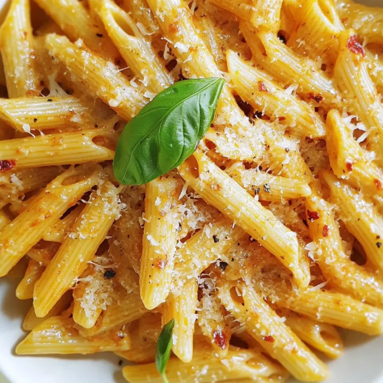 - 12 ounces pasta (penne or fettuccine) - 2 large red bell peppers - 1 tablespoon olive oil - 1 small onion, chopped - 3 cloves garlic, minced - 1 cup heavy cream or plant-based cream - 1 teaspoon Italian seasoning - 1/2 teaspoon red pepper flakes (optional) - Salt and pepper to taste - 1/4 cup grated Parmesan cheese (or nutritional yeast for vegan) - Fresh basil leaves, for garnish When I make creamy roasted red pepper pasta, I love using fresh ingredients. The sweetness from ripe red bell peppers makes this dish special. Start with 12 ounces of your favorite pasta. I enjoy penne or fettuccine, but you can choose what you like best. You will also need two large red bell peppers for roasting. The roasting brings out their natural sweetness. A tablespoon of olive oil helps to cook the onion and garlic, adding depth to the flavor. Don’t forget the small onion, chopped finely. It adds a nice base flavor. You will need three cloves of minced garlic for that aromatic touch. For the creamy texture, use one cup of heavy cream or a plant-based cream if you prefer. For seasoning, one teaspoon of Italian seasoning gives it an herbaceous note. If you want heat, add half a teaspoon of red pepper flakes. Salt and pepper will help balance all the flavors. Finally, sprinkle in a quarter cup of grated Parmesan cheese or nutritional yeast for a vegan twist. Fresh basil leaves make a lovely garnish and add a pop of color. These simple ingredients come together to create a delightful pasta dish that is both creamy and rich in flavor. {{ingredient_image_1}} 1. Preheat your oven to 425°F (220°C). 2. Slice the red bell peppers in half and remove the seeds. 3. Place them cut side down on a baking sheet lined with parchment paper. 4. Roast the peppers for 20-25 minutes until the skin is charred and blistered. 1. While the peppers roast, boil water in a large pot. 2. Add the pasta and cook according to package instructions. 3. Aim for al dente, which means it should be firm to the bite. 4. Drain the pasta but keep about 1/2 cup of the pasta water. 1. In a large skillet, heat 1 tablespoon of olive oil over medium heat. 2. Add the chopped onion and sauté for 3-4 minutes until it is translucent. 3. Stir in 3 cloves of minced garlic and cook for 1-2 minutes. 4. When the peppers cool, peel off the charred skin and chop them. 5. Add the roasted red peppers, onion, garlic, 1 cup of heavy cream, and seasonings to the skillet. 6. Stir to combine and heat gently until warmed through. 7. Blend the mixture until smooth, adding pasta water if it’s too thick. 1. Pour the creamy sauce over the cooked pasta. 2. Toss the pasta until it is fully coated. 3. Stir in 1/4 cup of grated Parmesan cheese and mix until melted. 4. Taste and adjust seasonings, adding more salt, pepper, or red pepper flakes if desired. - Best practices for roasting peppers: Slice red bell peppers in half and remove seeds. Place them cut side down on a lined baking sheet. Roast at 425°F (220°C) for 20-25 minutes. Look for charred and blistered skin. - How to achieve a creamy sauce: Use heavy cream or a plant-based option. After blending, if too thick, add reserved pasta water. This helps make the sauce smooth and creamy. - Suggestions for additional spices or flavors: Add Italian seasoning for depth. Try a pinch of red pepper flakes for heat. You can even use smoked paprika for a unique twist. - Pairings with proteins or veggies: Grilled chicken or shrimp works well. For veggies, try spinach or roasted zucchini. They add more nutrients and taste. - Serving suggestions for a visually appealing dish: Serve in bowls with fresh basil leaves on top. A sprinkle of extra Parmesan cheese adds charm. Drizzle a bit of olive oil to shine the dish. - Garnishing for extra flavor and aesthetics: Finish with more fresh herbs or a dash of red pepper flakes. This makes the dish pop with color and flavor. Pro Tips Tip Title: Use Fresh Ingredients: For the best flavor, opt for fresh red bell peppers and herbs. Fresh ingredients enhance the overall taste and make your dish more vibrant. Tip Title: Adjusting Creaminess: If you prefer a lighter sauce, you can substitute half of the heavy cream with vegetable broth or reserved pasta water. This will still keep the sauce creamy while reducing richness. Tip Title: Adding Protein: For a heartier meal, consider adding grilled chicken, shrimp, or chickpeas to the pasta. They pair wonderfully with the creamy sauce and add extra protein. Tip Title: Perfecting the Sauce: When blending the sauce, start with a small amount of reserved pasta water. This helps achieve the desired consistency without making the sauce too watery. {{image_2}} To make this creamy roasted red pepper pasta vegan, swap the heavy cream for plant-based cream. You can find many good brands at the store. If you want a creamier texture, use cashew cream or coconut cream. For cheese, replace Parmesan with nutritional yeast. It adds a cheesy flavor without dairy. You can also add cooked lentils or chickpeas for protein. They give a nice texture and fill you up. If you crave heat, add more red pepper flakes. Start with one teaspoon and taste. You can always add more! Another great idea is to include diced jalapeños or crushed red pepper. For a spicy garnish, try fresh chopped chilies or a drizzle of hot sauce. This adds color and extra heat. Your pasta will be a fiery delight! Seasonal veggies can change this dish. In spring, add some asparagus or peas. In summer, try zucchini or cherry tomatoes. In fall, roasted butternut squash works perfectly. For winter, sautéed kale or spinach adds color and nutrition. You can also adapt the recipe for various diets. Use gluten-free pasta for a gluten-free option. This way, everyone can enjoy this creamy dish! To store your creamy roasted red pepper pasta, let it cool first. Place it in an airtight container. This keeps the flavors fresh and bright. You can refrigerate for up to three days. After that, the dish may lose its taste and texture. You can freeze the creamy sauce for later use. Let the sauce cool completely before transferring it to a freezer-safe container. Use a small container for easy thawing. It will last for up to three months in the freezer. When you want to enjoy it again, thaw in the fridge overnight. Reheat gently on the stove. If the sauce seems too thick, add a bit of water or pasta water. This helps it regain its creamy texture. To make cooking easier, prep components ahead of time. You can chop the onion and garlic in advance. Store them in the fridge for up to two days. Cook the pasta and let it cool before storing. Keep the cooked pasta and sauce separate for best results. This way, the pasta stays al dente when you combine them later. To make creamy roasted red pepper pasta gluten-free, choose gluten-free pasta. Some great options are: - Brown rice pasta - Quinoa pasta - Chickpea pasta These options cook well and taste great in this dish. Just follow the package directions for cooking times, as they may differ from regular pasta. Yes, you can use jarred roasted red peppers. Here are some pros and cons: Pros: - They save time. - No need to roast or peel. Cons: - They may have added preservatives. - The taste might not be as fresh. Using fresh peppers gives a richer flavor. However, jarred peppers work in a pinch and still create a tasty dish. This dish pairs nicely with several sides. Consider these options: - Garlic bread for a crunchy bite. - A fresh salad for a crisp contrast. - Grilled vegetables for extra color and flavor. These sides enhance the meal and add variety. They also balance the creaminess of the pasta. This creamy roasted red pepper pasta combines bold flavors with simple steps. We covered the key ingredients, from pasta to seasonings, ensuring a rich taste. I shared easy instructions for cooking and tips for perfect results. You can modify the dish to suit your taste and diet needs. With these guidelines, you're ready to impress anyone at your table. Enjoy cooking and making this dish your own!