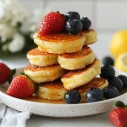 To make these tasty pancake bites, you will need: - 1 cup ricotta cheese - 1 cup all-purpose flour - 1 tablespoon baking powder - 1/4 teaspoon salt - 2 large eggs - 1/4 cup milk - Zest of 1 lemon - 2 tablespoons fresh lemon juice - 1 tablespoon sugar (optional, adjust to taste) - Butter or cooking spray for greasing the pan These ingredients create a fluffy and rich base for your pancake bites. Ricotta cheese gives them a creamy texture, while the lemon zest adds a bright flavor. You can customize your pancake bites with a few extra touches: - 1 tablespoon sugar to sweeten (if you prefer a sweeter taste) - A dash of vanilla extract for extra flavor - A sprinkle of cinnamon for warmth Feel free to adjust the sugar based on your taste. You can also swap in different milks, like almond or oat milk, if you want a dairy-free option. Serving your pancake bites can be fun! Here are some ideas: - Drizzle with warm maple syrup - Top with fresh berries, like blueberries or strawberries - Add a dollop of whipped cream for a special treat These toppings enhance the flavors and make breakfast feel extra special. Enjoy experimenting with your favorite combinations! {{ingredient_image_1}} First, grab a large bowl. Add 1 cup of ricotta cheese and 2 large eggs. Whisk them together until smooth. This step helps create a creamy base. Next, pour in 1/4 cup of milk, zest of 1 lemon, and 2 tablespoons of fresh lemon juice. If you like it sweet, add 1 tablespoon of sugar. Mix until all the ingredients blend well. In a separate bowl, combine 1 cup of all-purpose flour, 1 tablespoon of baking powder, and 1/4 teaspoon of salt. Stir these dry ingredients together. Now, take your dry mix and gradually add it to the wet mixture. Stir gently. Make sure not to overmix; a few lumps are just fine. This mix creates a fluffy texture for the pancake bites. Heat a non-stick skillet or griddle over medium heat. Lightly grease it with butter or cooking spray. Using a tablespoon or small cookie scoop, drop spoonfuls of batter onto the skillet. Leave space between each pancake. Cook for about 2-3 minutes. Look for bubbles on the surface and set edges. Flip the bites and cook for another 1-2 minutes until golden brown. Transfer them to a plate. Repeat until all the batter is used. Serve warm with maple syrup and fresh berries on top. Enjoy your delightful breakfast treat! To get the best texture, mix the ricotta and eggs well. This step helps make the batter smooth. When adding the dry mix, stir gently. Overmixing can make the pancakes tough. A few lumps in the batter are perfectly fine. This will keep the pancake bites soft and fluffy. One common mistake is using cold ingredients. Room temperature eggs and milk mix better. Avoid cooking the pancakes on too high heat. This can burn the outside while leaving the inside raw. Also, don’t skip greasing the pan. This helps prevent sticking and ensures even cooking. Flipping pancakes can be tricky. Wait for bubbles to form on the surface. This shows they are ready. Use a wide spatula for better control. Slide it gently under the pancake, then flip quickly. If the pancake breaks, don’t worry! Just patch it back together in the pan. Pro Tips Use Fresh Ricotta: For the best flavor and texture, opt for fresh ricotta cheese instead of pre-packaged varieties. It makes a noticeable difference in taste! Adjust Sweetness: Depending on your taste and the tartness of the lemon, feel free to adjust the sugar. You can even omit it for a healthier version. Don’t Overmix: When combining the wet and dry ingredients, mix until just combined. Overmixing can lead to tough pancakes, which we want to avoid! Perfect Cooking Temperature: Ensure your skillet is at medium heat. Too hot, and the pancakes will burn; too cool, and they won’t cook through. Test with a drop of water—if it sizzles, you’re good to go! {{image_2}} You can mix up the flavors of your Lemon Ricotta Pancake Bites. If you love citrus, try adding orange or lime zest. This will give a fresh twist to the classic lemon taste. For berry lovers, throw in some mashed blueberries or chopped strawberries. This adds sweetness and color. You can also make a fun swirl by adding fruit puree to the batter before cooking. Each bite will be a delightful surprise! If you need gluten-free options, you can swap the all-purpose flour with a gluten-free blend. Make sure to check that your baking powder is also gluten-free. For a dairy-free version, use a dairy-free ricotta or a thick almond yogurt. You might need to adjust the amount of milk, so start with less and add more as needed. These changes let everyone enjoy this tasty treat. These pancake bites are great for many occasions! For a cozy weekend breakfast, serve them warm with maple syrup and fresh berries. If it’s a special brunch, add whipped cream and a dusting of powdered sugar on top. For kids’ parties, you can set up a pancake bar. Let guests add their own toppings like chocolate chips, nuts, or yogurt. This makes it fun and interactive! Store leftover pancake bites in an airtight container. Let them cool completely before sealing. This helps keep them fresh. You can keep them in the fridge for up to three days. If you want to enjoy them later, freezing is a great option. To reheat pancake bites, use the microwave or a skillet. If using a microwave, place them on a plate and cover with a damp paper towel. Heat for 20-30 seconds. For the skillet, warm on low heat for 1-2 minutes on each side. This keeps them soft and tasty. To freeze pancake bites, let them cool down first. Then, arrange them in a single layer on a baking sheet. Freeze for about one hour. Once frozen, transfer them to a freezer bag. They will stay good for up to two months. When you're ready to eat, thaw in the fridge overnight before reheating. Yes, you can prepare the batter in advance. Mix the wet and dry ingredients and store them in the fridge. Use it within 24 hours for the best taste. You can also cook the pancake bites ahead of time. Store them in an airtight container in the fridge. Reheat them in a skillet or microwave when ready to serve. Look for bubbles on the surface. The edges should appear set and slightly firm. When you flip them, they should be golden brown. If they are too pale, give them a little more time. Cooking times can vary, so keep an eye on them. If you don't have ricotta, try cottage cheese. Blend it until smooth for a similar texture. Cream cheese is another option. Just soften it and mix it well. Greek yogurt can also work, but it may change the flavor slightly. Lemon ricotta pancake bites are tasty and easy to make. We covered the key ingredients, steps, tips, and variations. Remember to choose your flavors and adjust for dietary needs. Storing and reheating them is simple, too. With these ideas, you can impress your friends and family. Try making these fun bites for breakfast or a snack, and enjoy every bite! Keep experimenting to find the perfect version you love most.