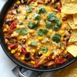 The main ingredients in this dish include: - 1 lb boneless, skinless chicken breasts, diced - 1 tablespoon olive oil - 1 medium onion, diced - 2 cloves garlic, minced - 1 can (14 oz) diced tomatoes with green chilies - 1 can (15 oz) black beans, rinsed and drained - 1 cup corn kernels (fresh, canned, or frozen) These ingredients create a strong base for your skillet. The chicken gives protein, while the black beans add fiber. The corn brings sweetness, and the tomatoes add a nice tang. Together, they form a colorful and tasty mix. For flavor, we use: - 1 tablespoon chipotle powder (adjust for spice level) - 1 teaspoon ground cumin - 1 teaspoon smoked paprika - Salt and pepper to taste Chipotle powder adds a smoky heat. Cumin brings warmth, and smoked paprika gives depth. Salt and pepper balance the flavors. Adjust the spice to your liking. Taste as you go to find your perfect blend. To elevate the dish, consider these garnishes: - 1/4 cup fresh cilantro, chopped - Tortilla chips, for serving Fresh cilantro adds brightness and a fresh taste. You can sprinkle it on top just before serving. Tortilla chips are perfect for scooping. For a creamy touch, add a drizzle of sour cream or avocado slices. This adds flavor and makes the dish visually appealing. {{ingredient_image_1}} - Gather your ingredients: - 1 lb boneless, skinless chicken breasts, diced - 1 tablespoon olive oil - 1 medium onion, diced - 2 cloves garlic, minced - 1 can (14 oz) diced tomatoes with green chilies - 1 can (15 oz) black beans, rinsed and drained - 1 cup corn kernels - 1 tablespoon chipotle powder - 1 teaspoon ground cumin - 1 teaspoon smoked paprika - Salt and pepper to taste - 1 cup shredded cheddar cheese - 1 cup shredded Monterey Jack cheese - 1/4 cup fresh cilantro, chopped - Tortilla chips for serving Start by prepping the veggies. Dice the onion and mince the garlic. This helps the flavors mix well. Heat the olive oil in a large skillet over medium-high heat. Add the diced chicken. Season with salt, pepper, chipotle powder, cumin, and smoked paprika. Cook until the chicken is cooked through and lightly browned, about 6-7 minutes. Next, add the diced onion and minced garlic. Cook until the onion is soft and see-through, about 3-4 minutes. This step brings out the onion's sweet flavor. Now, stir in the diced tomatoes, black beans, and corn. Mix everything well. Let it simmer on medium heat for about 5-6 minutes. This helps the flavors blend. Turn down the heat to low. Sprinkle both kinds of cheese evenly on top. Cover the skillet and let the cheese melt for about 3-5 minutes. Take the skillet off the heat. Garnish with fresh cilantro for a burst of flavor. Serve the enchilada skillet warm. Add tortilla chips on the side for easy scooping. Enjoy every bite of this hearty meal! To cook chicken well, start with even pieces. Cut the chicken breasts into small, even cubes. This helps them cook at the same speed. Use medium-high heat to get a nice sear. Season the chicken with salt, pepper, and spices before cooking. This adds flavor right away. Cook until the chicken is golden brown and no longer pink inside. This usually takes about 6-7 minutes. Melt cheese for that creamy feel by using low heat. After cooking the other ingredients, reduce the heat to low. Sprinkle the cheese evenly over the top. Cover the skillet with a lid. This traps steam and helps the cheese melt evenly. Let it sit for 3-5 minutes. The cheese will become gooey and delicious, making every bite rich. Adjust the spice in your dish easily. Start with one tablespoon of chipotle powder. Taste the mixture as it simmers. If you want it hotter, add more powder. You can also add diced jalapeños for extra heat. If you prefer less spice, reduce the chipotle powder. You can balance the heat with sour cream or avocado on the side. These cool toppings help tone down the spice if needed. Pro Tips Adjust Spice Level: If you prefer a milder dish, reduce the amount of chipotle powder or replace it with a sweet paprika. Cheese Variations: Experiment with different cheeses like pepper jack for added flavor or a Mexican blend for a unique twist. Make it Vegetarian: Substitute the chicken with diced zucchini or mushrooms and add extra beans for protein. One-Pan Clean-Up: Use a non-stick skillet to make clean-up easier, and consider lining the skillet with parchment paper for even less mess. {{image_2}} You can easily make a tasty vegetarian version of this dish. Start by replacing the chicken with diced bell peppers or zucchini. You can also add mushrooms for more texture. Use the same spices to keep the flavor strong. Swap the chicken for extra beans or lentils for protein. This way, you stay satisfied without meat. To make this dish gluten-free, simply skip the tortilla chips or use gluten-free ones. Check the labels on canned goods like beans and tomatoes to ensure they meet gluten-free standards. The rest of the recipe stays the same! You still get that rich flavor without any gluten worries. Want to boost the flavor even more? Here are some fun ideas. - Black Olives: Add sliced black olives for a briny kick. - Avocado: Toss in some diced avocado for creaminess. - Lime Juice: A squeeze of fresh lime brightens the whole dish. - Spinach or Kale: Mix in some leafy greens for extra nutrients and color. Experiment with these additions to create your perfect Chipotle Chicken Enchilada Skillet! To keep your Chipotle Chicken Enchilada Skillet fresh, let it cool first. Transfer it to an airtight container. You can store it in the fridge for up to three days. Label the container with the date. This helps you keep track of freshness. To reheat, use a skillet over medium heat. Add a splash of water or broth to keep it moist. Stir often to heat evenly. You can also use the microwave. Place a portion in a bowl and cover it with a damp paper towel. Heat for one to two minutes. Check if it's hot all the way through. For long-term storage, freeze the enchilada skillet. Use a freezer-safe container or bag. It can last up to three months in the freezer. When you’re ready to eat, thaw it overnight in the fridge. Reheat it the same way as before for best results. To make this dish spicier, you can add more chipotle powder. Start with an extra half tablespoon. You can also add diced jalapeños or a pinch of cayenne pepper. These will boost the heat without changing the flavors too much. For a fun twist, use spicy salsa in place of the diced tomatoes. Yes, you can use chicken thighs instead of breasts. Thighs are juicier and more flavorful. Just make sure to cut them into small pieces. Cook them the same way as the breasts. They will add a rich taste to the skillet. You can prepare this dish ahead of time. Cook the chicken and mix in the other ingredients, then let it cool. Store it in the fridge for up to two days. When ready to serve, heat it on the stove or in the oven. Add cheese and let it melt before serving. This saves time and keeps the flavors great! This blog covered how to make a tasty Chipotle Chicken Enchilada Skillet. We explored main ingredients, cooking steps, and tips for best results. I shared variations for different diets and advice on storage. You can enhance your dish with optional garnishes or extra flavors. This skillet meal is easy to customize and perfect for sharing. With these simple tips, you’ll make a dish everyone will love. Enjoy your cooking adventure and savor every bite!