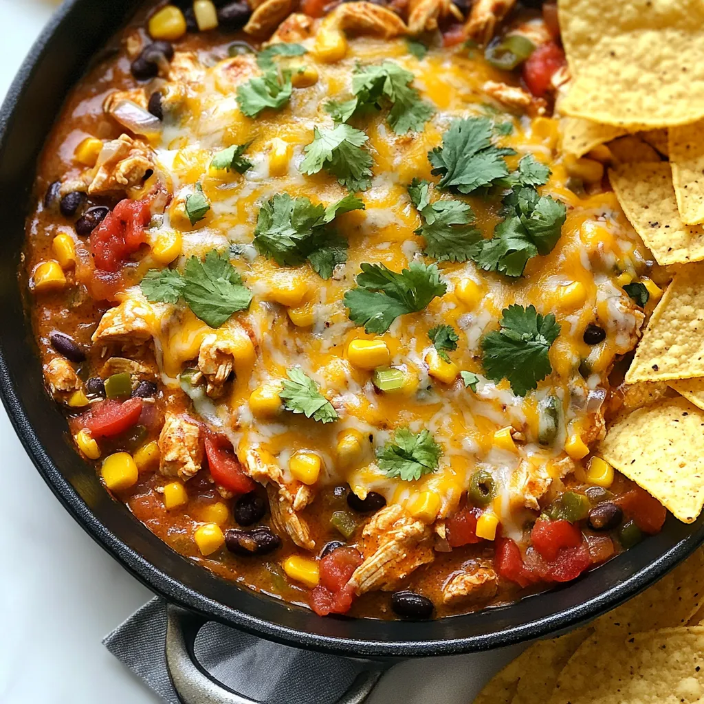 The main ingredients in this dish include: - 1 lb boneless, skinless chicken breasts, diced - 1 tablespoon olive oil - 1 medium onion, diced - 2 cloves garlic, minced - 1 can (14 oz) diced tomatoes with green chilies - 1 can (15 oz) black beans, rinsed and drained - 1 cup corn kernels (fresh, canned, or frozen) These ingredients create a strong base for your skillet. The chicken gives protein, while the black beans add fiber. The corn brings sweetness, and the tomatoes add a nice tang. Together, they form a colorful and tasty mix. For flavor, we use: - 1 tablespoon chipotle powder (adjust for spice level) - 1 teaspoon ground cumin - 1 teaspoon smoked paprika - Salt and pepper to taste Chipotle powder adds a smoky heat. Cumin brings warmth, and smoked paprika gives depth. Salt and pepper balance the flavors. Adjust the spice to your liking. Taste as you go to find your perfect blend. To elevate the dish, consider these garnishes: - 1/4 cup fresh cilantro, chopped - Tortilla chips, for serving Fresh cilantro adds brightness and a fresh taste. You can sprinkle it on top just before serving. Tortilla chips are perfect for scooping. For a creamy touch, add a drizzle of sour cream or avocado slices. This adds flavor and makes the dish visually appealing. {{ingredient_image_1}} - Gather your ingredients: - 1 lb boneless, skinless chicken breasts, diced - 1 tablespoon olive oil - 1 medium onion, diced - 2 cloves garlic, minced - 1 can (14 oz) diced tomatoes with green chilies - 1 can (15 oz) black beans, rinsed and drained - 1 cup corn kernels - 1 tablespoon chipotle powder - 1 teaspoon ground cumin - 1 teaspoon smoked paprika - Salt and pepper to taste - 1 cup shredded cheddar cheese - 1 cup shredded Monterey Jack cheese - 1/4 cup fresh cilantro, chopped - Tortilla chips for serving Start by prepping the veggies. Dice the onion and mince the garlic. This helps the flavors mix well. Heat the olive oil in a large skillet over medium-high heat. Add the diced chicken. Season with salt, pepper, chipotle powder, cumin, and smoked paprika. Cook until the chicken is cooked through and lightly browned, about 6-7 minutes. Next, add the diced onion and minced garlic. Cook until the onion is soft and see-through, about 3-4 minutes. This step brings out the onion's sweet flavor. Now, stir in the diced tomatoes, black beans, and corn. Mix everything well. Let it simmer on medium heat for about 5-6 minutes. This helps the flavors blend. Turn down the heat to low. Sprinkle both kinds of cheese evenly on top. Cover the skillet and let the cheese melt for about 3-5 minutes. Take the skillet off the heat. Garnish with fresh cilantro for a burst of flavor. Serve the enchilada skillet warm. Add tortilla chips on the side for easy scooping. Enjoy every bite of this hearty meal! To cook chicken well, start with even pieces. Cut the chicken breasts into small, even cubes. This helps them cook at the same speed. Use medium-high heat to get a nice sear. Season the chicken with salt, pepper, and spices before cooking. This adds flavor right away. Cook until the chicken is golden brown and no longer pink inside. This usually takes about 6-7 minutes. Melt cheese for that creamy feel by using low heat. After cooking the other ingredients, reduce the heat to low. Sprinkle the cheese evenly over the top. Cover the skillet with a lid. This traps steam and helps the cheese melt evenly. Let it sit for 3-5 minutes. The cheese will become gooey and delicious, making every bite rich. Adjust the spice in your dish easily. Start with one tablespoon of chipotle powder. Taste the mixture as it simmers. If you want it hotter, add more powder. You can also add diced jalapeños for extra heat. If you prefer less spice, reduce the chipotle powder. You can balance the heat with sour cream or avocado on the side. These cool toppings help tone down the spice if needed. Pro Tips Adjust Spice Level: If you prefer a milder dish, reduce the amount of chipotle powder or replace it with a sweet paprika. Cheese Variations: Experiment with different cheeses like pepper jack for added flavor or a Mexican blend for a unique twist. Make it Vegetarian: Substitute the chicken with diced zucchini or mushrooms and add extra beans for protein. One-Pan Clean-Up: Use a non-stick skillet to make clean-up easier, and consider lining the skillet with parchment paper for even less mess. {{image_2}} You can easily make a tasty vegetarian version of this dish. Start by replacing the chicken with diced bell peppers or zucchini. You can also add mushrooms for more texture. Use the same spices to keep the flavor strong. Swap the chicken for extra beans or lentils for protein. This way, you stay satisfied without meat. To make this dish gluten-free, simply skip the tortilla chips or use gluten-free ones. Check the labels on canned goods like beans and tomatoes to ensure they meet gluten-free standards. The rest of the recipe stays the same! You still get that rich flavor without any gluten worries. Want to boost the flavor even more? Here are some fun ideas. - Black Olives: Add sliced black olives for a briny kick. - Avocado: Toss in some diced avocado for creaminess. - Lime Juice: A squeeze of fresh lime brightens the whole dish. - Spinach or Kale: Mix in some leafy greens for extra nutrients and color. Experiment with these additions to create your perfect Chipotle Chicken Enchilada Skillet! To keep your Chipotle Chicken Enchilada Skillet fresh, let it cool first. Transfer it to an airtight container. You can store it in the fridge for up to three days. Label the container with the date. This helps you keep track of freshness. To reheat, use a skillet over medium heat. Add a splash of water or broth to keep it moist. Stir often to heat evenly. You can also use the microwave. Place a portion in a bowl and cover it with a damp paper towel. Heat for one to two minutes. Check if it's hot all the way through. For long-term storage, freeze the enchilada skillet. Use a freezer-safe container or bag. It can last up to three months in the freezer. When you’re ready to eat, thaw it overnight in the fridge. Reheat it the same way as before for best results. To make this dish spicier, you can add more chipotle powder. Start with an extra half tablespoon. You can also add diced jalapeños or a pinch of cayenne pepper. These will boost the heat without changing the flavors too much. For a fun twist, use spicy salsa in place of the diced tomatoes. Yes, you can use chicken thighs instead of breasts. Thighs are juicier and more flavorful. Just make sure to cut them into small pieces. Cook them the same way as the breasts. They will add a rich taste to the skillet. You can prepare this dish ahead of time. Cook the chicken and mix in the other ingredients, then let it cool. Store it in the fridge for up to two days. When ready to serve, heat it on the stove or in the oven. Add cheese and let it melt before serving. This saves time and keeps the flavors great! This blog covered how to make a tasty Chipotle Chicken Enchilada Skillet. We explored main ingredients, cooking steps, and tips for best results. I shared variations for different diets and advice on storage. You can enhance your dish with optional garnishes or extra flavors. This skillet meal is easy to customize and perfect for sharing. With these simple tips, you’ll make a dish everyone will love. Enjoy your cooking adventure and savor every bite!
