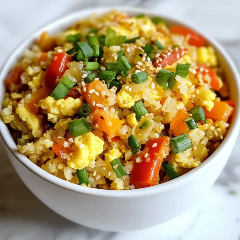 - 1 medium head of cauliflower - 2 tablespoons sesame oil - 3 green onions - 1 small carrot - 1 bell pepper - 3 cloves garlic - 1 inch ginger - 2 large eggs or egg substitute - 2 tablespoons soy sauce - 1 tablespoon rice vinegar - Salt and pepper To make cauliflower fried rice, start with the main ingredients. The star of the dish is cauliflower. It gives the rice its texture. Use about one medium head. Grate or pulse it until it looks like rice. This step is key for the right bite. Next, sesame oil adds a rich flavor. You will need two tablespoons. Chop three green onions for a fresh taste. Dice one small carrot and one bell pepper for color and crunch. Garlic and ginger bring warmth. Use three cloves of garlic and one inch of ginger, grated. For protein, add two large beaten eggs. You can swap these for an egg substitute if needed. Finally, soy sauce and rice vinegar tie all the flavors together. Use two tablespoons of soy sauce and one tablespoon of rice vinegar. Season with salt and pepper to taste. - Peas - Corn - Other favorite vegetables You can also add fun extras to your fried rice. Peas and corn are great options. They add sweetness and color. You can toss in any other favorite veggies too. Think about what you like! This dish is all about your taste. Enjoy customizing it! {{ingredient_image_1}} - Start by removing the leaves and stem from the cauliflower. - Cut the cauliflower into small florets. - Pulse the florets in a food processor until they look like rice grains. Set this aside. - Heat a large skillet over medium-high heat. - Add 2 tablespoons of sesame oil and let it heat for one minute. - Add the chopped green onions, diced carrot, and bell pepper. Stir-fry for 3-4 minutes. - When the veggies soften, stir in 3 cloves of minced garlic and 1 inch of grated ginger. Sauté for one more minute. - Push the veggie mix to one side of the skillet. Pour in 2 beaten eggs. Scramble them until fully cooked. - Mix the eggs with the veggies. Then, add the cauliflower rice to the skillet. Stir everything together. - Pour in 2 tablespoons of soy sauce and 1 tablespoon of rice vinegar. Mix well. - Season with salt and pepper to taste. Cook for 5-6 minutes, stirring often. The cauliflower rice should be tender but not mushy. - If you want, fold in peas or corn and cook for another 2 minutes. To make great cauliflower fried rice, you must avoid mushy rice. Use fresh cauliflower and pulse it just until it looks like rice. If you pulse too long, it turns to mush. High heat is key while cooking. Start with a hot skillet and add sesame oil. This helps the ingredients cook quickly and keeps the rice fluffy. Stir-fry your veggies for just a few minutes. If you need gluten-free options, use tamari instead of soy sauce. It has the same great taste but is safe for gluten-free diets. For a vegetarian or vegan version, swap out the eggs for an egg substitute. You can also try silken tofu to add protein without eggs. Serve your cauliflower fried rice in a big bowl or on plates. This makes it look inviting. Top it with extra green onions and sesame seeds for a nice finish. A pop of color always makes a dish shine! Pro Tips Use Fresh Cauliflower: For the best flavor and texture, choose a fresh head of cauliflower. Look for firm, unblemished florets and avoid any that show signs of browning. Customize Your Veggies: Feel free to add any of your favorite vegetables to the mix. Zucchini, broccoli, or snap peas can all be delicious additions that enhance both flavor and nutrition. Adjust Seasoning: Taste your fried rice before serving and adjust the seasoning. You can add more soy sauce, rice vinegar, or even a splash of chili sauce for extra heat if desired. Store Leftovers Properly: If you have leftovers, store them in an airtight container in the refrigerator. They can last for up to 3 days and can be easily reheated in a skillet. {{image_2}} Adding protein can boost the meal. Tofu is a great choice for plant lovers. Just cube it and stir-fry until golden. Chicken is another option; use bite-sized pieces. Shrimp cooks fast and adds a nice touch. Each protein adds its own flavor and texture. You can mix in seasonal veggies for taste and health. Think about using broccoli, peas, or spinach. Colorful combos like red bell peppers and orange carrots make the dish pop. These vibrant veggies not only look good but also pack nutrients. Try different sauces or spices to change the taste. Adding sriracha gives it a spicy kick. For a sweeter flavor, use hoisin sauce. You can also sprinkle in sesame seeds for crunch. Experimenting with flavors keeps the dish exciting and fresh. To keep your cauliflower fried rice fresh, follow these steps: - Place leftovers in an airtight container. - Make sure to cool the rice to room temperature first. - Store it in the fridge for up to three days. - If you want to keep it longer, consider freezing it. Use freezer-safe bags or containers for this. Remove as much air as possible to prevent freezer burn. When you are ready to enjoy the leftovers, here are the best methods: - Microwave: Place a portion in a bowl, cover, and heat for 1-2 minutes. Stir halfway for even heating. - Skillet: Heat a bit of oil in a pan over medium heat. Add the rice and stir for about 3-5 minutes. This method helps keep the texture nice. - Oven: Preheat your oven to 350°F (175°C). Spread the rice on a baking sheet and warm for about 10 minutes. Always check that the rice is heated through before serving. Enjoy your meal! Cauliflower rice is simply cauliflower grated into small pieces. It looks like rice but is much healthier. Using cauliflower rice cuts carbs and adds lots of vitamins. You get fiber, vitamins C and K, and antioxidants. This makes it a great choice for meals. Yes, you can freeze cauliflower fried rice! To freeze it, let it cool first. Then, put it in a freezer-safe bag or container. Make sure to remove as much air as possible. It will stay good for up to three months. When you want to eat it, thaw it in the fridge overnight. Reheat it in a pan or microwave until it's hot. If you don't have a food processor, you can still make cauliflower rice. Start by chopping the cauliflower into small florets. Then, use a box grater to grate the florets. This method takes longer but works well. You can also chop the florets finely with a knife. Just make sure the pieces are small and even. This way, they cook evenly in the pan. Cauliflower fried rice is a tasty and healthy dish you can easily make. We covered key ingredients, preparation steps, and helpful tips for the best results. Remember to cook on high heat to avoid mushy rice. You can customize this dish with different proteins and veggies for added flavor. Don’t forget to store leftovers properly for later! Enjoy your delicious creation, and don’t hesitate to experiment with your favorite flavors to make it your own.
