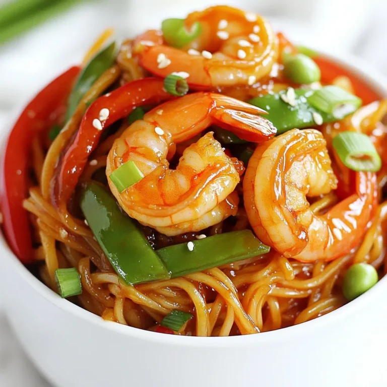 To make Spicy Shrimp Lo Mein, gather fresh, tasty ingredients. Here’s what you need: - 8 oz lo mein noodles - 1 lb large shrimp, peeled and deveined - 2 tablespoons vegetable oil - 1 tablespoon sesame oil - 1 red bell pepper, thinly sliced - 1 cup snap peas, trimmed - 3 cloves garlic, minced - 2 inches ginger, grated - 2 tablespoons soy sauce - 1 tablespoon chili garlic sauce (adjust to taste) - 1 tablespoon oyster sauce - 2 green onions, sliced (for garnish) - Sesame seeds (for garnish) - Salt and pepper to taste These ingredients make the dish rich and full of flavor. Lo mein noodles give it a nice base. Shrimp adds protein and a sweet taste. The bell pepper and snap peas bring crunch and color. Garlic and ginger add warmth and depth. The sauces and chili garlic sauce bring the spicy kick. This mix creates a balance that makes every bite exciting. {{ingredient_image_1}} Start by boiling a big pot of water. Add 8 oz of lo mein noodles. Cook them as the package says, till they are al dente. When done, drain the noodles. Toss them with a bit of sesame oil. This keeps them from sticking together. Next, take a large skillet or wok. Heat 2 tablespoons of vegetable oil over medium-high heat. Add 1 lb of large shrimp, peeled and deveined. Sprinkle some salt and pepper on them. Sauté for 2-3 minutes. The shrimp should turn pink and be fully cooked. Take them out of the skillet and set them aside. In the same skillet, add 3 cloves of minced garlic and 2 inches of grated ginger. Stir for about 30 seconds. You want it to smell good. Then, add 1 thinly sliced red bell pepper and 1 cup of trimmed snap peas. Stir-fry for 3-4 minutes. The veggies should look bright and be a bit tender. Put the cooked shrimp back in the skillet. Add the lo mein noodles next. Pour in 2 tablespoons of soy sauce, 1 tablespoon of chili garlic sauce, and 1 tablespoon of oyster sauce. Toss everything for 2-3 minutes. Make sure the noodles and shrimp get coated well with the sauces and are hot. After mixing, take the skillet off the heat. Serve it hot. Garnish with sliced green onions and a sprinkle of sesame seeds. Enjoy your meal! For this dish, use lo mein noodles. They have a soft and chewy texture. You can find them in Asian markets or the pasta aisle. If you can’t find lo mein noodles, you can use spaghetti. Just make sure to cook them until they are al dente. This helps them hold their shape in the stir-fry. Cooking shrimp is easy but needs your attention. Start with a hot skillet to get a nice sear. Add the shrimp and watch them closely. They should turn pink and opaque, which takes about 2-3 minutes. Overcooking shrimp makes them rubbery. Remove them from the skillet right when they're done for the best taste. You control the heat in your dish! If you like it spicy, add more chili garlic sauce. Start with one tablespoon, then taste. If it’s not hot enough, add more. For a milder flavor, reduce the chili sauce or leave it out. You can still enjoy the other flavors without the heat. To boost the taste, try adding fresh herbs like cilantro or basil. A splash of lime juice adds brightness too. For a savory touch, use a splash of rice vinegar. These small additions can take your spicy shrimp lo mein to the next level. Experiment to find your favorite flavor combinations! Pro Tips Fresh Shrimp is Best: For the best flavor and texture, use fresh shrimp rather than frozen. If using frozen, ensure they are fully thawed and patted dry before cooking. Adjust Spice Level: Control the heat by adjusting the amount of chili garlic sauce. Start with a small amount and taste as you go to achieve your desired spice level. Perfectly Cooked Noodles: To avoid mushy noodles, cook the lo mein just until al dente. Rinse them under cold water after draining to stop the cooking process. Veggie Variations: Feel free to mix and match vegetables based on your preference or what you have on hand. Broccoli, carrots, and bok choy are great alternatives. {{image_2}} You can really mix it up with this recipe. Try adding broccoli or carrots. They add crunch and color. You can also use bok choy or mushrooms for more flavor. Just make sure to chop them small. This helps them cook fast and blend well. If you want a change from shrimp, chicken works great. Just cut it into bite-sized pieces. Sauté it until it’s golden brown. Tofu is another awesome choice, especially if you want a plant-based meal. Use firm tofu for best results. Press it to remove extra water for a firmer texture. To make a vegan version, skip the shrimp and oyster sauce. Use soy sauce or a plant-based alternative instead. Add more veggies like bell peppers and zucchini. This keeps the dish colorful and tasty without any animal products. If you need a gluten-free meal, choose rice noodles or gluten-free lo mein. Check the labels to be sure. You can also swap regular soy sauce for tamari. This makes it safe for those with gluten allergies. Enjoy the same great taste without worry! Store your Spicy Shrimp Lo Mein in an airtight container. Let it cool down first. Place it in the fridge within two hours of cooking. It will stay fresh for up to three days. To prevent sogginess, keep the sauce separate if possible. For long-term storage, you can freeze this dish. Pack the lo mein in freezer-safe containers. It can last for about three months in the freezer. When ready to eat, thaw it in the fridge overnight before reheating. To reheat, use a skillet over medium heat. Add a splash of water or broth for moisture. Heat it for about five to seven minutes, stirring often. You can also microwave it in short bursts, stirring in between, until hot. Always check that the shrimp are heated through before serving. Lo mein is a Chinese dish made with stir-fried noodles. You usually use wheat noodles, and they are soft and chewy. The dish often includes vegetables and protein, like shrimp. It's popular for its rich flavors and quick cooking time. Yes, you can use other noodles! You can try egg noodles or rice noodles. Just make sure they cook well with the other ingredients. Adjust the cooking time based on the type you choose. To reduce spice, cut back on chili garlic sauce. You can also use less ginger and garlic. Another option is to add more vegetables or noodles to balance the heat. You can serve it with spring rolls or dumplings. A side salad with a light dressing pairs well too. If you like, some steamed broccoli adds color and nutrition. Shrimp cook very quickly. They usually take about 2-3 minutes in the pan. They turn pink when cooked. Be careful not to overcook them, or they will become tough. In this blog post, we covered how to make Spicy Shrimp Lo Mein. We detailed the key ingredients, step-by-step cooking methods, and helpful tips. You can adjust the recipe to fit your tastes by adding veggies or choosing different proteins. Remember, storing leftovers properly keeps them fresh. Cooking shrimp and noodles well can elevate your dish. With these insights, you can create a tasty meal that suits your needs. Enjoy experimenting with flavors and make this dish your own!