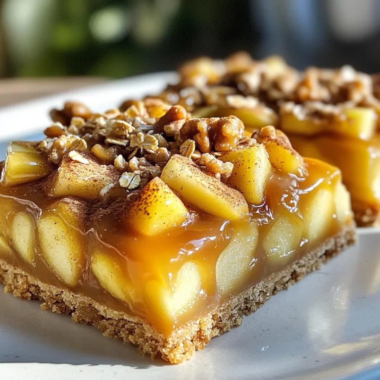 To make caramel apple shortbread bars, you need: - 2 cups all-purpose flour - 1/2 cup powdered sugar - 1 cup unsalted butter, softened - 1/4 teaspoon salt - 3 medium apples, peeled and diced - 1 teaspoon cinnamon - 1 tablespoon lemon juice - 1 cup caramel sauce - 1/2 cup rolled oats - 1/4 cup chopped walnuts (optional) - 1/2 teaspoon vanilla extract These ingredients create a sweet and tart dessert that you will love. I find that Granny Smith apples are the best choice. Their tartness balances the sweet caramel. Honeycrisp apples also work well for a sweeter flavor. Use your favorite variety for a personal touch. You can swap unsalted butter for coconut oil for a dairy-free option. Use brown sugar instead of powdered sugar for a richer taste. If you want a nut-free version, skip the walnuts or replace them with sunflower seeds. For gluten-free bars, use a gluten-free flour blend. Start by preheating your oven to 350°F (175°C). Use a 9x13-inch baking pan. Grease it or line it with parchment paper. This helps with easy removal later. In a large bowl, cream 1 cup of softened butter and 1/2 cup of powdered sugar. Mix until it’s light and fluffy. Gradually add 2 cups of all-purpose flour and 1/4 teaspoon of salt. Keep mixing until a dough forms. Now, press about two-thirds of the dough into the bottom of your pan. Make sure it’s even and compact. This part is your shortbread crust, so don’t skip this step! In a separate bowl, take 3 medium apples, peel and dice them. I recommend Granny Smith apples for their tartness. Toss them with 1 tablespoon of lemon juice and 1 teaspoon of cinnamon. This adds a nice zing to your apples. Spread the apple mixture evenly over the crust. Next, drizzle half of your caramel sauce (1 cup total) over these apples. Spread it evenly to ensure each bite has caramel goodness. Now, sprinkle the remaining dough over the apples. This will create a nice topping. If you like, add 1/2 cup of rolled oats and 1/4 cup of chopped walnuts for a nice crunch. Finally, drizzle the rest of the caramel sauce on top. Place your pan in the preheated oven. Bake for 35 to 40 minutes. You want the top to be golden brown and bubbly. Once baked, remove the pan from the oven. Let it cool completely in the pan before slicing. This cooling time helps the bars set up nicely. For the perfect shortbread, use cold butter. Cut it into small cubes before mixing. Cream the butter and sugar until light. This step is key. Mix the flour and salt gently. Don’t overmix; keep it crumbly. Press two-thirds of the dough into the pan firmly. This creates a strong base. Wait until the bars cool completely. This helps them set well. Use a sharp knife to cut them into squares. Wipe the knife between cuts for clean edges. Serve them on a nice platter. Drizzle extra caramel on top for a sweet touch. Garnish with a sprinkle of cinnamon for flair. For more flavor, add a pinch of nutmeg with the cinnamon. You can also mix in a dash of vanilla extract into the apple layer. If you like nuts, chopped walnuts add a nice crunch. Try using different apples for unique tastes. Honeycrisp apples bring sweetness, while Granny Smith adds tartness. {{image_2}} You can make these bars even better in the fall. Adding pumpkin gives a rich flavor. Just mix 1 cup of pure pumpkin puree into the apple mixture. This adds moisture and nice color. It also pairs well with the spices. For a gluten-free version, swap all-purpose flour for a gluten-free blend. Look for one that works well in baking. You may need to adjust the liquid a bit. Check the package for tips. This way, everyone can enjoy these tasty bars. If you want to change the nuts, try pecans or almonds. Both add great flavor and crunch. Chopped nuts give extra texture in every bite. You can even leave them out if you prefer a nut-free treat. To keep your Caramel Apple Shortbread Bars fresh, store them in an airtight container. This helps to lock in the moisture and prevent them from drying out. Line the container with parchment paper for easy removal. Keep the bars at room temperature for a day or two. If you need to store them for longer, refrigerate them. Freezing these bars is simple and great for meal prep. First, let the bars cool completely. Then, slice them into squares. Wrap each square in plastic wrap tightly. Place the wrapped bars in a freezer-safe bag or container. Label it with the date. You can freeze the bars for up to three months. When stored properly, Caramel Apple Shortbread Bars last about a week at room temperature. In the fridge, they can last up to two weeks. When you want to eat a frozen bar, take it out and let it thaw in the fridge overnight. If you prefer them warm, place them in the oven at 350°F for about 10 minutes. Enjoy the gooey caramel and tender apples! Yes, you can use different caramel sauces. Store-bought works well, and homemade adds a special touch. I love using salted caramel for a sweet and salty mix. You can even try chocolate caramel if you want a rich twist. Just make sure it’s thick enough to hold its shape when layered. To make homemade caramel sauce, you need sugar, butter, and cream. Here’s a simple way: - In a saucepan, heat one cup of sugar over medium heat. - Stir it until it melts and turns golden brown. - Add half a cup of butter and stir until melted. - Slowly pour in half a cup of heavy cream while stirring. - Cook for another 2-3 minutes until smooth. Let it cool before using. This sauce adds a great flavor to your bars. You can serve these bars with many tasty options. Here are some ideas: - A scoop of vanilla ice cream for a creamy contrast. - Whipped cream to add a light and fluffy touch. - Fresh apple slices for some crunch. - Drizzle more caramel sauce on top for extra sweetness. These pairings enhance the flavor and make your dessert even more fun! This blog post covered all you need to know about making Caramel Apple Shortbread Bars. We explored the best ingredients, from apple types to smart substitutions. You learned step-by-step how to prepare the crust, layer the ingredients, and bake. Plus, I shared tips for perfecting the texture and storing your bars. Don't forget to try variations like adding pumpkin or making them gluten-free. With these insights, you’ll create delightful treats every time. Enjoy your baking adventure!