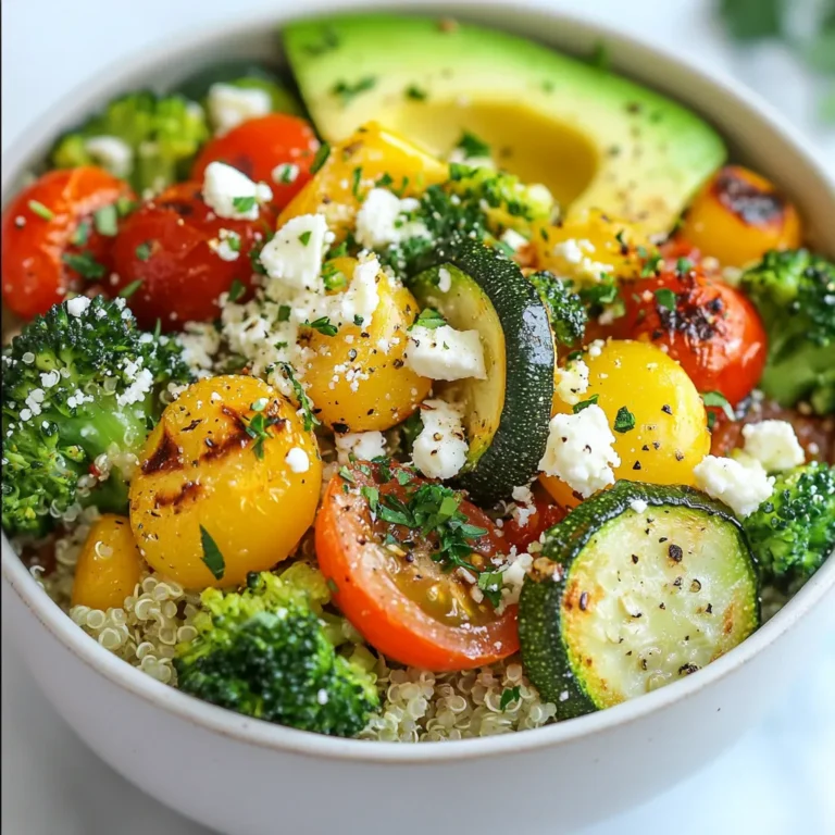 This roasted veggie quinoa bowl is simple and tasty. Here are the main ingredients you need: - 1 cup quinoa, rinsed - 2 cups vegetable broth - 1 zucchini, diced - 1 bell pepper (any color), diced - 1 cup cherry tomatoes, halved - 1 cup broccoli florets - 2 tablespoons olive oil - 1 teaspoon garlic powder - 1 teaspoon paprika - Salt and pepper to taste You can add fun toppings to make your bowl special: - 1 avocado, sliced - ¼ cup feta cheese (optional) - Fresh parsley, chopped for garnish These toppings add flavor and look great on your dish. This dish is packed with good stuff. Quinoa gives you protein and fiber. It also has essential amino acids. The veggies add vitamins and minerals. - Zucchini is low in calories and high in water. - Bell peppers are rich in vitamin C. - Broccoli has antioxidants and fiber. - Avocado adds healthy fats. This bowl is not just tasty; it supports a healthy diet. Enjoy this colorful meal! {{ingredient_image_1}} First, rinse 1 cup of quinoa. This step removes any bitterness. In a medium pot, combine the rinsed quinoa with 2 cups of vegetable broth. Bring this mix to a boil over high heat. Once it boils, lower the heat to low and cover the pot. Let it simmer for about 15 minutes. The quinoa will absorb the broth and become fluffy. After 15 minutes, remove it from heat but keep it covered for another 5 minutes. This resting time helps the quinoa become even fluffier. While the quinoa cooks, it’s time to prepare the veggies. Take a large baking sheet and spread out your diced zucchini, bell pepper, halved cherry tomatoes, and broccoli florets. These vegetables add color and flavor to the bowl. Drizzle 2 tablespoons of olive oil over the veggies. Then, add 1 teaspoon of garlic powder, 1 teaspoon of paprika, and sprinkle salt and pepper to taste. Toss everything well so each piece of veggie gets coated in oil and spices. This step boosts the flavor and makes them tasty. Now, preheat your oven to 400°F (200°C). Place the baking sheet with the seasoned veggies in the oven. Roast them for about 20-25 minutes. Stir the veggies halfway through to ensure they roast evenly. You want them to become tender and slightly caramelized. This caramelization adds sweetness and depth to the dish. Once done, take the veggies out of the oven. They should look golden and smell amazing. To make great quinoa, start with rinsing it. Rinsing removes the bitter coating called saponin. Use a fine mesh strainer for this step. Next, use two cups of broth for each cup of quinoa. This adds flavor. Bring the broth to a boil, then lower the heat. Cover and let it simmer for 15 minutes. After that, let it sit for 5 minutes. Finally, fluff it gently with a fork. This makes your quinoa light and airy. Roasting veggies brings out their natural sweetness. Cut your zucchini, bell pepper, cherry tomatoes, and broccoli into even pieces. This helps them cook at the same rate. Drizzle them with olive oil, and sprinkle garlic powder and paprika. Toss the veggies well to coat them evenly. Spread them on a baking sheet without crowding. This allows them to caramelize. Roast at 400°F for 20-25 minutes. Stir halfway for even cooking. You want them tender and slightly browned for the best flavor. A beautiful bowl makes the meal more fun. Divide the fluffy quinoa into bowls first. Then, pile on the roasted veggies. Add sliced avocado on top for creaminess. If you like, sprinkle feta cheese for a tangy kick. Fresh parsley adds a pop of color. For an extra touch, drizzle balsamic glaze over the top. Use colorful bowls to make your dish stand out. Enjoy your vibrant and tasty roasted veggie quinoa bowl! Pro Tips Roasting Vegetables: Ensure the veggies are cut into similar sizes for even cooking and caramelization. Flavor Boost: Add fresh herbs like thyme or rosemary to the vegetable mix before roasting for an aromatic twist. Make Ahead: This quinoa bowl can be prepared in advance; just store the components separately and combine them when ready to serve. Protein Addition: For a heartier meal, consider adding grilled chicken, chickpeas, or black beans to the bowl. {{image_2}} You can swap out the veggies in the roasted veggie quinoa bowl. Try using sweet potatoes, carrots, or Brussels sprouts. These options bring new tastes and textures. For a spicy kick, add jalapeños or chili peppers. You can even mix in leafy greens like spinach or kale. Just remember, the key is to choose colorful vegetables. They make your bowl look great and add many vitamins. Quinoa is a great base, but other grains work too. Consider using brown rice, farro, or barley. Each grain offers a unique flavor and texture. For a gluten-free option, try millet or buckwheat. These grains cook similarly to quinoa, making them easy to swap. They also add extra nutrients to your meal. To make your bowl more filling, add proteins. Grilled chicken, shrimp, or tofu are great choices. For a plant-based option, consider chickpeas or black beans. These proteins boost your dish and keep you satisfied longer. You can also sprinkle nuts or seeds on top for extra crunch and flavor. Store your roasted veggie quinoa bowl in an airtight container. Let it cool first. Place it in the fridge for up to 4 days. This keeps the flavors fresh and the veggies crisp. When you want to eat your leftovers, heat them in the microwave. Use a microwave-safe bowl. Heat in 30-second bursts, stirring in between. This keeps the quinoa fluffy and the veggies warm without drying them out. You can freeze the quinoa bowl too. Pack it in a freezer-safe container. It lasts up to 3 months in the freezer. When ready to eat, thaw it overnight in the fridge. Reheat as mentioned before for a delicious meal on the go. Yes, you can easily make this recipe vegan. Just omit the feta cheese. Use plant-based toppings like avocado or nuts. They add creaminess and flavor. You can also use vegetable broth to cook the quinoa, which is already vegan. If you want a substitute for quinoa, try brown rice or farro. Both grains have a nice texture. You can also use couscous or barley. These grains will still give you a hearty base for your bowl. The quinoa bowl lasts about 3 to 5 days in the fridge. Store it in an airtight container. Just make sure the veggies are cool before you store them. Reheat it in the microwave for a quick meal. This post covered key ingredients like quinoa and veggies, along with toppings and nutrition tips. I shared clear steps for prepping and roasting, plus tips for perfect flavors and great presentation. You learned about fun variations and how to store your dish. With this knowledge, you can create tasty and healthy quinoa bowls. Experiment with different veggies and proteins to keep it fresh. Enjoy your cooking!