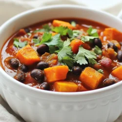 - 2 medium sweet potatoes, peeled and diced - 1 can (15 oz) black beans, rinsed and drained - 1 can (15 oz) kidney beans, rinsed and drained - 1 can (14.5 oz) diced tomatoes, with juice - 1 medium onion, finely chopped - 3 cloves garlic, minced - 1 bell pepper (red or green), chopped - 1-2 chipotle peppers in adobo sauce, minced (adjust for heat preference) - 2 tablespoons adobo sauce (from chipotle can) - 2 cups vegetable broth - 2 teaspoons ground cumin - 1 teaspoon smoked paprika - 1/2 teaspoon cayenne pepper (optional, for extra heat) - Salt and pepper to taste - 2 tablespoons olive oil - Fresh cilantro for garnish (optional) You can swap some ingredients if you have allergies or preferences. If you are vegan, use vegetable broth. If you need a gluten-free option, this recipe is safe as is. For a creamier texture, try adding a dollop of sour cream or yogurt. If you can’t find chipotle peppers, you can use a bit of hot sauce instead for some heat. These ingredients create a rich, smoky flavor. Sweet potatoes add a nice sweetness and creaminess. The beans give protein and texture. The chipotle peppers bring heat and depth, making each bite exciting. {{ingredient_image_1}} 1. Heat the Olive Oil: Start by heating two tablespoons of olive oil in a large pot over medium heat. This oil helps cook the veggies and adds flavor. 2. Sauté the Onion and Bell Pepper: Add one chopped onion and one chopped bell pepper to the pot. Cook for about five minutes until the onion looks clear. This step builds a base of flavor for your chili. 3. Add Garlic and Chipotle Peppers: Now, mix in three minced garlic cloves and one to two minced chipotle peppers. Cook for one more minute. This adds a nice kick. 4. Stir in Sweet Potatoes: Toss in two diced sweet potatoes. Make sure they get mixed with the onion and garlic. This ensures each piece gets that smoky flavor. 5. Pour in Broth and Tomatoes: Next, add two cups of vegetable broth and one can of diced tomatoes (with juice). This forms the base of your chili. 6. Add Beans and Spices: Include one can of black beans, one can of kidney beans, two teaspoons of ground cumin, one teaspoon of smoked paprika, and half a teaspoon of cayenne pepper if you want extra heat. Don't forget two tablespoons of adobo sauce. This mix creates a rich, layered taste. 7. Season: Add salt and pepper to your liking. This is key to balancing the flavors. 8. Bring to a Boil and Simmer: Bring the chili to a boil. Once boiling, lower the heat and let it simmer uncovered for 30 to 35 minutes. Stir occasionally. This cooking time makes the sweet potatoes tender and lets the flavors blend. 9. Taste and Adjust: After simmering, taste your chili. Add more salt, pepper, or adobo sauce if needed. This final step is important to get the taste just right. 10. Serve: Ladle the chili into bowls. If you like, top with fresh cilantro for a pop of color and flavor. - Prep Time: Spend about 15 minutes getting everything ready. - Cook Time: The total cook time is about 35 minutes for the chili. - Simmering: Keep the heat low while it simmers. This helps the sweet potatoes cook through and the flavors develop. Stovetop cooking works best for this recipe. There are no oven instructions needed, as the pot does all the magic. To deepen the smoky flavor of your chili, use more chipotle peppers. Each pepper adds a touch of heat and smoke. You can also add a splash of liquid smoke for an extra boost. A hint of lime juice at the end brightens the dish and balances the flavors. For garnishes, fresh cilantro works well. It adds a pop of color and freshness. You might also sprinkle some crumbled cheese on top for richness. Avocado slices add creaminess, making each bite delightful. One pitfall to avoid is overcooking the sweet potatoes. They should be tender but not mushy. Stir the chili occasionally to prevent sticking and ensure even cooking. When adjusting heat, remember that chipotle peppers can vary in spice. Start with one pepper, then taste. You can always add more if you want more heat. If it gets too spicy, add a little sugar or honey to balance it out. Pro Tips Choose the Right Sweet Potatoes: Look for firm, smooth sweet potatoes without any blemishes for the best flavor and texture. Spice Level Adjustment: If you prefer a milder chili, start with just one chipotle pepper and taste before adding more. Meal Prep Friendly: This chili stores well in the refrigerator for up to 5 days and can be frozen for up to 3 months, making it great for meal prep. Garnish for Flavor: Fresh cilantro not only adds a pop of color but also enhances the chili's flavor profile, so don't skip it! {{image_2}} You can easily change this chili to suit your taste. If you want to add protein, try ground turkey or chicken. For a plant-based option, use lentils or tempeh. Both options will give you a hearty meal. You can also switch the beans. Use pinto beans or chickpeas instead. This adds a new texture and flavor. For a vegan twist, skip the chipotle peppers in adobo sauce. Use smoked paprika instead to keep the smoky taste. You can customize this dish to fit your needs and still enjoy a delicious meal. Get creative by adding local ingredients from different cuisines. For a Mexican flair, toss in some corn. It adds sweetness and crunch. You can also add avocado on top for creaminess. This complements the smoky flavor well. If you want a Mediterranean touch, mix in some diced olives or feta cheese. These additions can send your chili to a whole new level. Experiment with different spices like oregano or chili powder to explore new flavor profiles. Your chili can become a global dish with just a few tweaks! To keep your Smoky Chipotle Sweet Potato Chili fresh, use an airtight container. Make sure to cool the chili to room temperature before sealing it. This way, it won’t trap steam and cause sogginess. Your chili will last in the fridge for about 4 to 5 days. For long-term storage, freezing is a great option. First, let the chili cool completely. Then, transfer it to freezer-safe bags or containers. Remove as much air as possible to prevent freezer burn. You can freeze it for up to 3 months. When you’re ready to enjoy it, thaw the chili overnight in the fridge. To reheat, warm it on the stove over low heat or in the microwave. Stir occasionally for even heating. Add a splash of broth if it seems too thick. Enjoy your chili just like new! How can I make this chili spicier? To boost the heat, add more chipotle peppers. You can also include cayenne pepper. Start with one extra pepper and taste. Adjust it until you find your perfect level of spice. Can I use canned sweet potatoes? Yes, you can use canned sweet potatoes. Drain and rinse them well. Add them later in the cooking process. This keeps them from getting too mushy. What dishes pair well with this chili? This chili goes great with cornbread or rice. You can also serve it with a side salad. For a fun twist, try it with tortilla chips for dipping. We covered all you need for a great Smoky Chipotle Sweet Potato Chili. I shared the essential ingredients, step-by-step cooking instructions, and how to enhance the flavor. I also included tips on common mistakes, variations for added creativity, and best practices for storing your chili. With this knowledge, you can make a tasty dish that fits your needs and preferences. Enjoy experimenting and customizing your chili to make it your own!