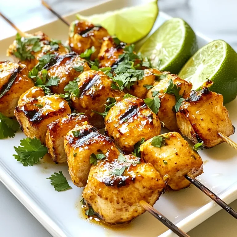 - 1 lb chicken breast, cut into 1-inch cubes - 1 cup coconut milk - Zest and juice of 2 limes Chicken breast gives a nice, lean protein for these skewers. Coconut milk adds creaminess and depth. Limes bring a fresh, tangy flavor that enhances the dish. - 2 tablespoons honey - 1 tablespoon soy sauce - 2 cloves garlic, minced - 1 teaspoon ginger, grated Honey adds a touch of sweetness, balancing the tang of lime. Soy sauce brings umami and saltiness. Garlic and ginger offer warmth and spice, creating a well-rounded flavor. - 1/4 cup fresh cilantro, chopped - Lime wedges - Skewers (wooden or metal) Fresh cilantro adds a bright finish. Lime wedges provide extra zest when serving. Using skewers, either wooden or metal, helps with grilling and presentation. These ingredients combine to create a vibrant dish. The flavors blend beautifully, making each bite a delight. {{ingredient_image_1}} To start, grab a large bowl. In this bowl, mix together the following ingredients: - 1 cup coconut milk - Zest and juice of 2 limes - 2 tablespoons honey - 1 tablespoon soy sauce - 2 cloves garlic, minced - 1 teaspoon ginger, grated - Salt and pepper to taste Stir well until all the flavors blend nicely. Next, take your chicken breast and cut it into 1-inch cubes. Add these cubes to your marinade. Make sure each piece is well coated. Cover the bowl and place it in the fridge. Let it marinate for at least 1 hour. If you have time, let it sit for 4 hours. This will give you deeper flavor. If you are using wooden skewers, soak them in water for 30 minutes. This step helps prevent burning. While the skewers soak, preheat your grill or grill pan to medium heat. This will ensure a good sear on your chicken. Now it’s time to assemble your skewers. Thread the marinated chicken onto the skewers, but leave a little space between each piece. This space helps them cook evenly. Once assembled, place the skewers on your grill. Cook them for about 10 to 12 minutes. Make sure to turn them occasionally. Check the internal temperature of the chicken. It should reach 165°F (75°C). This ensures that your chicken is safe to eat and perfectly cooked. To get the best flavor from your marinade, marinate the chicken for at least 1 hour. For deeper taste, aim for 4 hours. The longer you marinate, the more flavor the chicken absorbs. To enhance the marinade, you can add a bit of fresh chili for heat. This gives a nice kick without overpowering the coconut and lime. For great grill marks, make sure your grill is hot. Place the skewers at a diagonal angle on the grates. Turn them only once to get nice lines. To check if the chicken is done, use a meat thermometer. The internal temperature should reach 165°F (75°C). If you don’t have a thermometer, cut a piece in the thickest part. The juice should run clear. When serving, use a rustic wooden platter for visual appeal. Arrange the skewers neatly and sprinkle with fresh cilantro. For a touch of elegance, drizzle a coconut milk reduction over the skewers. This adds flavor and looks stunning. Serve with lime wedges on the side for extra zing. Pro Tips Marination is Key: For the best flavor, marinate the chicken for at least 4 hours. This allows the spices and coconut milk to penetrate the meat, resulting in juicy and flavorful skewers. Skewer Selection: If using wooden skewers, ensure to soak them in water for 30 minutes before grilling to prevent them from catching fire and burning during cooking. Check for Doneness: Always use a meat thermometer to check that the chicken has reached an internal temperature of 165°F (75°C) for safe consumption. Perfect Grill Marks: Avoid flipping the skewers too often while grilling. Let them sear for a few minutes on each side to achieve those beautiful grill marks and a nice char. {{image_2}} You can switch up the protein in your coconut lime chicken skewers. Shrimp works great and cooks faster. Tofu is a fun choice for a plant-based option. It soaks up the marinade well. You can also try different marinades. A spicy chili marinade adds heat. An herb-infused mix brings fresh flavors. Mixing things up keeps the dish exciting. Not in the mood for grilling? You can oven-bake these skewers. Preheat your oven to 400°F (200°C). Place the skewers on a baking sheet. Bake for about 15-20 minutes, flipping halfway. For stovetop grilling, use a grill pan. Heat it on medium-high. Place the skewers in the pan and cook for 10-12 minutes. This gives you those nice grill marks without an outdoor grill. Coconut lime chicken skewers pair well with several side dishes. Fluffy rice complements the meal nicely. A fresh salad adds crunch and color. For drinks, try iced tea for a refreshing sip. A light white wine, like Sauvignon Blanc, also works well. These pairings make your meal complete and enjoyable. Store leftover skewers in an airtight container. You can refrigerate them for up to three days. If you want to keep them longer, freezing is a good option. Just ensure the container is safe for freezing. This helps keep the chicken fresh and tasty. To reheat skewers, use an oven or skillet. Preheat your oven to 350°F (175°C). Place the skewers on a baking sheet. Heat for about 10 minutes. In a skillet, add a little oil and warm on medium heat. Turn the skewers gently to keep them moist. Avoid using a microwave, as it can make the chicken dry. You can freeze the marinated chicken before grilling. Use a freezer-safe bag and remove as much air as possible. This helps prevent freezer burn. For best results, freeze for no more than three months. To defrost, place the bag in the fridge overnight. This method keeps the chicken safe and flavorful. Yes, you can use different meats. Shrimp, pork, or tofu work great. Just adjust cook times. Each meat adds unique flavor. You may also need to tweak the marinade a bit. I recommend marinating the chicken for at least four hours. This allows the flavors to soak in well. If you’re short on time, one hour is fine. The longer you marinate, the tastier the chicken will be. The chicken should reach an internal temperature of 165°F (75°C). This ensures it is fully cooked and safe to eat. Use a meat thermometer for accuracy. Yes, you can make these skewers in advance. Marinate the chicken a day ahead. Just keep it in the fridge until you’re ready to grill. This saves time and helps flavors deepen. To prevent burning, soak wooden skewers in water for 30 minutes. This helps them stay moist during grilling. It also keeps them from catching fire on the grill. You learned how to make delicious coconut lime chicken skewers. We went over essential ingredients, marinating tips, grilling techniques, and even variations. Using fresh ingredients and proper cooking methods makes all the difference. Enjoy experimenting with flavors to find your favorite version. Remember to store leftovers right and reheat them well. Enjoy your grilling adventure, and impress your friends with these tasty skewers!