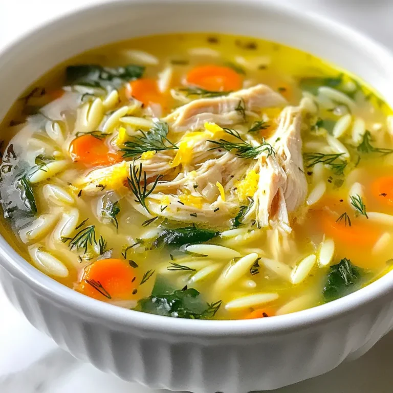 To make this hearty soup, you need some key ingredients: - 1 lb boneless, skinless chicken breasts - 1 cup orzo pasta - 4 cups chicken broth - 1 medium onion, diced - 2 cloves garlic, minced - 2 carrots, sliced - 2 celery stalks, diced - 1 cup fresh spinach, chopped - 3 tablespoons fresh dill, chopped (or 1 tablespoon dried dill) - 1 lemon, zested and juiced - Salt and pepper to taste - 2 tablespoons olive oil These ingredients create a bright and flavorful soup that warms the soul. You can add a few optional ingredients to boost the taste: - 1 teaspoon red pepper flakes for heat - 1 cup diced tomatoes for extra texture - 1 tablespoon lemon juice for a zing - Fresh parsley for garnish These extras add depth and make each bowl even more exciting. If you need to swap some ingredients, here are good options: - Use chicken thighs instead of breasts for a richer flavor. - Substitute quinoa or rice for orzo if desired. - Use vegetable broth for a lighter, vegetarian base. - If you don't have fresh dill, try tarragon or parsley instead. These substitutions keep the essence of the soup while accommodating your pantry. {{ingredient_image_1}} To make this soup, start with easy steps. First, heat olive oil in a large pot over medium heat. Add diced onion, sliced carrots, and diced celery. Sauté these for about 5-7 minutes until they soften. Next, stir in minced garlic and cook for one more minute to release its smell. Now, add the chicken breasts to the pot. Pour in the chicken broth and bring it to a boil. Once boiling, reduce the heat to low. Let it simmer for 15-20 minutes until the chicken is fully cooked. After that, take the chicken out and shred it using two forks. Set it aside for later. Next, add the orzo pasta to the broth. Cook it according to the package instructions, which usually takes about 8-10 minutes. In the last 2 minutes, stir in chopped fresh spinach, shredded chicken, dill, lemon zest, and lemon juice. Finally, add salt and pepper to taste. Remove the pot from heat and let it sit for a few minutes before serving. - Always sauté your veggies first. This step builds a strong flavor base. - Shred the chicken while it’s warm. It makes the process easier and faster. - Keep an eye on the orzo. It cooks quickly and can become mushy if overcooked. - Fresh herbs like dill add a burst of flavor. Use them for the best taste. - Adjust the salt and pepper to match your taste preferences. Serve this lemon dill chicken orzo soup hot. It pairs well with crusty bread or a fresh salad. For a fun twist, add a sprinkle of Parmesan cheese on top. Enjoy it as a light meal or a warm hug on a cold day. To cook orzo pasta just right, start with a large pot of salted water. Bring it to a boil before adding the orzo. Cook it for about 8-10 minutes, stirring often. Check the package for exact timing. You want it al dente, which means it should still have a bit of bite. Drain the orzo and rinse it with cold water to stop the cooking. This keeps it from getting mushy in your soup. Fresh herbs really boost the taste of your soup. I love using dill because it pairs well with chicken and lemon. Chop the dill finely and add it at the end of cooking. This keeps its flavor bright. You can also add parsley or thyme for extra depth. If you don’t have fresh herbs, dried ones work too, but use less. They are stronger, so a tablespoon of dried dill is enough. You can make this soup ahead of time for busy days. Just cook the soup without the orzo. Store it in the fridge for up to three days. When you're ready to eat, bring the soup to a boil and add the orzo. This way, the pasta stays firm and delicious. If you want to freeze it, leave out the orzo and add it fresh when you reheat. This keeps everything tasty and fresh! Pro Tips Use Homemade Broth: For a richer flavor, consider using homemade chicken broth instead of store-bought. It adds depth to your soup. Don't Overcook the Orzo: To prevent the orzo from becoming mushy, cook it just until al dente and then stir in the other ingredients. Add Extra Lemon: For a brighter flavor, feel free to add more lemon juice or zest to taste before serving. Use Rotisserie Chicken: To save time, you can substitute the cooked chicken with store-bought rotisserie chicken for quick preparation. {{image_2}} You can make this soup lighter by using less oil. Swap the chicken for turkey. You can also use low-sodium chicken broth. This keeps the flavor but cuts the salt. Adding extra veggies, like zucchini or bell peppers, makes it more colorful. You can even add cauliflower to boost nutrition. To make this soup vegetarian, skip the chicken. Use chickpeas or lentils instead for protein. Replace chicken broth with vegetable broth. The orzo and fresh spinach still add great texture. For a more vibrant flavor, toss in some lemon zest and juice. This gives it that bright taste we love. Kids love this soup! Add small pasta shapes for fun. You can also mix in frozen peas or corn for sweetness. If your family enjoys cheese, sprinkle some grated Parmesan on top. It adds a creamy touch. Let everyone add their favorite toppings, like croutons or extra dill. This makes it fun and interactive! To keep your soup fresh, let it cool down first. Then, pour it into an airtight container. Make sure to leave some space at the top. The soup can last in the fridge for 3 to 4 days. This way, you can enjoy it later. If you want to save soup for longer, freezing is a great option. Use freezer-safe containers or heavy-duty freezer bags. Divide the soup into portions for easy thawing. Label the bags with the date. Your soup will stay good in the freezer for about 3 months. This makes meal planning simple and fun. When you're ready to enjoy the soup again, reheat it on the stove. Pour the soup into a pot and heat it over medium heat. Stir it often to make sure it warms evenly. You can also use a microwave. Just heat it in a microwave-safe bowl, stirring every minute. Make sure it’s hot all the way through. If it seems thick, add a little water or broth. Yes, you can use rotisserie chicken. It saves time and adds flavor. Just shred the chicken and stir it in when you add the spinach and herbs. This makes the soup even easier to prepare. If you do not have orzo, try using small pasta shapes. Options like ditalini or even rice work well. Just make sure to adjust the cooking time as needed for these substitutes. This soup lasts about 3 to 4 days in the fridge. Store it in an airtight container to keep it fresh. If you want to eat it later, consider freezing it. Yes, you can make this soup gluten-free. Use gluten-free orzo or another gluten-free pasta. Also, check your chicken broth label to ensure it is gluten-free. You can make this soup in a slow cooker. Just add all the ingredients except the orzo and spinach. Cook on low for 6 to 8 hours. Add the orzo and spinach during the last 30 minutes of cooking. Lemon Dill Chicken Orzo Soup offers a tasty mix of flavors and nutrients. We covered key ingredients, tips for cooking, and options for variations. Remember, you can tailor this soup to fit your tastes and needs. Try making it ahead for easy meals later. Enjoy experimenting with new flavors and substitutions to make it your own. This simple yet delightful recipe will surely warm your family’s hearts. Dig in and savor every bowl!