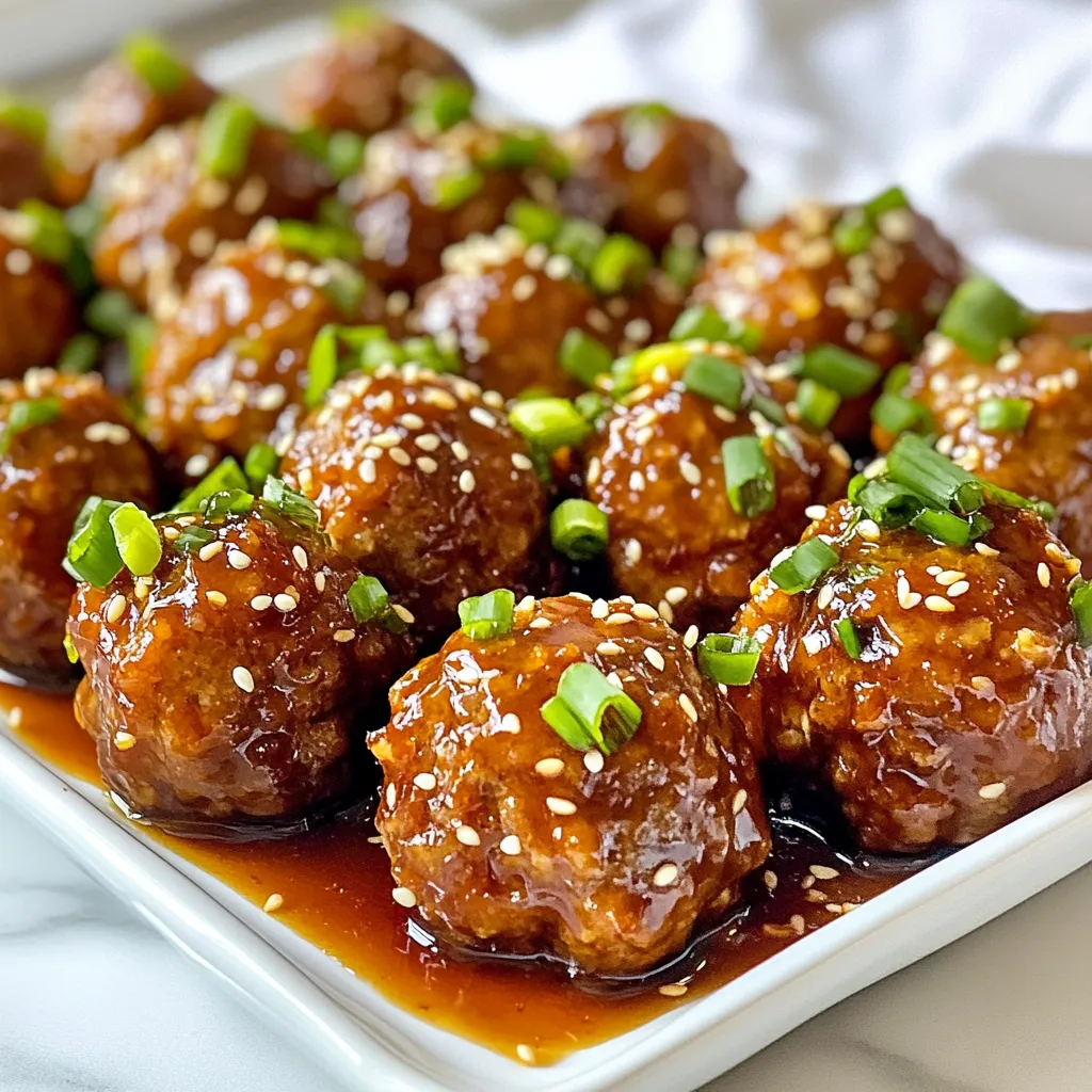 - 1 lb ground chicken (or beef) - 1/2 cup breadcrumbs - 1/4 cup grated Parmesan cheese - 1 large egg - 3 cloves garlic, minced - 1 teaspoon ginger, minced - 1 tablespoon soy sauce - 1 teaspoon red pepper flakes (adjust for spice level) - Salt and pepper to taste - 2 tablespoons olive oil (for frying) For the meatballs, I like to use ground chicken for a lighter dish. Beef also works well if you prefer a richer flavor. The breadcrumbs and Parmesan add great texture and taste. - 1/3 cup honey - 1/4 cup soy sauce - 2 tablespoons rice vinegar - 1 teaspoon sesame oil - 1 teaspoon cornstarch mixed with 2 tablespoons water (to thicken) This sauce is the star of the dish. The honey gives a sweet touch, while the soy sauce adds depth. The rice vinegar adds a tangy kick that balances the sweetness perfectly. - Chopped green onions (for garnish) - Sesame seeds (for garnish) Adding green onions and sesame seeds on top makes the dish pop. They not only add flavor, but also look great on the plate. Feel free to mix in other spices or herbs to suit your taste! {{ingredient_image_1}} To start, grab a large mixing bowl. In this bowl, add: - 1 lb ground chicken (or beef) - 1/2 cup breadcrumbs - 1/4 cup grated Parmesan cheese - 1 large egg - 3 cloves garlic, minced - 1 teaspoon ginger, minced - 1 tablespoon soy sauce - 1 teaspoon red pepper flakes (adjust for spice level) - Salt and pepper to taste Mix everything together until it looks well combined. Make sure the egg and spices mix in well. This step is key for flavor. Now, it’s time to shape the meatballs. Roll the mixture into small balls, about 1 inch wide. Place the meatballs on a baking sheet for easy transfer. Next, heat 2 tablespoons of olive oil in a large skillet over medium heat. Once the oil is hot, add the meatballs in a single layer. This step helps them brown nicely. Cook for about 8-10 minutes until they are golden brown on all sides. They don’t need to be fully cooked yet, as they will finish cooking in the sauce. While the meatballs cook, let’s make the sauce. In a saucepan, mix together: - 1/3 cup honey - 1/4 cup soy sauce - 2 tablespoons rice vinegar - 1 teaspoon sesame oil Set the heat to medium and stir the sauce well. Once it starts to simmer, add 1 teaspoon of cornstarch mixed with 2 tablespoons of water. Stir continuously for about 2-3 minutes until the sauce thickens slightly. Once the meatballs are browned, carefully pour the spicy honey garlic sauce over them in the skillet. Gently stir to coat all the meatballs with the sauce. Let them simmer in the sauce for an extra 5 minutes. This allows the flavors to meld perfectly. After that, remove the skillet from heat and let the meatballs cool slightly before serving. Enjoy the delicious flavors! To make great meatballs, you need the right mix. Use 1 lb of ground chicken or beef. Add 1/2 cup of breadcrumbs and 1/4 cup of grated Parmesan cheese. These ingredients help hold the meatballs together. The egg binds everything well. Mix all these ingredients gently but thoroughly. If you mix too much, the meatballs can turn tough. Roll the mixture into small balls, about 1 inch wide. This size cooks evenly and is easy to eat. If you like spice, add more red pepper flakes. Start with 1 teaspoon for a mild kick. If you want it spicier, go for 2 teaspoons. Always taste the mixture before cooking. You can adjust the spice level easily. If the mix is too spicy, balance it with more breadcrumbs or cheese. Remember, the sauce also adds heat, so keep that in mind. These meatballs shine on a platter. Drizzle them with the spicy honey garlic sauce for a great look. Garnish with chopped green onions and sesame seeds. This adds color and flavor. Serve them as appetizers or with rice for a full meal. You can also add them to a sandwich for a tasty twist. The options are endless! Enjoy your meal. Pro Tips Use Fresh Ingredients: For the best flavor, use fresh garlic and ginger. They will enhance the overall taste of your meatballs and sauce. Adjust Spice Levels: Feel free to modify the amount of red pepper flakes based on your personal heat preference. Start with less and add more if needed. Thicken Your Sauce: If you prefer a thicker sauce, add more cornstarch mixed with water until you reach your desired consistency. Make Ahead: You can prepare the meatballs in advance and freeze them. Just cook them straight from frozen when you're ready to enjoy! {{image_2}} You can switch up the ground chicken for ground beef. Both options make tasty meatballs. If you want a lighter choice, use ground turkey. It works well too. You can also try ground pork for a different flavor. Each meat brings its own taste to the dish. The sauce is key to these meatballs. You can add hoisin sauce for a sweet, rich taste. Sriracha brings heat if you want more spice. If you like a tangy twist, add a bit of lime juice. Feel free to mix and match sauces. Your creativity can make each batch unique. These meatballs are super versatile. Serve them as appetizers at your next party. Just let guests pick them up with toothpicks. You can also serve them over rice or noodles as a main dish. They pair well with a side salad too. For a fun twist, try them in a sub sandwich. Each option offers a new way to enjoy this delicious recipe. To keep your spicy honey garlic meatballs fresh, store them correctly. First, let the meatballs cool down. This step is important to prevent moisture build-up. Place them in an airtight container. You can also use a freezer bag. Just make sure to remove as much air as possible. This keeps them tasty for longer. Reheating meatballs can be tricky. You want to keep them juicy and flavorful. The best way is to use the stove. Heat a skillet over medium heat. Add a little water or broth to the pan. This helps steam the meatballs. Place the meatballs in the skillet and cover it. Heat for about 5-7 minutes, turning them halfway through. You can also microwave them, but add a splash of water and cover them with a wet paper towel. This helps maintain moisture. Freezing meatballs is a smart option. It saves time and effort for future meals. To freeze, first, arrange the cooked meatballs on a baking sheet in a single layer. Place this sheet in the freezer for about an hour. This step prevents them from sticking together. Once frozen, transfer the meatballs to a freezer bag. Label the bag with the date. They can stay frozen for about three months. When you’re ready to use them, thaw in the fridge overnight before reheating. Yes, you can use different meats for meatballs. Ground beef works well too. You can also use turkey or pork. Each meat gives a unique taste. Just ensure it is finely ground. Adjust cooking time based on the meat you choose. For example, beef may take longer than chicken. You can store the meatballs in the fridge for up to four days. Place them in a tight container. Make sure they cool completely before sealing. If you want to keep them longer, freeze them. Frozen meatballs can last up to three months. Just thaw and reheat before serving. These meatballs go great with many sides. Rice or quinoa works well for a hearty meal. You can also serve them with steamed veggies. A fresh salad adds a nice crunch. For a fun twist, try them in a wrap or on a sub. Yes, you can make the sauce ahead of time. Store it in the fridge for up to a week. Just reheat it on the stove before using. If you want to save time, make a double batch! You can use it for other dishes too. You now know how to make flavorful meatballs and a tasty sauce. With the right ingredients and clear steps, you can cook a dish everyone will enjoy. Remember, adjusting the spice or trying new ingredients can make your meal unique. Store leftovers properly and reheat for a great second meal. Explore the variations for fun new tastes. Try these tips and enjoy the experience of cooking!