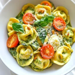To make this creamy pesto tortellini, gather these key ingredients: - 12 oz cheese tortellini (fresh or frozen) - 1 cup basil pesto (store-bought or homemade) - 1 cup heavy cream - 1/2 cup grated Parmesan cheese - 1 cup cherry tomatoes, halved - 2 cups baby spinach - 2 tablespoons olive oil - 2 cloves garlic, minced - Salt and pepper to taste - Pine nuts for garnish (optional) Each ingredient plays a big role in creating that rich flavor. The tortellini gives a nice, cheesy bite. The pesto adds a fresh, herbaceous taste, while the heavy cream makes everything creamy. Using high-quality ingredients makes a huge difference. Fresh tortellini tastes best. Look for brands that use natural ingredients. If you make your own pesto, the flavor will stand out even more. Use ripe cherry tomatoes for sweetness. Freshly grated Parmesan cheese melts better and gives a richer flavor. You can easily adapt this dish. For a dairy-free option, use coconut cream instead of heavy cream. Try nutritional yeast in place of Parmesan for a cheesy flavor. If you want a vegetarian version, skip the cheese tortellini and use a veggie-filled option. You can also make your own tortellini with spinach or mushroom filling for extra flavor. {{ingredient_image_1}} Start by boiling water in a large pot. Add salt to the water for flavor. Once it bubbles, add 12 oz of cheese tortellini. Cook it according to the package instructions until it is al dente. This usually takes 3-5 minutes for fresh tortellini and a bit longer for frozen. Drain the tortellini and set it aside for later. In the same pot, pour in 2 tablespoons of olive oil over medium heat. Once hot, add 2 cloves of minced garlic. Sauté for about 1 minute. You want to smell that rich garlic aroma! Next, toss in 2 cups of baby spinach. Stir it well until the spinach wilts, which should take about 2 minutes. Then, add 1 cup of halved cherry tomatoes. Cook for another 2-3 minutes until they soften. Lower the heat and add 1 cup of basil pesto to the pot. Next, pour in 1 cup of heavy cream. Stir everything together until it blends well. Let it cook for 3-5 minutes until the sauce heats through. If it feels too thick, add a splash of pasta water to lighten it up. Finally, mix in the cooked tortellini and season with 1/2 cup of grated Parmesan cheese, salt, and pepper. Stir gently until everything is coated in the creamy sauce. Serve hot and enjoy! To make a tasty pesto sauce, use fresh basil. Fresh basil gives a bright flavor. If you use store-bought pesto, check for quality. Look for brands with simple ingredients. Homemade pesto is easy to make, too. Blend fresh basil, garlic, olive oil, nuts, and cheese. Add salt to taste. This mix will give your sauce a rich taste. Cook the tortellini in salted water. This step adds flavor to the pasta. Follow the package instructions for cooking time. For best results, aim for al dente. This means the pasta should be firm but cooked. Drain the tortellini but save some pasta water. This water helps adjust the sauce later if needed. Serve your creamy pesto tortellini with fresh cherry tomatoes. Their sweetness balances the dish. You can also add toasted pine nuts for crunch. For a side, pair it with a simple salad. A mix of greens with lemon vinaigrette works well. This adds freshness to your meal. Enjoy your tasty dish with a sprinkle of extra Parmesan. Pro Tips Use Fresh Ingredients: Fresh basil pesto and seasonal cherry tomatoes can elevate the flavor of your dish significantly. Adjust Creaminess: If you prefer a lighter sauce, consider using half-and-half instead of heavy cream or add some reserved pasta water. Perfectly Cooked Spinach: Add the spinach at the end of cooking to retain its vibrant color and nutritional value. Garnishing Tips: Toast the pine nuts before garnishing for added crunch and a nutty flavor that complements the dish beautifully. {{image_2}} You can boost the protein in creamy pesto tortellini easily. Consider adding grilled chicken, shrimp, or sautéed mushrooms. These options add flavor and make the dish more filling. For chicken, cook it separately and slice it before mixing it in. For shrimp, sauté them until pink, then toss them in. If you prefer mushrooms, use cremini or button mushrooms. Sauté them with the garlic for added taste. To brighten up the dish, add lemon juice or zest. This adds a fresh pop that balances the creamy sauce. You can also mix in fresh herbs, like parsley or basil. Just chop them finely and stir them in before serving. This gives each bite a burst of flavor. Try crushed red pepper flakes if you like a bit of heat. They add a nice kick without overwhelming the dish. You can easily make creamy pesto tortellini dairy-free or vegan. Use a plant-based cream, like cashew cream or coconut cream. For cheese, try nutritional yeast or a store-bought vegan cheese. Look for tortellini made with spinach or chickpea flour to keep it plant-based. These swaps keep the flavors vibrant while meeting dietary needs. Enjoy a creamy dish without dairy and still satisfy your cravings! To keep your creamy pesto tortellini fresh, store it in an airtight container. Let it cool before sealing. Place it in the fridge if you plan to eat it within three days. Keep any leftovers away from strong-smelling foods to avoid flavor changes. When you are ready to enjoy your leftovers, reheat them gently. Use a pot over low heat. Add a splash of water or cream to keep it moist. Stir often until it warms up. You can also use the microwave; just cover it to avoid splatter. If you want to freeze your creamy pesto tortellini, first cool it completely. Portion it into freezer-safe bags or containers. Remove as much air as possible to prevent freezer burn. It lasts up to three months. When ready to eat, thaw it in the fridge overnight and reheat as needed. Yes, you can use store-bought pesto. It saves time and still tastes great. If you want, you can make homemade pesto for a fresher flavor. Just blend basil, garlic, nuts, olive oil, and cheese. Check the package for cooking times. Tortellini should be al dente, which means it is firm but not hard. It should have a slight bite when you chew it. You can use half-and-half or whole milk as a lighter option. For a dairy-free choice, try coconut milk or cashew cream. These can still give your sauce a creamy feel. Store your creamy pesto tortellini in an airtight container. It will last about 3 to 5 days. Be sure to reheat it well before eating to enjoy its best flavor. Yes, you can make this dish ahead of time. Cook the tortellini and sauce, then cool them. Store them separately in the fridge. When you’re ready to eat, just combine and reheat! Creamy pesto tortellini is a treat that you can easily make at home. We talked about key ingredients for flavor and texture, including some alternatives for special diets. Step-by-step, you learned how to cook tortellini and make the sauce. Tips for enhancing taste and perfecting the dish ensure it's just right. Finally, I showed you how to store leftovers and reheat them well. With these steps, enjoy a creamy dish that you'll love sharing with others.