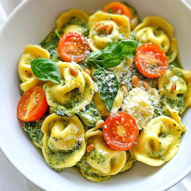 To make this creamy pesto tortellini, gather these key ingredients: - 12 oz cheese tortellini (fresh or frozen) - 1 cup basil pesto (store-bought or homemade) - 1 cup heavy cream - 1/2 cup grated Parmesan cheese - 1 cup cherry tomatoes, halved - 2 cups baby spinach - 2 tablespoons olive oil - 2 cloves garlic, minced - Salt and pepper to taste - Pine nuts for garnish (optional) Each ingredient plays a big role in creating that rich flavor. The tortellini gives a nice, cheesy bite. The pesto adds a fresh, herbaceous taste, while the heavy cream makes everything creamy. Using high-quality ingredients makes a huge difference. Fresh tortellini tastes best. Look for brands that use natural ingredients. If you make your own pesto, the flavor will stand out even more. Use ripe cherry tomatoes for sweetness. Freshly grated Parmesan cheese melts better and gives a richer flavor. You can easily adapt this dish. For a dairy-free option, use coconut cream instead of heavy cream. Try nutritional yeast in place of Parmesan for a cheesy flavor. If you want a vegetarian version, skip the cheese tortellini and use a veggie-filled option. You can also make your own tortellini with spinach or mushroom filling for extra flavor. {{ingredient_image_1}} Start by boiling water in a large pot. Add salt to the water for flavor. Once it bubbles, add 12 oz of cheese tortellini. Cook it according to the package instructions until it is al dente. This usually takes 3-5 minutes for fresh tortellini and a bit longer for frozen. Drain the tortellini and set it aside for later. In the same pot, pour in 2 tablespoons of olive oil over medium heat. Once hot, add 2 cloves of minced garlic. Sauté for about 1 minute. You want to smell that rich garlic aroma! Next, toss in 2 cups of baby spinach. Stir it well until the spinach wilts, which should take about 2 minutes. Then, add 1 cup of halved cherry tomatoes. Cook for another 2-3 minutes until they soften. Lower the heat and add 1 cup of basil pesto to the pot. Next, pour in 1 cup of heavy cream. Stir everything together until it blends well. Let it cook for 3-5 minutes until the sauce heats through. If it feels too thick, add a splash of pasta water to lighten it up. Finally, mix in the cooked tortellini and season with 1/2 cup of grated Parmesan cheese, salt, and pepper. Stir gently until everything is coated in the creamy sauce. Serve hot and enjoy! To make a tasty pesto sauce, use fresh basil. Fresh basil gives a bright flavor. If you use store-bought pesto, check for quality. Look for brands with simple ingredients. Homemade pesto is easy to make, too. Blend fresh basil, garlic, olive oil, nuts, and cheese. Add salt to taste. This mix will give your sauce a rich taste. Cook the tortellini in salted water. This step adds flavor to the pasta. Follow the package instructions for cooking time. For best results, aim for al dente. This means the pasta should be firm but cooked. Drain the tortellini but save some pasta water. This water helps adjust the sauce later if needed. Serve your creamy pesto tortellini with fresh cherry tomatoes. Their sweetness balances the dish. You can also add toasted pine nuts for crunch. For a side, pair it with a simple salad. A mix of greens with lemon vinaigrette works well. This adds freshness to your meal. Enjoy your tasty dish with a sprinkle of extra Parmesan. Pro Tips Use Fresh Ingredients: Fresh basil pesto and seasonal cherry tomatoes can elevate the flavor of your dish significantly. Adjust Creaminess: If you prefer a lighter sauce, consider using half-and-half instead of heavy cream or add some reserved pasta water. Perfectly Cooked Spinach: Add the spinach at the end of cooking to retain its vibrant color and nutritional value. Garnishing Tips: Toast the pine nuts before garnishing for added crunch and a nutty flavor that complements the dish beautifully. {{image_2}} You can boost the protein in creamy pesto tortellini easily. Consider adding grilled chicken, shrimp, or sautéed mushrooms. These options add flavor and make the dish more filling. For chicken, cook it separately and slice it before mixing it in. For shrimp, sauté them until pink, then toss them in. If you prefer mushrooms, use cremini or button mushrooms. Sauté them with the garlic for added taste. To brighten up the dish, add lemon juice or zest. This adds a fresh pop that balances the creamy sauce. You can also mix in fresh herbs, like parsley or basil. Just chop them finely and stir them in before serving. This gives each bite a burst of flavor. Try crushed red pepper flakes if you like a bit of heat. They add a nice kick without overwhelming the dish. You can easily make creamy pesto tortellini dairy-free or vegan. Use a plant-based cream, like cashew cream or coconut cream. For cheese, try nutritional yeast or a store-bought vegan cheese. Look for tortellini made with spinach or chickpea flour to keep it plant-based. These swaps keep the flavors vibrant while meeting dietary needs. Enjoy a creamy dish without dairy and still satisfy your cravings! To keep your creamy pesto tortellini fresh, store it in an airtight container. Let it cool before sealing. Place it in the fridge if you plan to eat it within three days. Keep any leftovers away from strong-smelling foods to avoid flavor changes. When you are ready to enjoy your leftovers, reheat them gently. Use a pot over low heat. Add a splash of water or cream to keep it moist. Stir often until it warms up. You can also use the microwave; just cover it to avoid splatter. If you want to freeze your creamy pesto tortellini, first cool it completely. Portion it into freezer-safe bags or containers. Remove as much air as possible to prevent freezer burn. It lasts up to three months. When ready to eat, thaw it in the fridge overnight and reheat as needed. Yes, you can use store-bought pesto. It saves time and still tastes great. If you want, you can make homemade pesto for a fresher flavor. Just blend basil, garlic, nuts, olive oil, and cheese. Check the package for cooking times. Tortellini should be al dente, which means it is firm but not hard. It should have a slight bite when you chew it. You can use half-and-half or whole milk as a lighter option. For a dairy-free choice, try coconut milk or cashew cream. These can still give your sauce a creamy feel. Store your creamy pesto tortellini in an airtight container. It will last about 3 to 5 days. Be sure to reheat it well before eating to enjoy its best flavor. Yes, you can make this dish ahead of time. Cook the tortellini and sauce, then cool them. Store them separately in the fridge. When you’re ready to eat, just combine and reheat! Creamy pesto tortellini is a treat that you can easily make at home. We talked about key ingredients for flavor and texture, including some alternatives for special diets. Step-by-step, you learned how to cook tortellini and make the sauce. Tips for enhancing taste and perfecting the dish ensure it's just right. Finally, I showed you how to store leftovers and reheat them well. With these steps, enjoy a creamy dish that you'll love sharing with others.