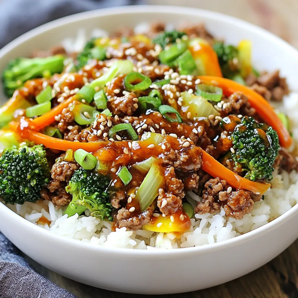 - 1 lb ground beef - 2 tablespoons soy sauce - 1 tablespoon gochujang (Korean chili paste) - 1 tablespoon sesame oil - 1 cup broccoli florets - 1 cup carrots, julienned - 2 green onions, chopped - Sesame seeds for garnish - 3 cloves garlic, minced - 1 inch ginger, grated - 1 tablespoon brown sugar Gathering the right ingredients is key. You want fresh ground beef for a rich taste. Soy sauce adds umami and saltiness, while gochujang gives a spicy kick. Sesame oil brings a nutty flavor that ties it all together. For the veggies, I love using broccoli and carrots. They add color and crunch. Green onions give a fresh finish, while sesame seeds add a touch of flair. Don’t forget the seasonings! Garlic and ginger create a fragrant base. Brown sugar balances the heat and adds depth. With these ingredients, you're on your way to a delicious meal! {{ingredient_image_1}} - First, prepare the vegetables. Chop broccoli into small florets. Julienne the carrots into thin strips. - Next, measure out all ingredients. You will need ground beef, soy sauce, gochujang, sesame oil, garlic, ginger, and brown sugar. - Heat a large skillet over medium heat. Add sesame oil and let it get hot. - Once hot, add minced garlic and grated ginger. Sauté for about one minute until fragrant. - Now, add the ground beef to the skillet. Cook it for about five to seven minutes. Brown it well and crumble it as it cooks. Drain any extra fat from the skillet. - Stir in the soy sauce, gochujang, and brown sugar. Mix all ingredients well. Let it simmer for two to three minutes. This helps the flavors blend. - Push the beef mixture to one side of the skillet. Add broccoli and carrots to the other side. Stir to combine them. Cover and cook for five more minutes until the veggies are tender. - Remove the skillet from heat. Stir in chopped green onions for fresh flavor. - To serve, place a scoop of cooked jasmine rice in a bowl. Top it with the spicy beef and veggie mixture. - Finish with a sprinkle of sesame seeds for a nice touch. Enjoy your meal! To get the best flavor in your Spicy Korean Beef Bowls, use fresh ingredients. Fresh garlic and ginger add great taste. Always brown the beef well to enhance its flavor. When you add the beef, let it sit for a minute before stirring. This helps develop a nice crust. Drain any extra fat after browning. It keeps your dish from getting greasy. Pair these bowls with a side of kimchi for extra flavor. Kimchi adds a spicy kick that fits well with the beef. You can also serve it with pickled vegetables for a refreshing crunch. For rice, jasmine rice works best. Its fluffy texture soaks up the sauce nicely. You can also try brown rice for a healthier option. If you want more heat, add more gochujang. You can also use red pepper flakes for a different spice. If you prefer less spice, use less gochujang. For dietary needs, substitute ground beef with ground turkey or tofu. Both options will still taste great. Adjust the soy sauce for a gluten-free version. Use tamari instead. Pro Tips Use Fresh Ingredients: Fresh garlic and ginger will enhance the flavor profile of the dish, making it more aromatic and delicious. Control the Spice Level: Adjust the amount of gochujang according to your spice tolerance. Start with less if you’re unsure and add more to taste. Veggie Variations: Feel free to substitute or add other vegetables like bell peppers or snap peas for added color and nutrition. Meal Prep Friendly: This dish stores well in the refrigerator for up to three days, making it a great option for meal prepping! {{image_2}} You can switch out the ground beef for ground turkey or chicken. These meats are leaner but still tasty. They will soak up the sauce well. For a vegetarian option, try using tofu. Just press and cube it, then sauté until golden. Tofu adds a nice texture and takes on flavors beautifully. Feel free to explore different sauces to enhance the flavor. You could use teriyaki sauce for a sweet twist or sriracha for more heat. Adding extra spices and herbs can also change the taste. Try out sesame seeds or crushed red pepper for a little kick. Fresh herbs like cilantro or basil can add a lovely freshness too. You can add more veggies for color and nutrition. Bell peppers, snap peas, or zucchini work great. You can also use seasonal produce like asparagus in spring or squash in fall. Just chop them and toss them in with the beef for a tasty mix. It’s a fun way to use what you have on hand. To store leftovers, let the Spicy Korean Beef Bowls cool down. Place them in an airtight container. You can keep them in the fridge for up to 4 days. When you are ready to eat, reheat in a skillet over medium heat. Stir frequently until heated through. You can also use the microwave. Heat it in short bursts, stirring in between, until warm. If you want to freeze the beef mixture, first let it cool completely. Portion it into freezer-safe bags or containers. Squeeze out excess air to prevent freezer burn. This dish can be frozen for about 3 months. To reheat frozen servings, thaw overnight in the fridge. Then, heat in a skillet or microwave as mentioned earlier. You can store Spicy Korean Beef Bowls in the fridge for up to 4 days. In the freezer, it lasts about 3 months. Check for signs of spoilage before eating. Bad meat smells sour or off. If the color changes, it’s best to discard it. Always trust your senses to keep your meals safe and tasty. Yes, you can make Spicy Korean Beef Bowls ahead of time. Just prepare the beef and vegetable mixture. Store it in the fridge for up to three days. When ready to eat, reheat it on the stove or microwave. Freshly cooked jasmine rice takes only minutes to make. Spicy Korean Beef Bowls pair well with many sides. Here are a few ideas: - Steamed dumplings - Kimchi - Cucumber salad - Pickled radishes - Roasted Brussels sprouts These sides add great flavor and balance to your meal. Gochujang adds a unique flavor to the dish. It gives the beef a spicy and slightly sweet taste. If you don’t have gochujang, you can use other chili pastes. However, the taste will change. Try to find gochujang for an authentic flavor. This dish has a good amount of spice. Gochujang gives it heat but also flavor. If you want less spice, use less gochujang. You can also add more brown sugar to balance the heat. Adjust to your taste for the best experience. Yes, you can make Spicy Korean Beef Bowls gluten-free. Use gluten-free soy sauce instead of regular soy sauce. Check the labels on all your ingredients. This way, you can enjoy this dish while sticking to your dietary needs. This blog post shared a quick and tasty recipe for Spicy Korean Beef Bowls. You learned about the main ingredients, cooking steps, and tips for flavor. Remember to adjust spices and try different veggies for variety. These bowls are not just easy to make; they can fit your taste and dietary needs. By storing leftovers properly, you can enjoy this dish even longer. I hope you feel inspired to cook a great meal that you and your loved ones will enjoy!