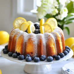 - 1 cup unsalted butter, softened - 2 cups granulated sugar - 4 large eggs - 1 tablespoon lemon zest - 2 tablespoons fresh lemon juice - 1 teaspoon vanilla extract - 3 cups all-purpose flour - 1 teaspoon baking powder - ½ teaspoon baking soda - ½ teaspoon salt - 1 cup buttermilk - 2 cups fresh blueberries - 1 tablespoon cornstarch To create this delightful lemon blueberry pound cake, you need fresh and high-quality ingredients. Butter adds richness and moisture to the cake, making it soft and tender. Choose unsalted butter for better control over the saltiness. Sugar is key for sweetness and helps with browning. Granulated sugar works best in this recipe. Eggs provide structure and stability to the cake. They also help it rise. Lemon zest brings bright flavor. Use a microplane or grater to get the zest without the bitter pith. Lemon juice adds a tangy taste and balances the sweetness of the cake. Freshly squeezed juice is ideal. Vanilla extract enhances the overall flavor. Always opt for pure vanilla for the best taste. All-purpose flour gives structure to the cake. Make sure to measure accurately for the best results. Baking powder and baking soda are both leavening agents that help the cake rise. They create air pockets, making the cake light. Salt amplifies flavors. A small amount is needed to enhance the taste. Buttermilk keeps the cake moist and tender. It reacts with the baking soda for extra lift. Fresh blueberries add bursts of flavor and color. Toss them with cornstarch to help them stay suspended in the batter. Cornstarch prevents the blueberries from sinking to the bottom. This trick keeps your cake looking beautiful! Gather these ingredients, and you’re ready to make a scrumptious lemon blueberry pound cake! {{ingredient_image_1}} 1. First, preheat your oven to 350°F (175°C). This step is key for a well-baked cake. 2. Next, grease and flour a 10-inch Bundt or loaf pan. This will help your cake come out easily. 3. In a large bowl, cream together the softened butter and sugar. Use a hand mixer or stand mixer. Mix until light and fluffy, about 5 minutes. 4. Now, add the eggs one at a time. Mix well after each egg. Then, add the lemon zest, lemon juice, and vanilla extract. Blend until combined. 1. In another bowl, whisk together the flour, baking powder, baking soda, and salt. This mix is crucial for the cake’s rise. 1. Gradually add the dry ingredients to the wet mixture. Alternate with the buttermilk. Start and end with the flour mix. 2. Mix until just combined; do not overmix. Overmixing can make your cake tough. 3. In a small bowl, toss the blueberries with cornstarch. This helps keep them from sinking. 4. Gently fold the blueberries into the batter using a spatula. Be careful not to crush them. 5. Pour the batter into the prepared pan. Smooth out the top with a spatula. 6. Bake in the preheated oven for 55-65 minutes. Check with a toothpick; it should come out clean. 7. Allow the cake to cool in the pan for 10 minutes. Then, transfer it to a wire rack to cool completely. To ensure a perfect pound cake texture, start with room temperature ingredients. This helps them blend well, giving you a smooth batter. When you cream the butter and sugar, mix until it's light and fluffy. This step is key for a soft cake. Check for doneness by inserting a toothpick into the center of the cake. If it comes out clean, the cake is done. If it’s wet, bake for a few more minutes. If the top browns too quickly, cover it loosely with foil. This keeps the top from burning while the inside finishes baking. For serving, sprinkle powdered sugar on top for a sweet touch. You can also add fresh blueberries and thin lemon slices for color. This makes the cake look fresh and inviting. To store leftovers, wrap the cake in plastic wrap. Place it in an airtight container for best results. You can also slice the cake before storing. This makes it easier to grab a piece later, keeping it neat and tidy. Pro Tips Use Room Temperature Ingredients: Ensuring that your butter, eggs, and buttermilk are at room temperature will help create a smooth batter and contribute to a lighter texture in your pound cake. Don’t Overmix the Batter: Mixing the batter just until combined helps to keep the cake tender. Overmixing can lead to a dense texture, so be gentle when folding in the dry ingredients and blueberries. Coat Blueberries in Cornstarch: Tossing the blueberries in cornstarch before folding them into the batter helps to prevent them from sinking to the bottom of the cake, ensuring an even distribution throughout. Check for Doneness: Every oven is different, so start checking your cake at the 55-minute mark. A toothpick inserted into the center should come out clean or with a few moist crumbs, indicating it’s ready. {{image_2}} You can switch up the berries in this cake. Try raspberries or blackberries. They add a nice twist. Just remember to use the same amount. If you want a gluten-free option, use a gluten-free flour blend. Many blends work well in cakes. Just make sure it has a good mix of starches and proteins. For a fun twist, add herbs like thyme or mint. These herbs pair well with the lemon. Just chop them finely and mix them in. You can also play with the citrus zest. Use lime or orange zest instead of lemon. This change gives a fresh flavor. Experimenting with these flavors can make your cake unique and exciting! For your Lemon Blueberry Pound Cake, choose the right storage method. This cake stays fresh for a few days at room temperature. Store it in an airtight container. Keep it away from direct sunlight and heat. If you want it to last longer, refrigerate it. - Short-term Storage: At room temperature, the cake stays good for 3-4 days. Wrap it in plastic wrap or store it in a container. - Long-term Storage: In the fridge, it stays fresh for about a week. Just make sure to seal it well. Freezing is a great way to keep your cake for later. Follow these steps to freeze and defrost safely. 1. Cool the Cake: Always let your cake cool completely before freezing. This prevents ice crystals from forming. 2. Wrap It Up: Use plastic wrap to cover the cake tightly. Then, place it in a freezer bag or a container. 3. Label and Date: Write the date on the bag or container. This helps you track how long it has been frozen. When you want to enjoy your cake again, here’s how to defrost it: 1. Remove from Freezer: Take the cake out of the freezer. 2. Thaw in Fridge: Place it in the fridge overnight. This keeps it moist. 3. Serve: Once thawed, it’s ready to slice and serve. Enjoy the fresh taste! Can I use frozen blueberries instead of fresh? Yes, you can use frozen blueberries. They work well in this recipe. Just toss them with cornstarch to help keep them from sinking. Frozen blueberries often have more juice, which can make the cake moist and tasty. How can I reduce the sugar in this recipe? To cut down on sugar, use less granulated sugar. You can start with 1 ½ cups instead of 2 cups. This will still keep the cake sweet. You can also use a sugar substitute, but check the conversion on the label for the best results. What are the best serving suggestions for Lemon Blueberry Pound Cake? Slice it and serve it plain, or add a sprinkle of powdered sugar on top. You could also serve it with whipped cream or vanilla ice cream. Fresh blueberries and lemon slices make great garnishes, too. Enjoy it with tea or coffee for a delightful treat! In this blog post, we explored how to make a delicious Lemon Blueberry Pound Cake. We covered the key ingredients, precise steps for preparation, and helpful tips for perfect results. You learned about tasty variations and how to store this sweet treat effectively. Baking can be fun and rewarding. Enjoy the process and share your creation with loved ones! Try new flavors to keep things exciting. Your kitchen adventure is just beginning.