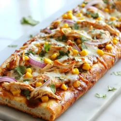 - 1 large French bread loaf - 1 cup cooked chicken, shredded - 1/2 cup BBQ sauce - 1 cup shredded mozzarella cheese - 1/2 cup red onion, thinly sliced - 1/2 cup corn (canned or frozen) To make BBQ chicken French bread pizza, start with a fresh French bread loaf. This bread gives you a crunchy base. Next, you need cooked chicken mixed with BBQ sauce. The sauce adds a sweet and smoky flavor. Add mozzarella cheese on top for a gooey texture. Red onion and corn bring extra taste and color to your pizza. - 1 teaspoon garlic powder - Salt and pepper to taste Garlic powder adds depth to the chicken mix. Don’t forget salt and pepper! These spices boost the flavor of your dish. Use them to suit your taste. - 1/4 cup cilantro, chopped Fresh cilantro is a great finishing touch. It adds a pop of color and a fresh taste. You can sprinkle it over the pizza right before serving. If you like, try other herbs too! {{ingredient_image_1}} - Preheat your oven to 375°F (190°C). - Slice the French bread loaf in half lengthwise and place it on a baking sheet, cut side up. - In a bowl, mix 1 cup of shredded chicken with 1/2 cup of BBQ sauce, 1 teaspoon of garlic powder, salt, and pepper to taste. Stir until well combined. - Spread the BBQ chicken mixture evenly over each half of the French bread. - Sprinkle 1 cup of shredded mozzarella cheese over the chicken. - Add 1/2 cup of thinly sliced red onion and 1/2 cup of corn on top of the cheese. - Bake the assembled pizza in the preheated oven for 15-20 minutes. Look for melted cheese and golden brown edges. - When done, remove it from the oven and let it cool for a few minutes. - Garnish with chopped cilantro before slicing into pieces. Achieving the perfect cheese melt To get that ideal cheese melt, use fresh mozzarella. Fresh cheese melts better than pre-shredded types. Shred the cheese yourself for a creamier texture. Bake until the cheese bubbles and turns golden. This will give you that delicious, stretchy cheese effect. Preventing soggy bread To keep your bread from getting soggy, toast it lightly before adding toppings. A quick bake for 5 minutes at 375°F (190°C) helps. This step creates a barrier. Also, avoid adding too much BBQ sauce. Less sauce means a drier base. Adding spices to the chicken mixture Spice up your chicken with a dash of chili powder or cumin. They add depth and warmth to the BBQ flavor. You might also use smoked paprika. It gives a rich, smoky taste that pairs well with BBQ sauce. Using different cheeses While mozzarella is classic, try mixing it up. Cheddar adds a sharp bite. Pepper jack can bring heat. A blend of cheeses can enhance flavor and texture, giving each bite a new taste. Best sides to complement the pizza Pair your pizza with a fresh salad. A simple green salad with a tangy vinaigrette works well. You might also serve it with corn on the cob or coleslaw. These sides balance the meal and add crunch. Drizzling strategies for extra BBQ sauce Drizzle more BBQ sauce on top right before serving. This adds extra flavor and looks great. Use a squeeze bottle for control. You can also serve extra sauce on the side for dipping. It gives everyone the option to add more as they like. Pro Tips Use Rotisserie Chicken: For a quicker meal, use store-bought rotisserie chicken instead of cooking your own. Customize Your Toppings: Feel free to add your favorite toppings like jalapeños or bell peppers for an extra kick. Watch the Bake Time: Keep an eye on the pizza while it bakes to ensure the cheese doesn’t burn, as oven times may vary. Serve with Dips: Pair your pizza with ranch or blue cheese dressing for a delicious dipping option. {{image_2}} You can switch up the meat in this dish. Instead of chicken, try pulled pork or beef. These options add a rich flavor. They complement the BBQ sauce well. If you want a vegetarian choice, go for black beans or grilled veggies. These can provide a hearty base and great taste. BBQ sauce is key, but feel free to experiment. Try different BBQ sauces for new flavors. Some sauces are sweeter, while others are smoky or tangy. You can even use spicy sauces if you like heat. This adds a fun kick to your pizza. Toppings can really change the game. Adding sliced peppers or jalapeños brings a fresh crunch. They add nice color and spice. Try different cheeses too! Cheddar or pepper jack can give a bold taste. Mixing cheeses can create a unique flavor blend. To keep your BBQ Chicken French Bread Pizza fresh, follow these steps: - Refrigerating: Place any leftover pizza in an airtight container. You can also wrap it tightly in plastic wrap or aluminum foil. This keeps the bread from drying out. Store it in the fridge for up to three days. - Freezing for later: If you want to save pizza for a longer time, freeze it. Wrap each slice in plastic wrap, then place in a freezer bag. Make sure to remove as much air as possible. It can last in the freezer for up to three months. When you're ready to enjoy leftovers, reheating is key. - Methods for reheating pizza: You can use an oven or a toaster oven for best results. Preheat the oven to 350°F (175°C). Place the pizza on a baking sheet and heat for about 10-12 minutes. This method warms it evenly. - Tips for maintaining crispiness: To keep the bread crispy, avoid using a microwave. If you do use a microwave, place a cup of water next to the pizza. This helps to prevent sogginess. Enjoy your reheated pizza just like it was fresh out of the oven! Yes, you can prep this pizza ahead. First, cook the chicken and mix with BBQ sauce. Store this mix in the fridge for up to two days. Slice the French bread and store it separately. When you're ready, spread the chicken mix on the bread. Add cheese and toppings, then bake. This way, you enjoy fresh pizza quickly. I like using a sweet and tangy BBQ sauce. Brands like Sweet Baby Ray's and Stubb's work well. You can also try smoky sauce for a deeper flavor. If you love spice, look for sauces with a kick. Don’t be afraid to experiment with local brands too! For a gluten-free version, swap the French bread with gluten-free bread. Many stores sell good options now. Check the BBQ sauce label to ensure it's gluten-free. Also, use cheese and toppings that are gluten-free. This way, everyone can enjoy the meal! This blog post offers a fun recipe for BBQ Chicken French Bread Pizza. You learned about key ingredients like French bread, chicken, and cheese. I shared steps for prepping and baking, plus tips for perfect results. You can even try different proteins and sauces. Remember to store leftovers correctly for the best taste later. Try this recipe for a tasty meal that you can customize. Enjoy every bite and make it your own!