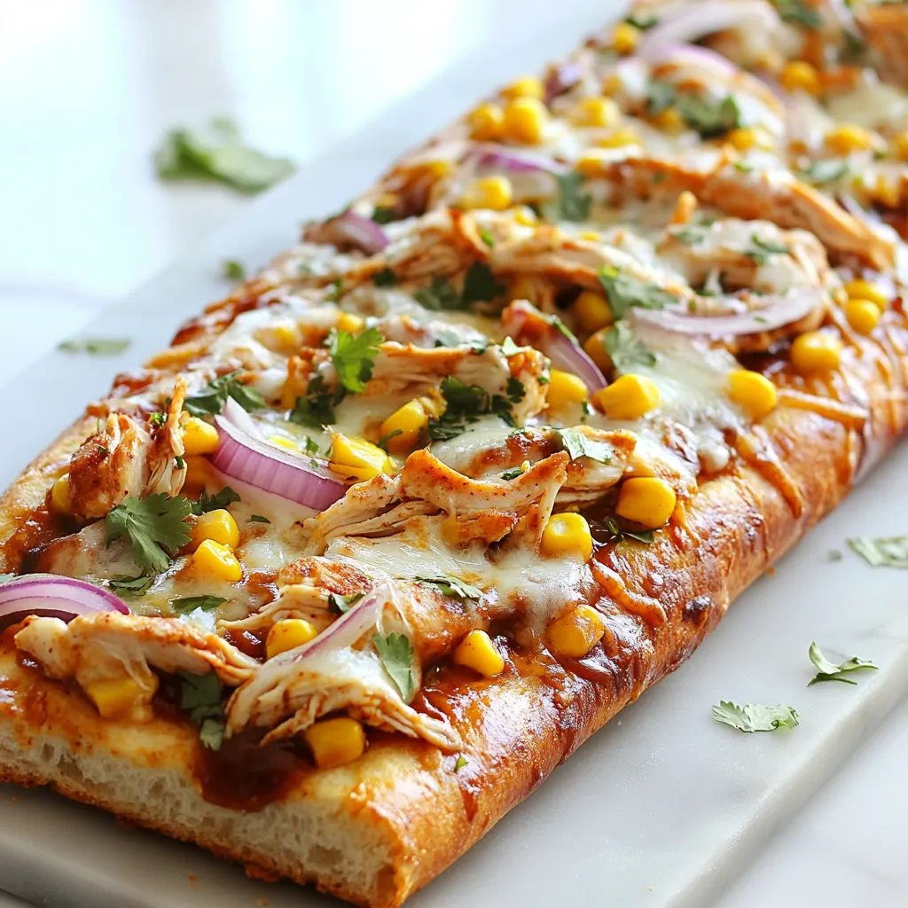 - 1 large French bread loaf - 1 cup cooked chicken, shredded - 1/2 cup BBQ sauce - 1 cup shredded mozzarella cheese - 1/2 cup red onion, thinly sliced - 1/2 cup corn (canned or frozen) To make BBQ chicken French bread pizza, start with a fresh French bread loaf. This bread gives you a crunchy base. Next, you need cooked chicken mixed with BBQ sauce. The sauce adds a sweet and smoky flavor. Add mozzarella cheese on top for a gooey texture. Red onion and corn bring extra taste and color to your pizza. - 1 teaspoon garlic powder - Salt and pepper to taste Garlic powder adds depth to the chicken mix. Don’t forget salt and pepper! These spices boost the flavor of your dish. Use them to suit your taste. - 1/4 cup cilantro, chopped Fresh cilantro is a great finishing touch. It adds a pop of color and a fresh taste. You can sprinkle it over the pizza right before serving. If you like, try other herbs too! {{ingredient_image_1}} - Preheat your oven to 375°F (190°C). - Slice the French bread loaf in half lengthwise and place it on a baking sheet, cut side up. - In a bowl, mix 1 cup of shredded chicken with 1/2 cup of BBQ sauce, 1 teaspoon of garlic powder, salt, and pepper to taste. Stir until well combined. - Spread the BBQ chicken mixture evenly over each half of the French bread. - Sprinkle 1 cup of shredded mozzarella cheese over the chicken. - Add 1/2 cup of thinly sliced red onion and 1/2 cup of corn on top of the cheese. - Bake the assembled pizza in the preheated oven for 15-20 minutes. Look for melted cheese and golden brown edges. - When done, remove it from the oven and let it cool for a few minutes. - Garnish with chopped cilantro before slicing into pieces. Achieving the perfect cheese melt To get that ideal cheese melt, use fresh mozzarella. Fresh cheese melts better than pre-shredded types. Shred the cheese yourself for a creamier texture. Bake until the cheese bubbles and turns golden. This will give you that delicious, stretchy cheese effect. Preventing soggy bread To keep your bread from getting soggy, toast it lightly before adding toppings. A quick bake for 5 minutes at 375°F (190°C) helps. This step creates a barrier. Also, avoid adding too much BBQ sauce. Less sauce means a drier base. Adding spices to the chicken mixture Spice up your chicken with a dash of chili powder or cumin. They add depth and warmth to the BBQ flavor. You might also use smoked paprika. It gives a rich, smoky taste that pairs well with BBQ sauce. Using different cheeses While mozzarella is classic, try mixing it up. Cheddar adds a sharp bite. Pepper jack can bring heat. A blend of cheeses can enhance flavor and texture, giving each bite a new taste. Best sides to complement the pizza Pair your pizza with a fresh salad. A simple green salad with a tangy vinaigrette works well. You might also serve it with corn on the cob or coleslaw. These sides balance the meal and add crunch. Drizzling strategies for extra BBQ sauce Drizzle more BBQ sauce on top right before serving. This adds extra flavor and looks great. Use a squeeze bottle for control. You can also serve extra sauce on the side for dipping. It gives everyone the option to add more as they like. Pro Tips Use Rotisserie Chicken: For a quicker meal, use store-bought rotisserie chicken instead of cooking your own. Customize Your Toppings: Feel free to add your favorite toppings like jalapeños or bell peppers for an extra kick. Watch the Bake Time: Keep an eye on the pizza while it bakes to ensure the cheese doesn’t burn, as oven times may vary. Serve with Dips: Pair your pizza with ranch or blue cheese dressing for a delicious dipping option. {{image_2}} You can switch up the meat in this dish. Instead of chicken, try pulled pork or beef. These options add a rich flavor. They complement the BBQ sauce well. If you want a vegetarian choice, go for black beans or grilled veggies. These can provide a hearty base and great taste. BBQ sauce is key, but feel free to experiment. Try different BBQ sauces for new flavors. Some sauces are sweeter, while others are smoky or tangy. You can even use spicy sauces if you like heat. This adds a fun kick to your pizza. Toppings can really change the game. Adding sliced peppers or jalapeños brings a fresh crunch. They add nice color and spice. Try different cheeses too! Cheddar or pepper jack can give a bold taste. Mixing cheeses can create a unique flavor blend. To keep your BBQ Chicken French Bread Pizza fresh, follow these steps: - Refrigerating: Place any leftover pizza in an airtight container. You can also wrap it tightly in plastic wrap or aluminum foil. This keeps the bread from drying out. Store it in the fridge for up to three days. - Freezing for later: If you want to save pizza for a longer time, freeze it. Wrap each slice in plastic wrap, then place in a freezer bag. Make sure to remove as much air as possible. It can last in the freezer for up to three months. When you're ready to enjoy leftovers, reheating is key. - Methods for reheating pizza: You can use an oven or a toaster oven for best results. Preheat the oven to 350°F (175°C). Place the pizza on a baking sheet and heat for about 10-12 minutes. This method warms it evenly. - Tips for maintaining crispiness: To keep the bread crispy, avoid using a microwave. If you do use a microwave, place a cup of water next to the pizza. This helps to prevent sogginess. Enjoy your reheated pizza just like it was fresh out of the oven! Yes, you can prep this pizza ahead. First, cook the chicken and mix with BBQ sauce. Store this mix in the fridge for up to two days. Slice the French bread and store it separately. When you're ready, spread the chicken mix on the bread. Add cheese and toppings, then bake. This way, you enjoy fresh pizza quickly. I like using a sweet and tangy BBQ sauce. Brands like Sweet Baby Ray's and Stubb's work well. You can also try smoky sauce for a deeper flavor. If you love spice, look for sauces with a kick. Don’t be afraid to experiment with local brands too! For a gluten-free version, swap the French bread with gluten-free bread. Many stores sell good options now. Check the BBQ sauce label to ensure it's gluten-free. Also, use cheese and toppings that are gluten-free. This way, everyone can enjoy the meal! This blog post offers a fun recipe for BBQ Chicken French Bread Pizza. You learned about key ingredients like French bread, chicken, and cheese. I shared steps for prepping and baking, plus tips for perfect results. You can even try different proteins and sauces. Remember to store leftovers correctly for the best taste later. Try this recipe for a tasty meal that you can customize. Enjoy every bite and make it your own!