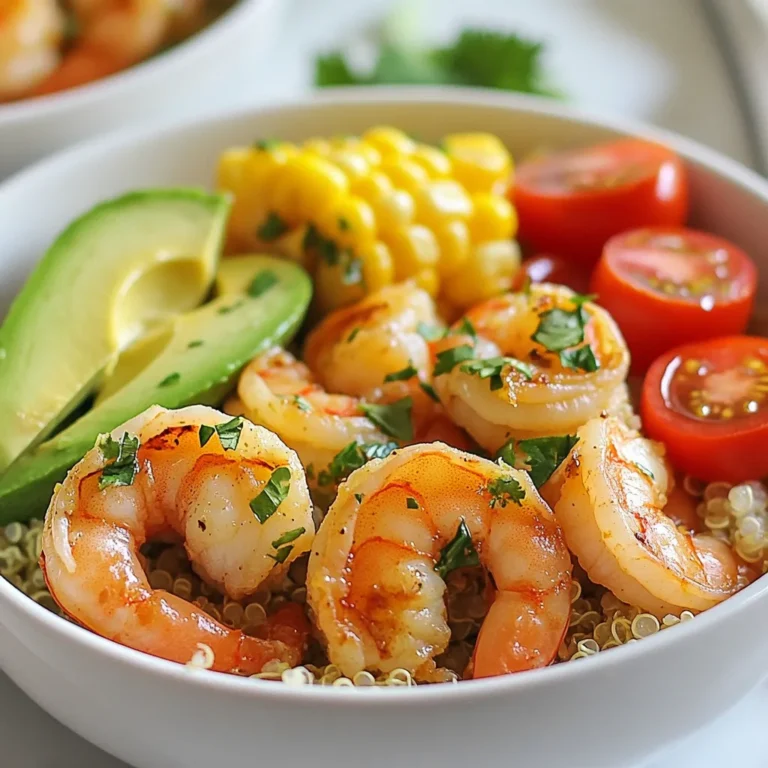 For making Cilantro Lime Shrimp Bowls, you need fresh and simple ingredients. Here’s what I use: - 1 lb large shrimp, peeled and deveined - 1 cup quinoa, rinsed - 2 cups vegetable broth or water - 1 cup corn, canned or frozen - 1 cup cherry tomatoes, halved - 1 avocado, sliced - 1/2 cup fresh cilantro, chopped Seasonings bring this dish to life. The key flavors come from: - 2 tablespoons olive oil - 3 cloves garlic, minced - Juice and zest of 2 limes - 1 teaspoon ground cumin - 1 teaspoon chili powder - Salt and pepper to taste Marinating the shrimp in these ingredients adds depth and zest. The garlic pairs well with lime. It makes the shrimp shine. Adding toppings can enhance flavor and texture. Some great options include: - Sliced jalapeños for heat - Lime wedges for extra zesty flavor - Radish for crunch These toppings add a fresh twist. Feel free to mix and match based on your tastes! {{ingredient_image_1}} Start by gathering a large bowl. Add the shrimp, olive oil, minced garlic, lime juice, lime zest, ground cumin, chili powder, salt, and pepper. Toss everything together until the shrimp are well-coated. Let them sit for 10 to 15 minutes. This step adds great flavor to the shrimp. While the shrimp marinates, it's time to cook the quinoa. Grab a medium saucepan and pour in the vegetable broth or water. Bring it to a boil. Next, add the rinsed quinoa. Cover the pan and lower the heat. Let it simmer for about 15 minutes. Check to see if all the liquid is absorbed. The quinoa should be fluffy and ready to use. Heat a large skillet over medium-high heat. Once it's hot, add the marinated shrimp. Cook them for 2 to 3 minutes on each side. You will know they are done when the shrimp turn pink and opaque. Remove them from the heat to keep them juicy. Grab a large serving bowl and layer the quinoa as the base. Top it with the cooked shrimp, corn, halved cherry tomatoes, sliced avocado, and chopped cilantro. Drizzle some extra lime juice over the top. Add salt and pepper if needed. For a fun twist, you can garnish with sliced jalapeños, lime wedges, or radish. Each bite offers a burst of flavor! To make shrimp just right, you need to watch the cooking time. Cook them for 2-3 minutes on each side. When they turn pink and opaque, they are done. Overcooking makes them tough. Remember, they cook fast, so stay close. Taste is personal. If you like more heat, add extra chili powder or sliced jalapeños. For a zesty kick, squeeze more lime juice over the shrimp. If you prefer milder flavors, skip the chili powder. Always taste as you go to find your perfect mix. Meal prep makes cooking easy. You can marinate the shrimp up to 24 hours ahead. This lets the flavors soak in. Cook the quinoa in advance and store it in the fridge. When it’s time to eat, reheat the quinoa and quickly cook the shrimp. It’s a fast meal that feels fresh. Pro Tips Marinate for Maximum Flavor: Allowing the shrimp to marinate for at least 15 minutes helps to infuse the flavors deeply, making each bite more delicious. Perfectly Cooked Quinoa: To achieve fluffy quinoa, make sure to rinse it thoroughly before cooking to remove any bitterness from the saponins. Customize Your Toppings: Feel free to add other fresh toppings like diced red onion, cucumber, or even a dollop of Greek yogurt for extra creaminess. Keep it Fresh: Use fresh lime juice and zest for the best flavor; bottled lime juice can be too acidic and lacks the bright flavor of fresh limes. {{image_2}} You can easily swap shrimp for other proteins. Chicken breast is a great choice. Simply marinate it like you do the shrimp. Cook it until it reaches 165°F for safety. Tofu is another option that works well. Use firm tofu for the best texture. Marinade it the same way and then sauté until golden. Also, fish like salmon or tilapia can shine in these bowls. Cook fish for about 3-4 minutes per side. To make this dish vegetarian or vegan, skip the shrimp. You can use chickpeas instead. They add protein and pair well with the same spices. Just drain and rinse canned chickpeas, then sauté them with the marinade. Another option is to use grilled vegetables, like zucchini and bell peppers. These bring flavor and texture. You can also add black beans for extra protein. Changing spices can make your shrimp bowls unique. For a kick, try adding smoked paprika. It gives a nice, smoky flavor. You can also add curry powder for a warm taste. Mixing in fresh herbs like basil or dill can bring freshness. If you want more heat, add cayenne pepper. Just a pinch can go a long way. Don't hesitate to experiment with your favorite spices! To keep your cilantro lime shrimp bowls fresh, store leftovers in an airtight container. Allow the dish to cool down before sealing. Place the container in the fridge. The shrimp bowls will stay fresh for 2-3 days. If you notice any off smells or changes in texture, discard them. When reheating, keep it simple. Use a microwave-safe plate. Cover the bowl with a damp paper towel to keep it moist. Heat in short bursts of 30 seconds. Stir in between to avoid hot spots. Check for a uniform temperature before serving. Enjoy them warm but not overcooked. If you want to freeze the shrimp bowls, it’s best to do so without toppings. Freeze the shrimp and quinoa separately for the best results. Use freezer-safe bags or containers. Remove as much air as possible to prevent freezer burn. They can last up to 2 months in the freezer. When ready to eat, thaw in the fridge overnight, then reheat as mentioned before. Yes, you can use frozen shrimp. Just make sure to thaw it first. Place the shrimp in the fridge overnight or run it under cold water. Pat the shrimp dry before marinating. This helps the flavors stick better. If you want a substitute for quinoa, try brown rice or couscous. Both cook easily and have a nice texture. You can also use farro or bulgur if you like. Each option brings a different taste and feel to the dish. To keep this dish gluten-free, check your broth. Use vegetable broth labeled gluten-free. Quinoa is naturally gluten-free, so you’re good there. Avoid any sauces or toppings that may contain gluten. Great side dishes include a fresh salad or grilled veggies. You can also serve tortilla chips with salsa. For a light option, try a fruit salad or guacamole. These sides complement the shrimp bowls well. This post outlined how to make tasty cilantro lime shrimp bowls. You learned about the main ingredients, seasonings, and optional toppings. I provided clear steps to marinate, cook, and assemble your dish. Remember the tips for perfect shrimp and easy meal prep. Variations, like using different proteins or spices, keep it fresh and fun. Finally, I shared storage tips to help you enjoy leftovers. With these insights, you can create a delicious meal that suits your taste any day!