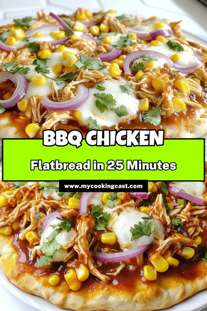 Elevate your dinner game with this delicious BBQ Chicken Flatbread recipe! Perfectly crispy flatbreads topped with shredded chicken, rich BBQ sauce, gooey mozzarella, and fresh veggies make for a quick meal anyone will love. Ready in just 25 minutes, it's perfect for busy nights or casual gatherings. Click through for the full recipe and impress your family and friends tonight! #BBQChicken #FlatbreadRecipe #QuickMeals #DinnerIdeas