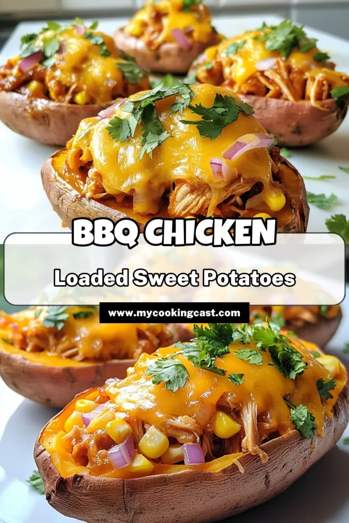 Delight in these BBQ chicken stuffed sweet potatoes, the ultimate comfort food recipe that's both delicious and healthy. This easy BBQ chicken recipe features baked sweet potatoes filled with shredded chicken, BBQ sauce, corn, and cheese. Perfect for a family dinner or meal prep, these healthy stuffed sweet potatoes are sure to impress! Try this simple recipe today and elevate your meals. Save for later! #BBQChickenStuffedSweetPotatoes #HealthyStuffedSweetPotatoes #ComfortFoodRecipes #EasyBBQChickenRecipe