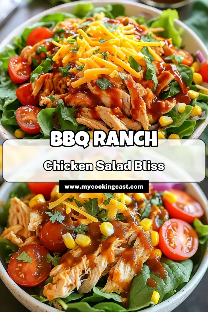 Try this delicious BBQ Ranch Chicken Salad for a healthy twist on your favorite flavors! This easy BBQ salad features tender shredded chicken, mixed greens, and a blend of fresh veggies, topped with zesty ranch dressing. Perfect as a hearty lunch or light dinner, it's a nutritious chicken salad recipe that everyone will love. Save this BBQ Ranch Chicken Salad recipe for your next meal! #HealthySalad #BBQChicken #EasyRecipes #SaladIdeas